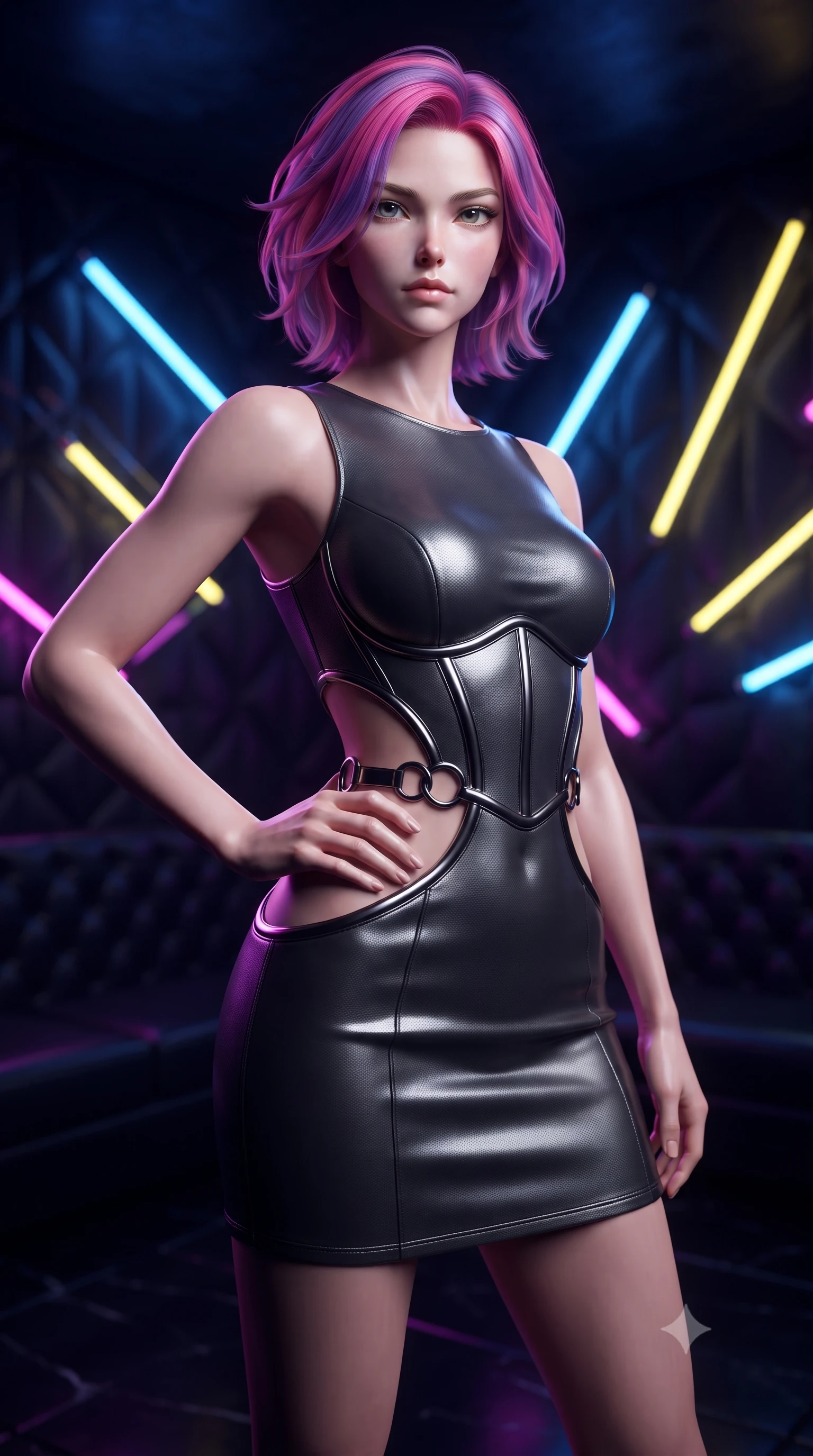 score_9, masterpiece, best quality, ultra-detailed, high-budget anime keyframe, editorial fashion photography, tasteful artistic composition, Caucasian woman. close-up cowboy shot from the waist and thighs up, the character dominates the composition, filling the frame with her large presence, background elements kept in soft focus. Holding a confident power pose with one hand on her hip, navigating a dark leather-walled VIP room filled with floating neon light tubes, high-contrast gloss and matte textures glinting under specular neon lights. She has an exceptionally elegant, slender, and willowy female figure with an ultra-slim waist, a gracefully sculpted slender torso, and a refined silhouette. sharp v-shaped jawline, high-bridge nose, intricate jewel-like eyes with depth, thick eyelashes, glossy lips with a natural sheen. wearing architectural cut-out dark leather mini dress with sculpted metallic boning in dark charcoal gray, made of matte carbon-fiber weave, trimmed with dark chrome ring hardware along the waist contours, highlighting her statuesque proportions and ultra-slim waistline. surrounded by a moody neon glow with sharp edge highlights on dark vinyl. ultra-reflective glossy finish, specular highlights, metallic sheen, high-contrast stereoscopic depth, volumetric dynamic lighting, 2k, ultra detail, master piece, 9:16 ratio