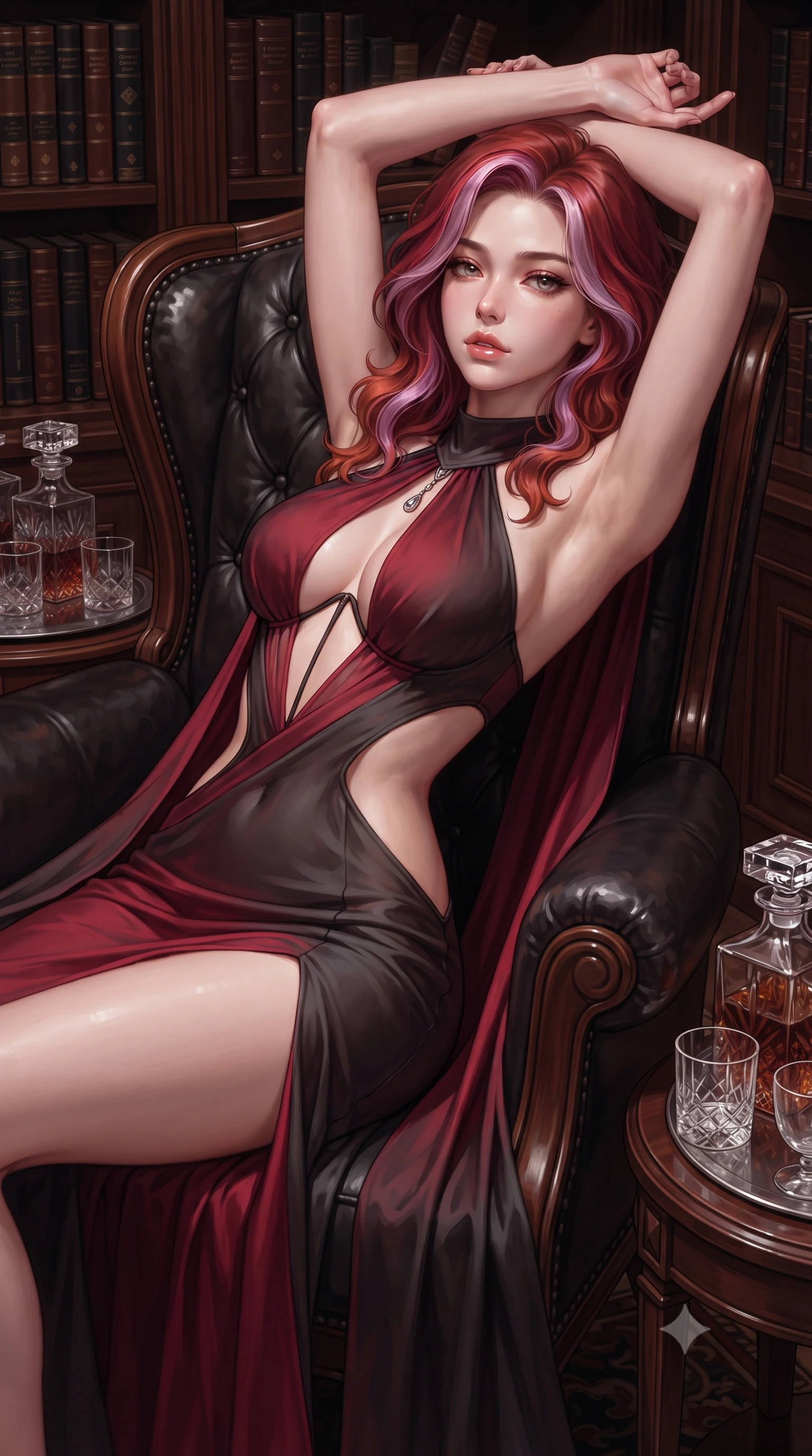 score_9, masterpiece, best quality, ultra-detailed, high-budget anime keyframe, editorial fashion photography, tasteful artistic composition, Caucasian woman. close-up cowboy shot from the waist and thighs up, the character dominates the composition, filling the frame with her large presence. arching her back languidly with arms stretching overhead, highlighting her narrow waist and feminine silhouette in pure supermodel elegance while curling languidly in an oversized tufted leather armchair, gazing directly into the lens with magnetic bedroom-eyes. The surrounding environment is rendered in vivid detail and crisp panoramic clarity. sharp book spine leather textures, polished mahogany wood grain, and crystal glass facets in deep focus. She has an exceptionally elegant, slender, and willowy female figure with an ultra-slim waist, a gracefully sculpted slender torso, toned flat midriff, and a refined slim silhouette. sharp v-shaped jawline, high-bridge nose, intricate jewel-like eyes with depth, thick eyelashes, glossy parted lips with a natural sheen, intensely captivating and seductive expression, flawlessly proportioned anatomical accuracy, strict slender model proportions, natural body alignment, perfectly sculpted long slender limbs, ultra-slim waistline, clean dynamic posture without body distortion. wearing a gothic siren halter-neck dress with dramatic diagonal torso cutouts and a trailing floor-length silk cape in rich ruby red and dark smoky charcoal, made of fluid silk crepe with delicate inner corsetry boning, accented with delicate crystal teardrop pendants at the neckline, the form-contouring material adhering flawlessly to her sculpted flat midriff and slender torso, emphasizing her long leg lines and perfectly proportioned willowy build. surrounded by an opulent, intimate, and irresistibly hypnotic dark romance aura. ultra-reflective glossy finish, specular highlights, rich textural contrasts, high-contrast stereoscopic depth, volumetric dynamic lighting, 2k, ultra detail, master piece, 9:16 ratio