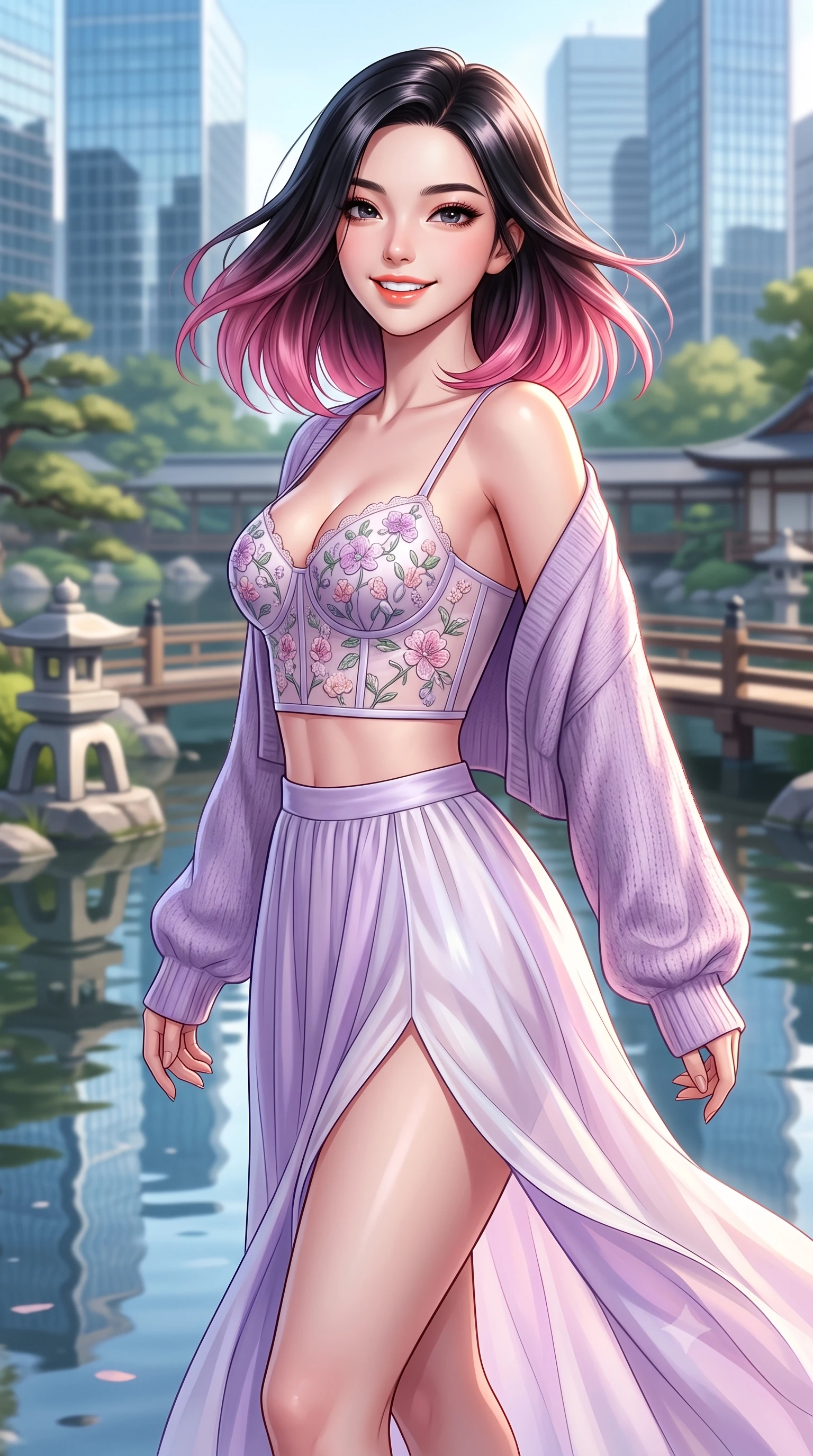 score_9, masterpiece, best quality, ultra-detailed, high-budget anime keyframe, semi-realistic 3D game render, editorial fashion photography, tasteful artistic composition, Korean woman. close-up cowboy shot from the waist and thighs up, the character dominates the composition, filling the frame with her large presence. turning playfully with a bright confident smile, her glossy hair tossing in the breeze as her hips angle gracefully in a captivating contrapposto while twisting her slender torso in an alluring S-curve as modern glass skyscrapers reflect in the serene traditional pond waters below. The composition keeps background elements in soft focus with dreamy creamy bokeh. traditional Japanese stone lanterns and wooden bridges softened in sophisticated Tokyo shallow focus. She has an exceptionally elegant, slender, and willowy female figure with an ultra-slim waist, flat toned midriff, narrow ribcage, and sculpted feminine hips creating an alluring, slim hourglass silhouette without bulk. sharp v-shaped jawline, high-bridge nose, intricate jewel-like sparkling eyes with depth, thick eyelashes, glossy parted lips with a natural peach sheen, bright cheerful beaming smile with an enchanting and coquettish sensual glint, exuding both youthful cute charm and seductive allure, flawlessly proportioned anatomical accuracy, strict slender model proportions, natural body alignment, perfectly sculpted long slender limbs, ultra-slim waistline, clean dynamic posture without body distortion. wearing a delicate floral embroidery bustier top paired with a flowy high-slit chiffon maxi skirt with a side hip opening in delicate lavender violet and pearlescent white, tailored from fine lightweight chiffon that flutters gently in the breeze, complemented by an oversized soft knit cardigan slipping off one bare shoulder, the liquid-tight tailored fabric clinging flawlessly to her narrow waist and rounded feminine hips, emphasizing every millimeter of her sculpted slim hourglass curves without any bulky heaviness. illuminated by calm pond water reflections sharply defining her razor-sharp jawline, narrow waist, and curvy hips. highly saturated vibrant anime colors, detailed shading with soft gradients, rich glossy textures, high-contrast stereoscopic depth, volumetric dynamic lighting, master piece, 9:16 ratio