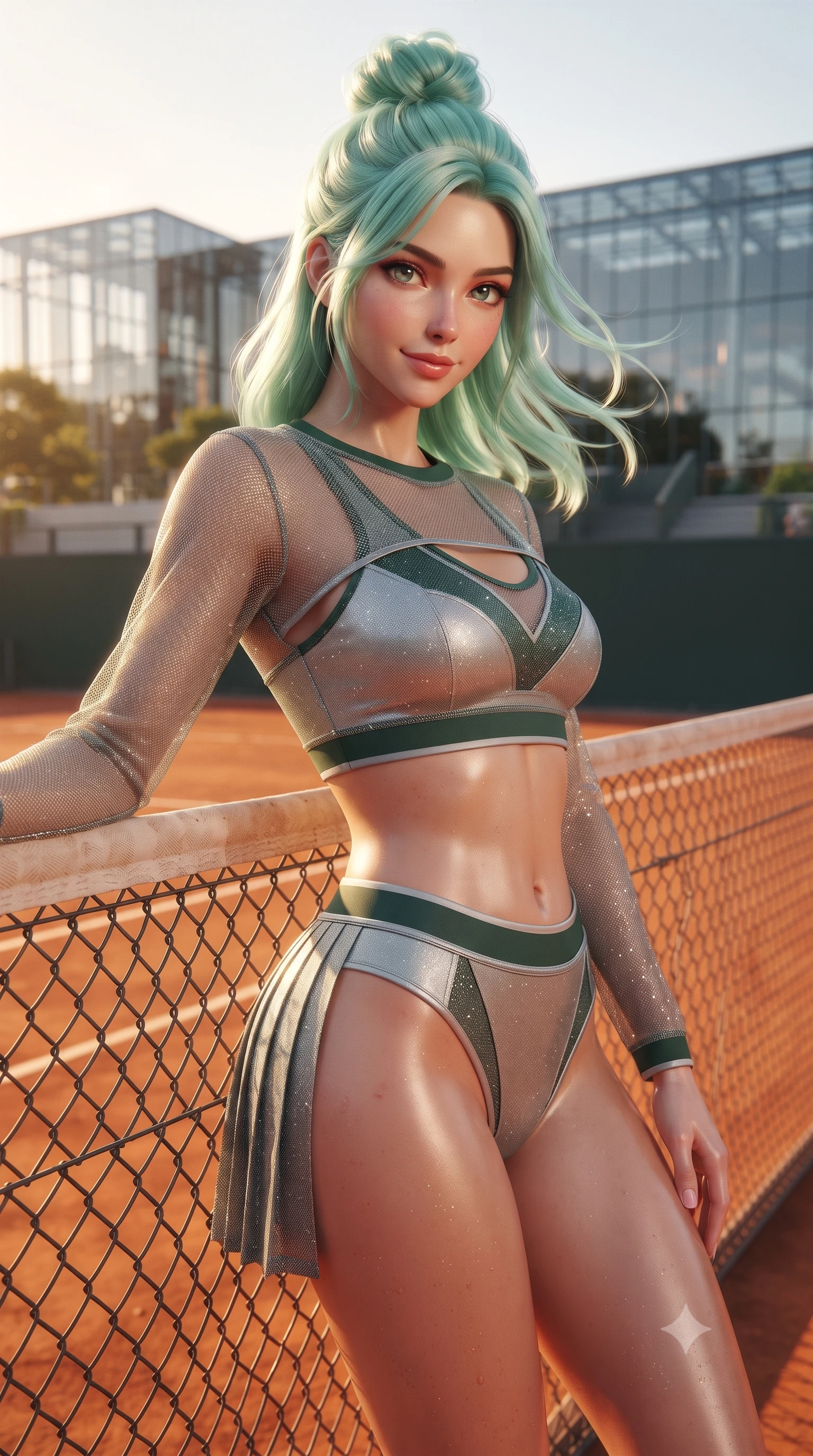 score_9, masterpiece, best quality, ultra-detailed, high-budget anime keyframe, editorial fashion photography, tasteful artistic composition, Japanese woman. close-up cowboy shot from the waist and thighs up, the character dominates the composition, filling the frame with her large presence. turning slowly with a smoldering smile, her glossy hair tossing in the breeze as her hips angle gracefully in a captivating contrapposto while leaning against the clay-dusted court fence with hips cocked back, looking into the lens with an enchanting, confident tennis smile. The surrounding environment is rendered in vivid detail and crisp panoramic clarity: detailed pleated skirt weave, warm clay-court glow on skin, and modern French stadium architecture in high clarity. She has an exceptionally elegant, slender, and willowy female figure with an ultra-slim waist, flat toned midriff, narrow ribcage, and sculpted feminine hips creating an alluring, slim hourglass silhouette without bulk. sharp v-shaped jawline, high-bridge nose, sparkling eyes with athletic focus and depth, thick curled eyelashes, glossy parted lips with a natural coral-peach sheen, bright confident and coquettish smile with alluring bedroom-eyes, exuding both youthful sporty vigor and sovereign high-society glamour, flawlessly proportioned anatomical accuracy, strict slender model proportions, natural body alignment, perfectly sculpted long slender limbs, ultra-slim waistline, clean dynamic posture without body distortion. wearing a sheer athletic mesh long-sleeve crop top layered over an opaque racing bralette and high-cut tennis briefs in alpine silver platinum and forest green, woven from metallic lurex and technical nylon with subtle starlight glints, finished with criss-cross back athletic straps highlighting her graceful shoulder blades, the high-waisted wrap tailoring accentuating her ultra-slim waistline and the enchanting curve of her feminine hips with alluring sporty charm. bathed in glowing late-afternoon Paris golden hour light warming the orange clay surfaces. ultra-reflective glossy finish, specular highlights, rich textural contrasts, high-contrast stereoscopic depth, volumetric dynamic lighting, 2k, ultra detail, master piece, 9:16 ratio
