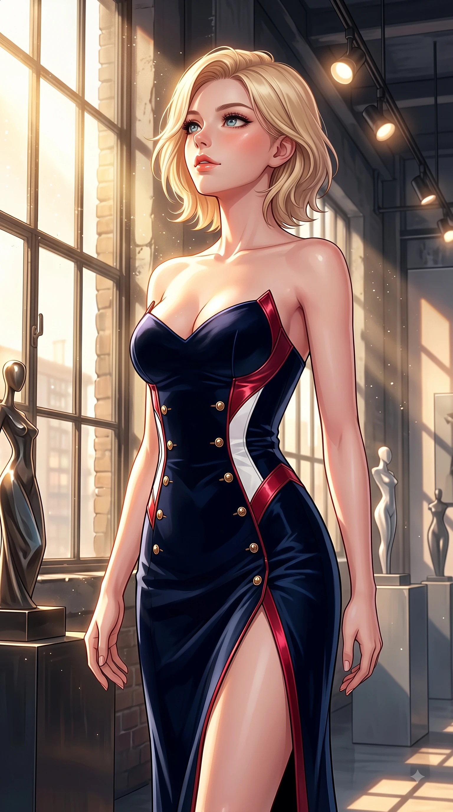 score_9, masterpiece, best quality, ultra-detailed, high-budget anime keyframe, editorial fashion photography, tasteful artistic composition, Caucasian woman. close-up cowboy shot from the waist and thighs up, the character dominates the composition, filling the frame with her large presence. Radiant anticipation in her face, glowing with hopeful curiosity and warm expectant energy while pivoting near a high factory window as volumetric dust motes sparkle in golden sunbeams. The surrounding environment is rendered in vivid detail and crisp panoramic clarity. sleek designer sculptures, industrial window frames, and crisp spotlight reflections in deep focus. She has an exceptionally elegant, slender, and willowy female figure with an ultra-slim waist, a gracefully sculpted slender torso, and a refined silhouette. sharp v-shaped jawline, high-bridge nose, intricate jewel-like eyes with depth, thick eyelashes, glossy lips with a natural sheen, flawlessly proportioned anatomical accuracy, natural body alignment, perfectly sculpted elegant limbs, clean dynamic posture without body distortion. wearing a sleek dark navy velvet bustier gown with a deep slit and metallic accents in vibrant crimson red and crisp snow white, tailored from crisp high-density cotton poplin, finished with gold metallic hardware buttons along the front, the chic fashion cut framing her graceful clavicle and slender torso. illuminated by crisp gallery spotlights and rich mahogany ambient glow. highly saturated vibrant anime colors, detailed shading with soft gradients, rich glossy textures, high-contrast stereoscopic depth, volumetric dynamic lighting, master piece, 9:16 ratio