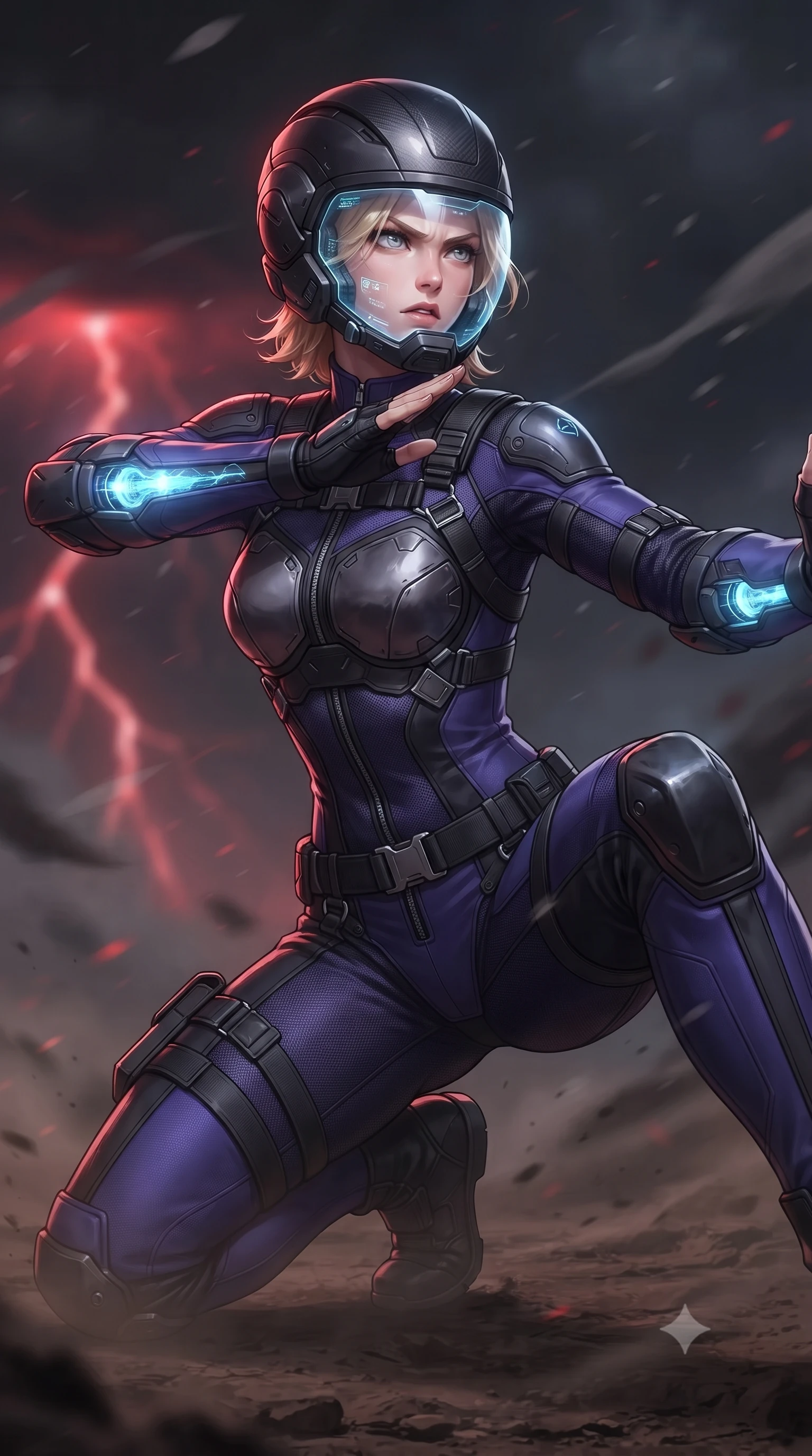 score_9, masterpiece, best quality, ultra-detailed, high-budget anime keyframe, editorial fashion photography, tasteful artistic composition, Caucasian woman. close-up cowboy shot from the waist and thighs up, the character dominates the composition, filling the frame with her large presence. twisting her upper body in a dynamic S-curve martial arts stance, cybernetic elbow dampers glowing with blue energy as she aims a focused palm strike while kneeling on one knee to inspect the barren earth, looking up with a piercing, majestic gaze through drifting ash flakes. The composition keeps background elements in soft focus with creamy bokeh. distant red lightning storm forks and swirling volcanic ash sheets blurred into dark slate, crimson, and charcoal bokeh. She has an exceptionally elegant, slender, and willowy female figure with an ultra-slim waist, a gracefully sculpted slender torso, toned flat midriff, and a refined slim silhouette. sharp v-shaped jawline, high-bridge nose, intricate jewel-like eyes with depth, thick eyelashes, glossy lips with a natural sheen, fierce and resolute heroine expression, flawlessly proportioned anatomical accuracy, strict slender model proportions, natural body alignment, perfectly sculpted long slender limbs, ultra-slim waistline, clean dynamic posture without body distortion. wearing an open-face aerodynamic carbon-fiber combat helmet with a retracted transparent holographic HUD visor framing her sharp jawline and jewel-like eyes, paired with a tailored tactical combat jumpsuit with an open-back harness design, reinforced composite breastplate, and high-mobility elbow dampers in royal purple carbon fiber with distressed rose-gold hardware and buckles, tailored from flexible second-skin ballistic carbon-mesh adhering flawlessly to her athletic build, reinforced by a heavy-duty titanium tactical harness and glowing micro-energy status straps, the form-contouring material adhering flawlessly to her sculpted flat midriff and slender torso, emphasizing her long leg lines and perfectly proportioned willowy build. illuminated by crisp white key light with sharp specular highlights tracing her ultra-slim waist and long legs. ultra-reflective glossy finish, specular highlights, dark metallic sheen, high-contrast stereoscopic depth, volumetric dynamic lighting, 2k, ultra detail, master piece, 9:16 ratio