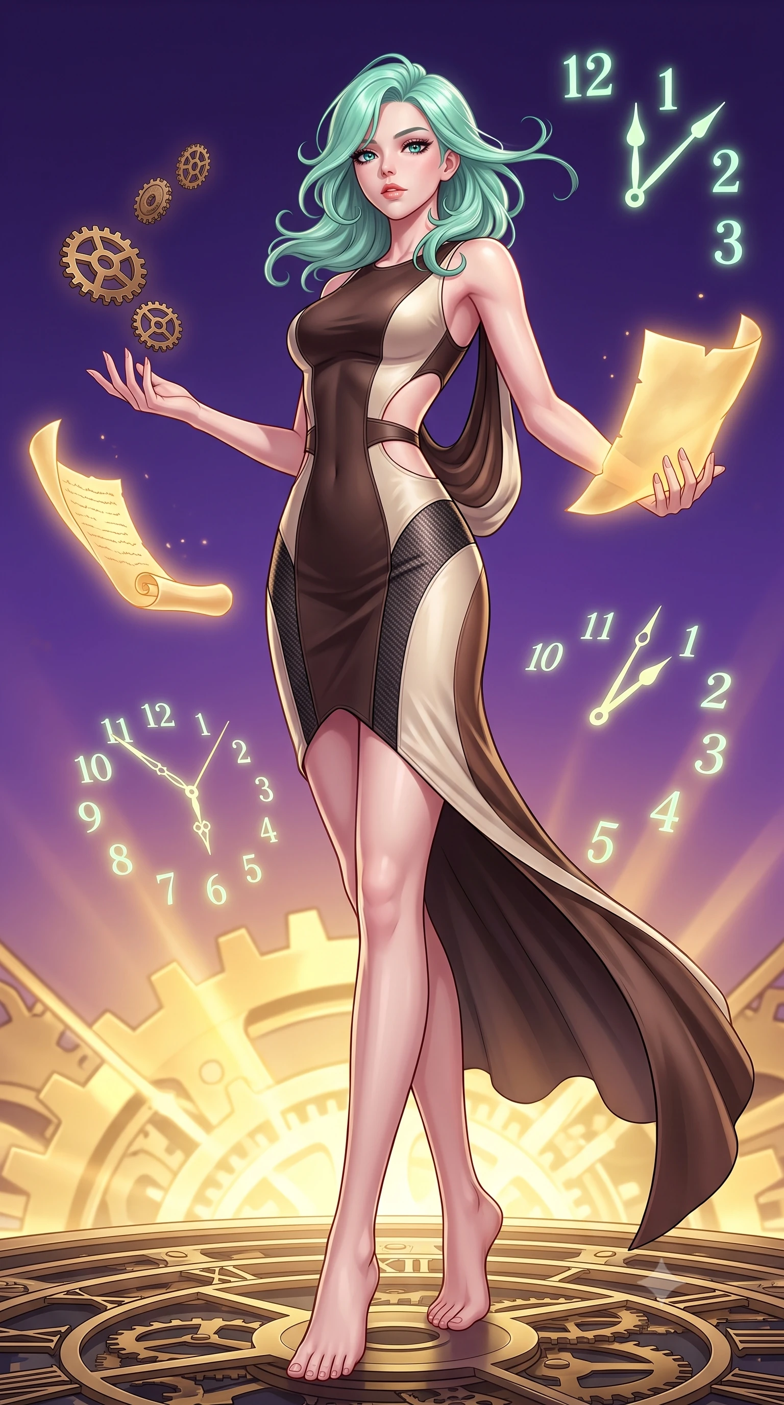 score_9, masterpiece, best quality, ultra-detailed, high-budget anime keyframe, editorial fashion photography, tasteful artistic composition, Japanese woman. low angle full-body shot from head to toe showing her feet, filling the entire 9:16 vertical frame with her statuesque presence, stretching her vertical silhouette. interacting gracefully with the magical floating elements while maintaining a confident posture surrounded by floating antique brass gears and glowing golden parchment scrolls, glowing neon clock numbers floating in the air with vintage elegancy. She has an absolutely perfect, statuesque 8.5-heads proportion, an exceptionally tall and slender model-like female figure with impossibly long slender legs and an ultra-slim waist. sharp v-shaped jawline, high-bridge nose, intricate jewel-like eyes with depth, thick eyelashes, glossy lips with a natural sheen. wearing a precision-fitted liquid jersey bodycon dress with a draped back in espresso brown and warm cream, made of fine carbon-fiber weave and soft matte leather, featuring clean architectural cutouts along her slender torso, the sleek second-skin texture accentuating her magnetic presence. lit by a contrast of deep violet sky and radiant golden mechanical light. highly saturated vibrant anime colors, detailed shading with soft gradients, rich glossy textures, high-contrast stereoscopic depth, volumetric dynamic lighting, master piece, 9:16 ratio