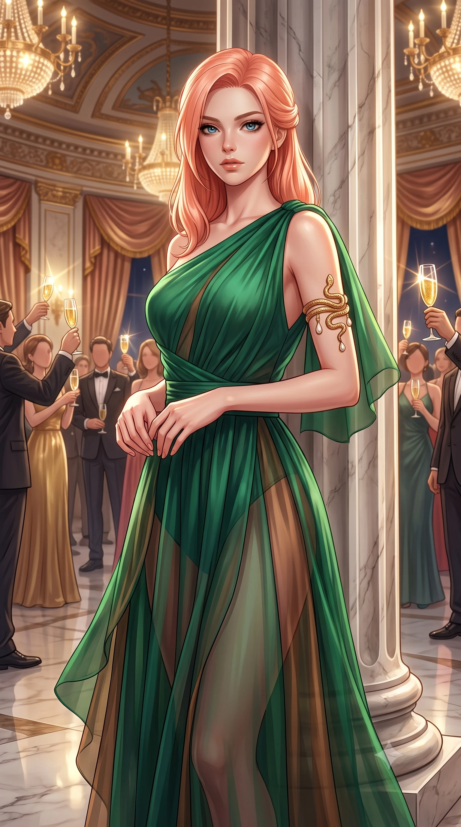 score_9, masterpiece, best quality, ultra-detailed, high-budget anime keyframe, semi-realistic 3D game render, editorial fashion photography, tasteful artistic composition, Japanese woman. close-up cowboy shot from the waist and thighs up, the character dominates the composition, filling the frame with her large presence. holding her hands loosely in front with regal, aristocratic poise, radiating an overwhelming high-society aura while pivoting dynamically beside colossal marble columns as golden champagne toasts catch dazzling light highlights. The surrounding environment is rendered in vivid detail and crisp panoramic clarity. detailed neoclassical column fluting, palace ceiling chandeliers, and satin dress textures in high clarity. She has an exceptionally elegant, slender, and willowy female figure with an ultra-slim waist, a gracefully sculpted slender torso, toned flat midriff, and a refined slim silhouette. sharp v-shaped jawline, high-bridge nose, intricate jewel-like eyes with depth, thick eyelashes, glossy lips with a natural sheen, captivating and magnetic expression, flawlessly proportioned anatomical accuracy, strict slender model proportions, natural body alignment, perfectly sculpted long slender limbs, ultra-slim waistline, clean dynamic posture without body distortion. wearing an ethereal emerald-green silk chiffon gown with an asymmetric shoulder drape and sheer layered skirt in deep emerald green and bronze, woven from airy multi-layered silk chiffon with a weightless drape, accented with a sculptured gold serpent armlet and pearl drops, the breezy yet form-flattering drape swaying gracefully with her steps, accentuating her long willowy limbs and slim waistline. surrounded by a glamorous, exclusive, and breathtakingly captivating billionaire heiress aura. highly saturated vibrant anime colors, detailed shading with soft gradients, rich glossy textures, high-contrast stereoscopic depth, volumetric dynamic lighting, master piece, 9:16 ratio