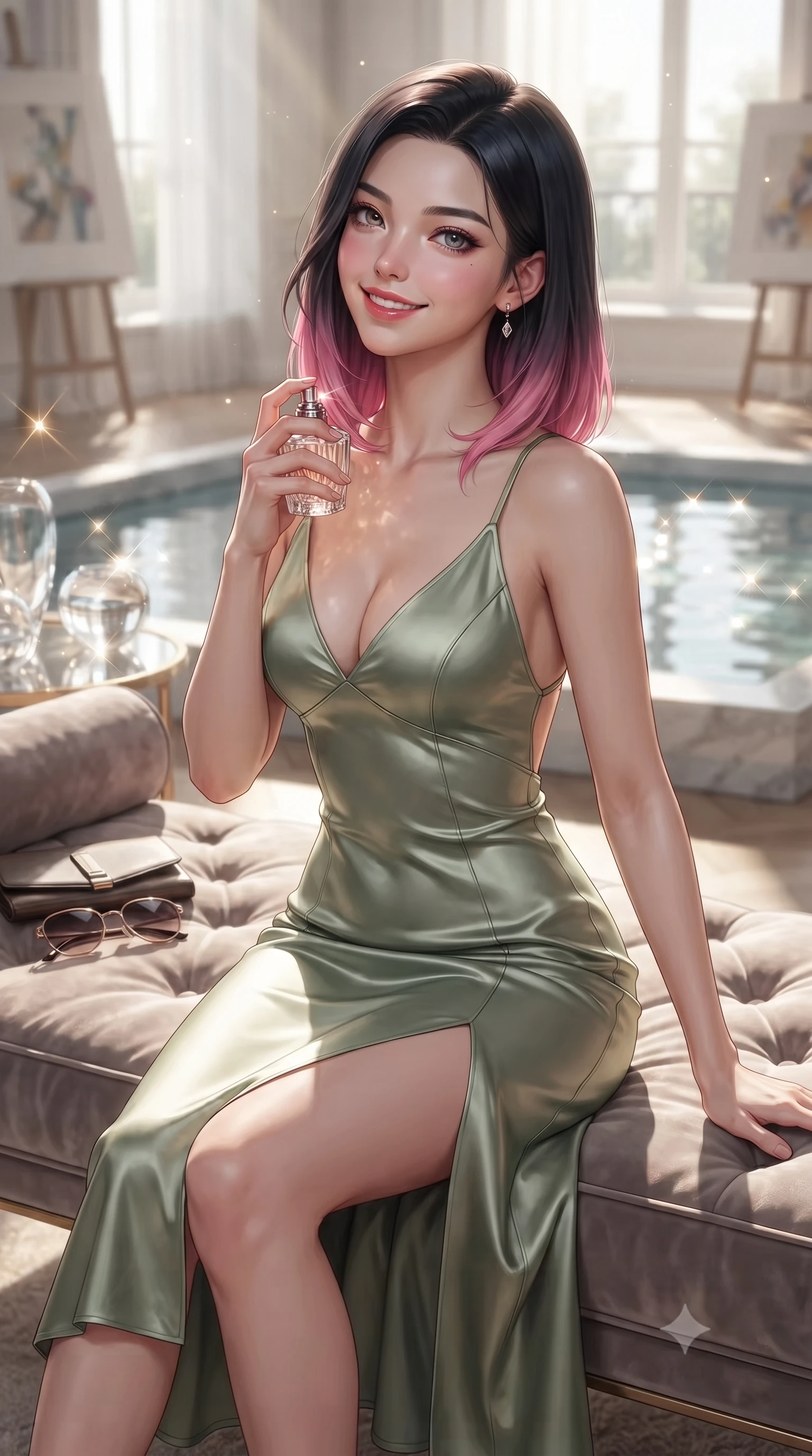 score_9, masterpiece, best quality, ultra-detailed, high-budget anime keyframe, editorial fashion photography, tasteful artistic composition, Korean woman. close-up cowboy shot from the waist and thighs up, the character dominates the composition, filling the frame with her large presence, background elements kept in soft focus. holding a vintage perfume bottle to her neck, smiling with quiet magnetic self-assurance set against a soft-focus background of inside an exclusive art atelier with a pair of designer sunglasses and a sleek leather clutch bag on the lounger. She has an exceptionally elegant, slender, and willowy female figure with an ultra-slim waist, a gracefully sculpted slender torso, and a refined silhouette. sharp v-shaped jawline, high-bridge nose, intricate jewel-like eyes with depth, thick eyelashes, glossy lips with a natural sheen. wearing form-contouring sage green contouring mesh open-back silk slip dress featuring a deep V-neckline and a leg-lengthening side slit featuring refined tailored seams. lit by crisp morning sun rays creating sparkling glints on polished glass and water. ultra-reflective glossy finish, specular highlights, metallic sheen, high-contrast stereoscopic depth, volumetric dynamic lighting, 2k, ultra detail, master piece, 9:16 ratio