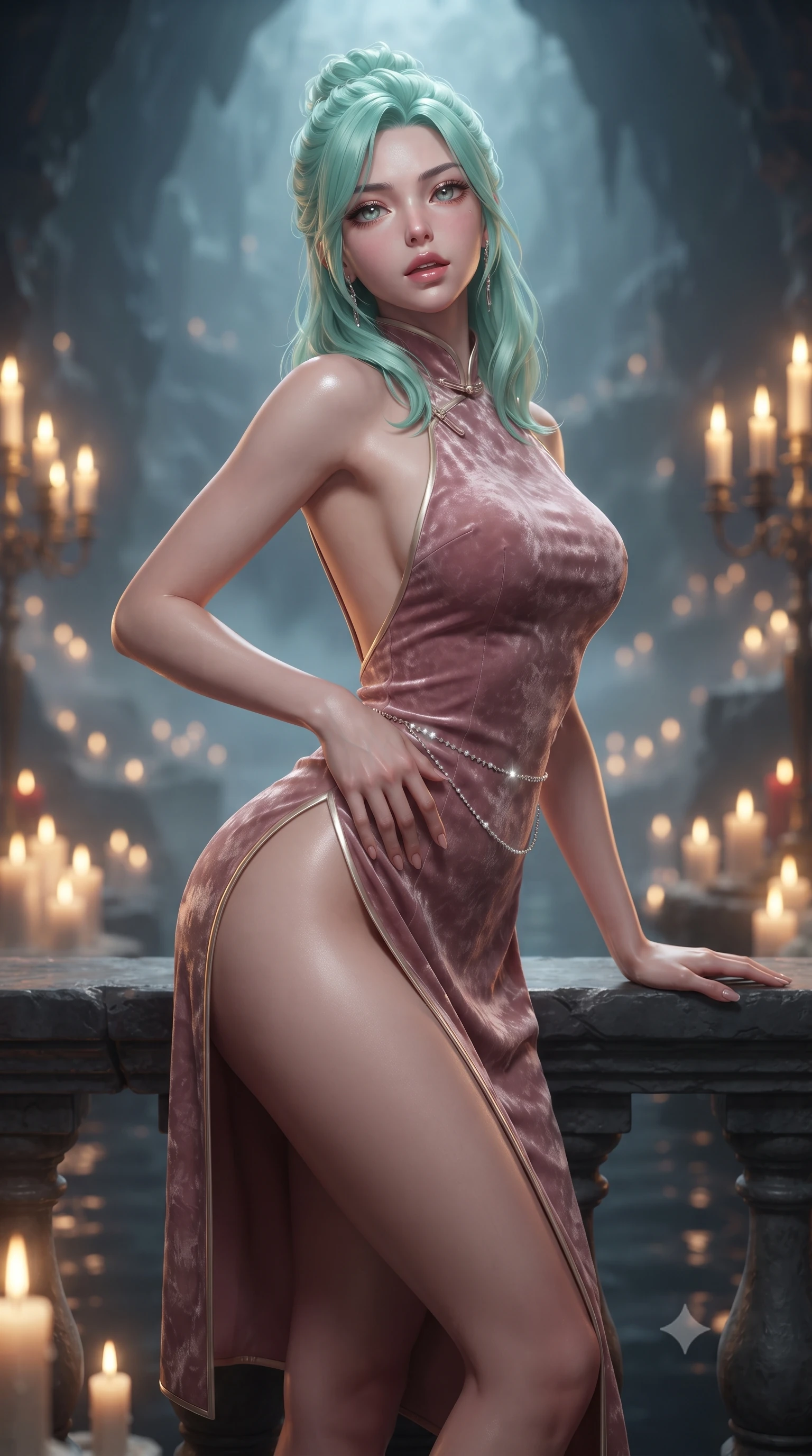 score_9, masterpiece, best quality, ultra-detailed, high-budget anime keyframe, editorial fashion photography, tasteful artistic composition, Japanese woman. close-up cowboy shot from the waist and thighs up, the character dominates the composition, filling the frame with her large presence. resting one manicured hand delicately on her hip bone, her upper body turning in a fluid, seductive S-curve while parted lips glisten in the light while resting one hand on the cold stone balustrade above the mist-veiled subterranean pool, lower back arched to emphasize her sculpted feminine hips. The composition keeps background elements in soft focus with creamy bokeh. thousands of flickering floating candles and dark cavern lake ripples blurred into deep obsidian, molten gold, and blood-ruby bokeh. She has an exceptionally elegant, slender, and willowy female figure with an ultra-slim waist, flat toned midriff, narrow ribcage, and sculpted feminine hips creating an alluring, slim hourglass silhouette without bulk. sharp v-shaped jawline, high-bridge nose, intricate jewel-like eyes with depth, thick eyelashes, glossy parted lips with a natural sheen, intensely captivating and seductive bedroom-eyes expression, flawlessly proportioned anatomical accuracy, strict slender model proportions, natural body alignment, perfectly sculpted long slender limbs, ultra-slim waistline, clean dynamic posture without body distortion. wearing a modernized cyber-qipao mini dress with an ultra-high side slit ascending to the hip and glowing piping in dusky blush rose and shimmering champagne shimmer, crafted from heavyweight crushed silk velvet with liquid vintage luster, accented with a dainty diamond waist chain catching the ambient light reflections, the precision-cut side openings and low-back scoop framing her graceful spine and the sensual sweep of her slim, toned hips. bathed in warm golden candelabra flicker from all sides and soft subterranean lake water reflections. ultra-reflective glossy finish, specular highlights, rich textural contrasts, high-contrast stereoscopic depth, volumetric dynamic lighting, 2k, ultra detail, master piece, 9:16 ratio