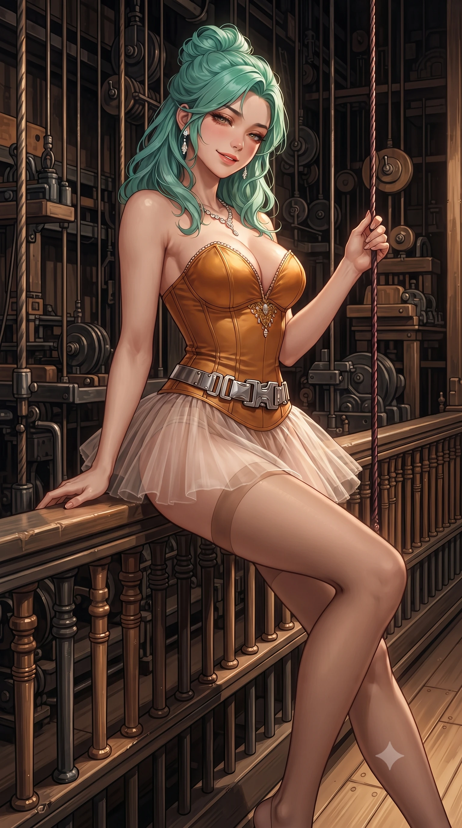 score_9, masterpiece, best quality, ultra-detailed, high-budget anime keyframe, editorial fashion photography, tasteful artistic composition, Japanese woman. close-up cowboy shot from the waist and thighs up, the character dominates the composition, filling the frame with her large presence. leaning back against the balustrade with relaxed seductive grace, head tilted back slightly while casting a hypnotic, heavy-lidded gaze while perched sideways on the wooden rigging pin rail with legs extended, holding a velvet curtain cord with dangerous coquettish cool. The surrounding environment is rendered in vivid detail and crisp panoramic clarity: detailed lace corset bodice weave, sparkling jewelry glints, and complex stage mechanics in razor-sharp precision. She has an exceptionally elegant, slender, and willowy female figure with an ultra-slim waist, flat toned midriff, narrow ribcage, and sculpted feminine hips creating an alluring, slim hourglass silhouette without bulk. sharp v-shaped jawline, high-bridge nose, sparkling eyes with hypnotic seductive depth, thick curled eyelashes, glossy parted lips with a natural dewy peach sheen, alluring bedroom-eyes with an enchanting coquettish smile, exuding magnetic siren charisma and sophisticated glamour, flawlessly proportioned anatomical accuracy, strict slender model proportions, natural body alignment, perfectly sculpted long slender limbs, ultra-slim waistline, clean dynamic posture without body distortion. wearing a plunging sweetheart-neckline boned satin ballet bustier paired with an ultra-short sheer tulle micro-tutu and silk stockings in warm amber honey and antique gold leaf, crafted from fluid liquid silk satin that clings smoothly to every curve with a dewy sheen, accented with a quick-release tactical chrome buckle harness resting snugly across her hips, the second-skin tailored fabric adhering flawlessly to her sculpted flat midriff and slender torso, emphasizing her long leg lines and perfectly proportioned willowy build. illuminated by footlight bounce and sharp amber-gold rim lighting defining her razor-sharp jawline, ultra-slim waist, and curvy hips. ultra-reflective glossy finish, specular highlights, rich textural contrasts, high-contrast stereoscopic depth, volumetric dynamic lighting, 2k, ultra detail, master piece, 9:16 ratio
