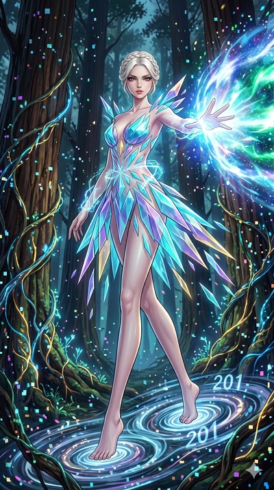 score_9, masterpiece, best quality, ultra-detailed, Set A: High-budget Anime Keyframe, Japanese woman. Low angle cowboy shot filling the entire 9:16 frame with her statuesque presence. Theme: Primal Nature. unleashing a massive energy wave in a giant