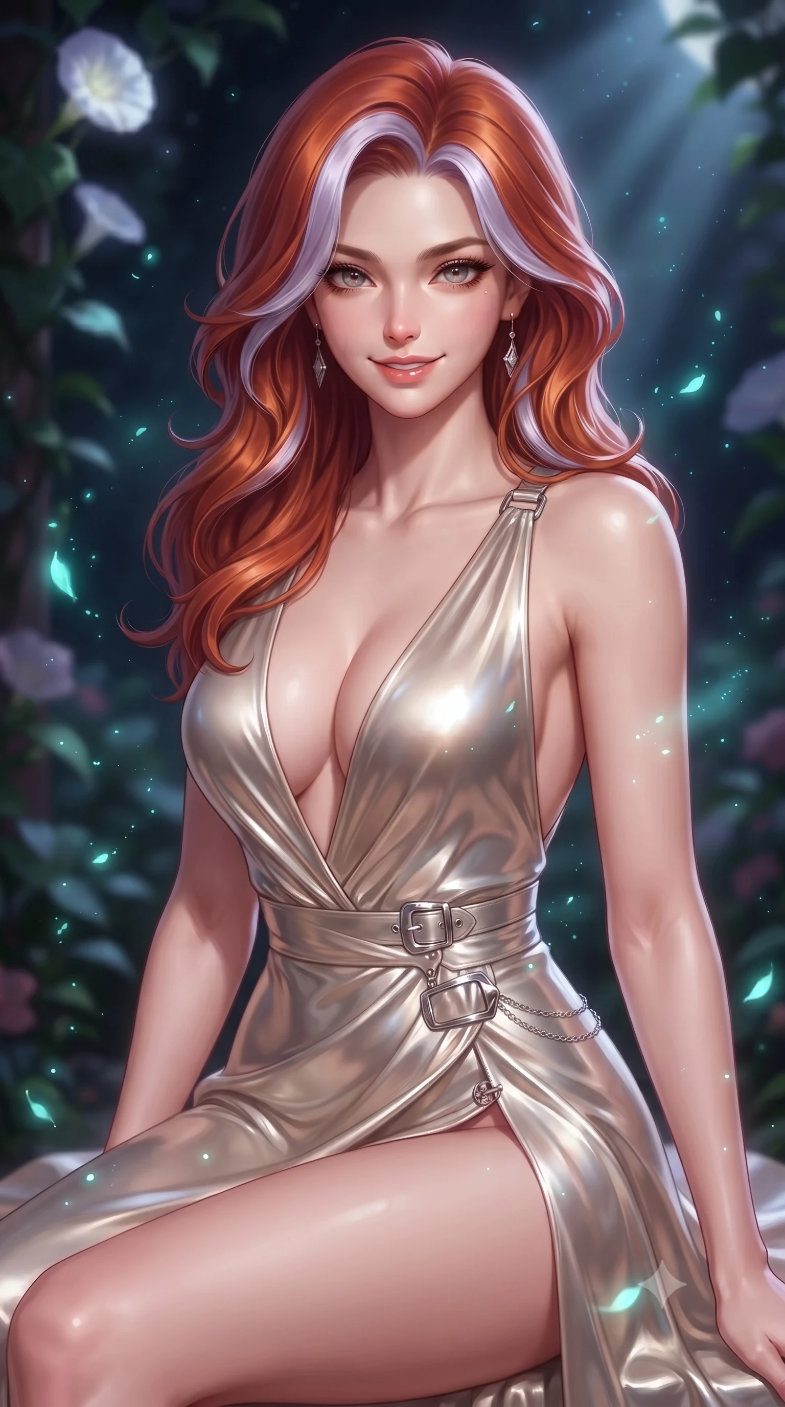 score_9, masterpiece, best quality, ultra-detailed, high-budget anime keyframe, editorial fashion photography, tasteful artistic composition, Caucasian woman. close-up cowboy shot from the waist and thighs up, the character dominates the composition, filling the frame with her large presence, background elements kept in soft focus. Smiling with quiet, magnetic self-assurance directly into the camera, navigating a night garden as moonflower petals release soft turquoise light dust, fine glowing pollen particles drifting silently through the cool night air. She has an exceptionally elegant, slender, and willowy female figure with an ultra-slim waist, a gracefully sculpted slender torso, and a refined silhouette. sharp v-shaped jawline, high-bridge nose, intricate jewel-like eyes with depth, thick eyelashes, glossy lips with a natural sheen. wearing deep plunging V-neckline champagne silk gown with daring high thigh slit in metallic silver, made of high-gloss liquid pearl vinyl, framed by polished silver buckles and delicate chain details, accentuating her gracefully sculpted slender torso. illuminated by soft bioluminescent turquoise light from moonflowers and silver moonbeams. highly saturated vibrant anime colors, detailed shading with soft gradients, rich glossy textures, high-contrast stereoscopic depth, volumetric dynamic lighting, master piece, 9:16 ratio