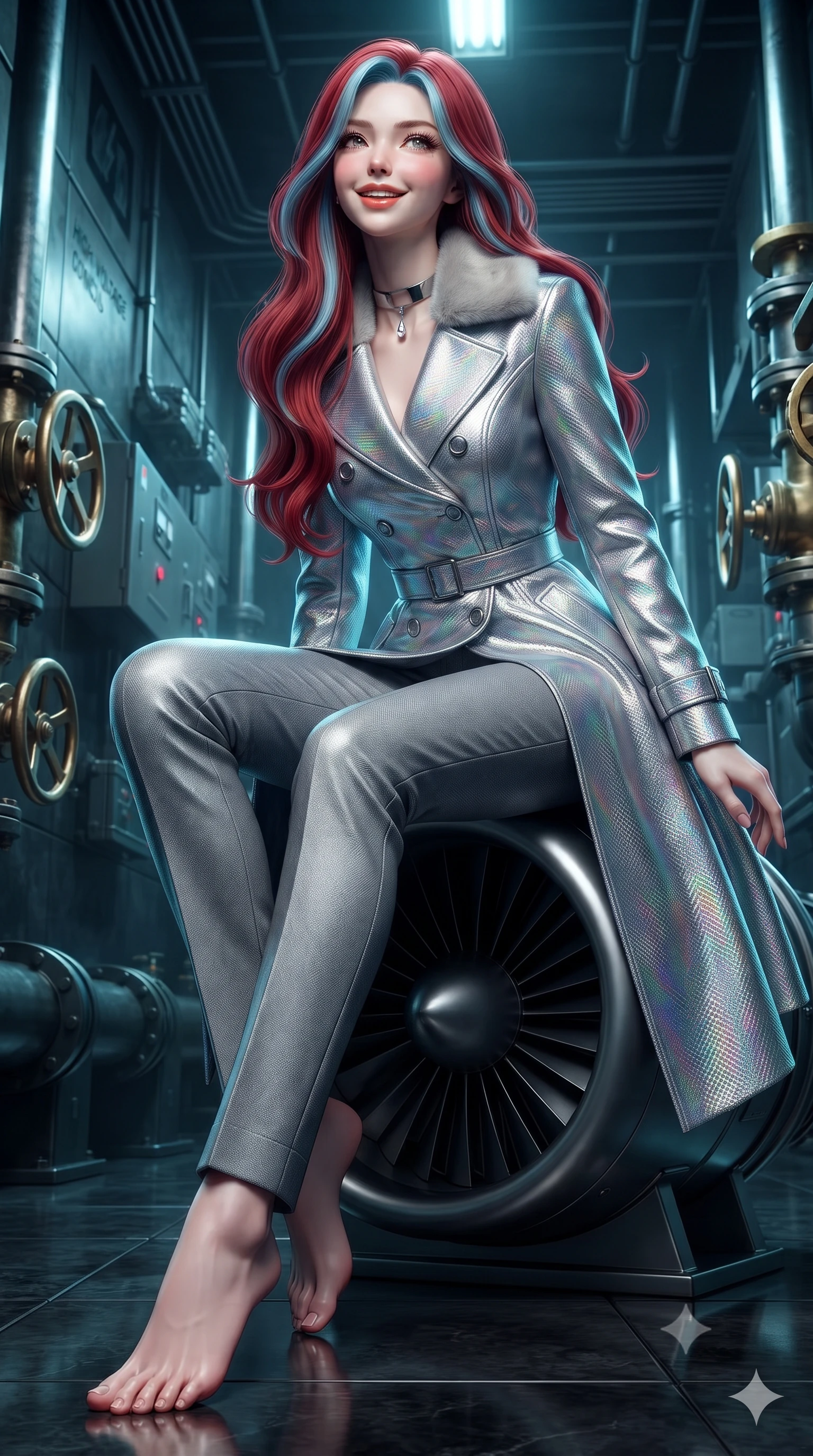score_9, masterpiece, best quality, ultra-detailed, high-budget anime keyframe, editorial fashion photography, tasteful artistic composition, Caucasian woman. low angle full-body shot from head to toe showing her feet, filling the entire 9:16 vertical frame with her statuesque presence, stretching her vertical silhouette. sitting poised on the stone steps with one knee bent, arching her spine with supermodel elegance as she glances upward through thick eyelashes while sitting poised on the polished composite turbine casing with one knee bent, arching her back with playful warrior flair and parted glossy lips. The surrounding environment is rendered in vivid detail and crisp panoramic clarity: sharp wet black basalt tile reflections, high-voltage conduit stencils, and heavy brass valve wheels in deep focus. She has an exceptionally tall and slender model-like 8.5-heads proportion, an ultra-slim waist, a flat toned midriff, narrow delicate ribcage, and beautifully sculpted feminine hips creating a graceful, slim hourglass silhouette without any bulky heaviness, with impossibly long slender legs. sharp v-shaped jawline, high-bridge nose, intricate jewel-like sparkling eyes with depth, thick eyelashes, glossy parted lips with a natural peach sheen, bright cheerful beaming smile with an enchanting and coquettish sensual glint, exuding both youthful cute charm and seductive allure, flawlessly proportioned anatomical accuracy, strict slender model proportions, natural body alignment, perfectly sculpted long slender limbs, ultra-slim waistline, clean dynamic posture without body distortion. wearing a futuristic double-breasted arctic combat officer greatcoat with thermal fur-lined collar and tailored wool trousers in iridescent mother-of-pearl and liquid molten silver, woven from structured carbon-fiber jacquard with rich textural depth, finished with a minimalist chrome choker and a single teardrop diamond pendant, the impeccably tailored cut draping gracefully along her slender figure with aristocratic poise. illuminated by wet basalt reflection bounce and sharp electric-cyan rim lights defining her dewy collarbones, ultra-slim waist, and curvy hips. ultra-reflective glossy finish, specular highlights, rich textural contrasts, high-contrast stereoscopic depth, volumetric dynamic lighting, 2k, ultra detail, master piece, 9:16 ratio