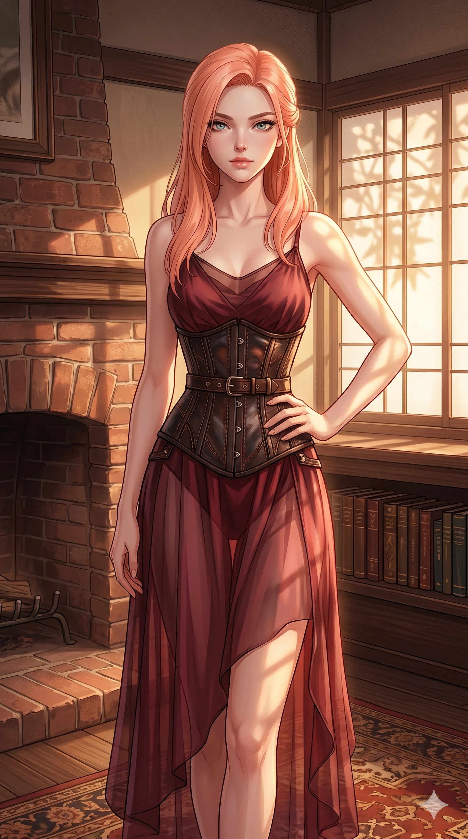 score_9, masterpiece, best quality, ultra-detailed, high-budget anime keyframe, editorial fashion photography, tasteful artistic composition, Japanese woman. cowboy shot from the thighs up, character and outfit filling the frame for maximum editorial presence. resting her hand on her hip, looking directly into the camera inside a cozy library lounge with brick fireplace (Code-P17-140). She has an absolutely perfect 8-heads proportion, an exceptionally tall and slender female figure with impossibly long slender legs and an ultra-slim waist. V-shaped jawline, high-bridge nose, intricate jewel-like eyes with depth, thick eyelashes, glossy lips with a natural sheen. wearing a custom leather corset over a semi-transparent silk slip dress. soft warm morning sunbeams filtering through the paper screens, casting a gentle glow. 2k, ultra detail, master piece, 9:16 ratio