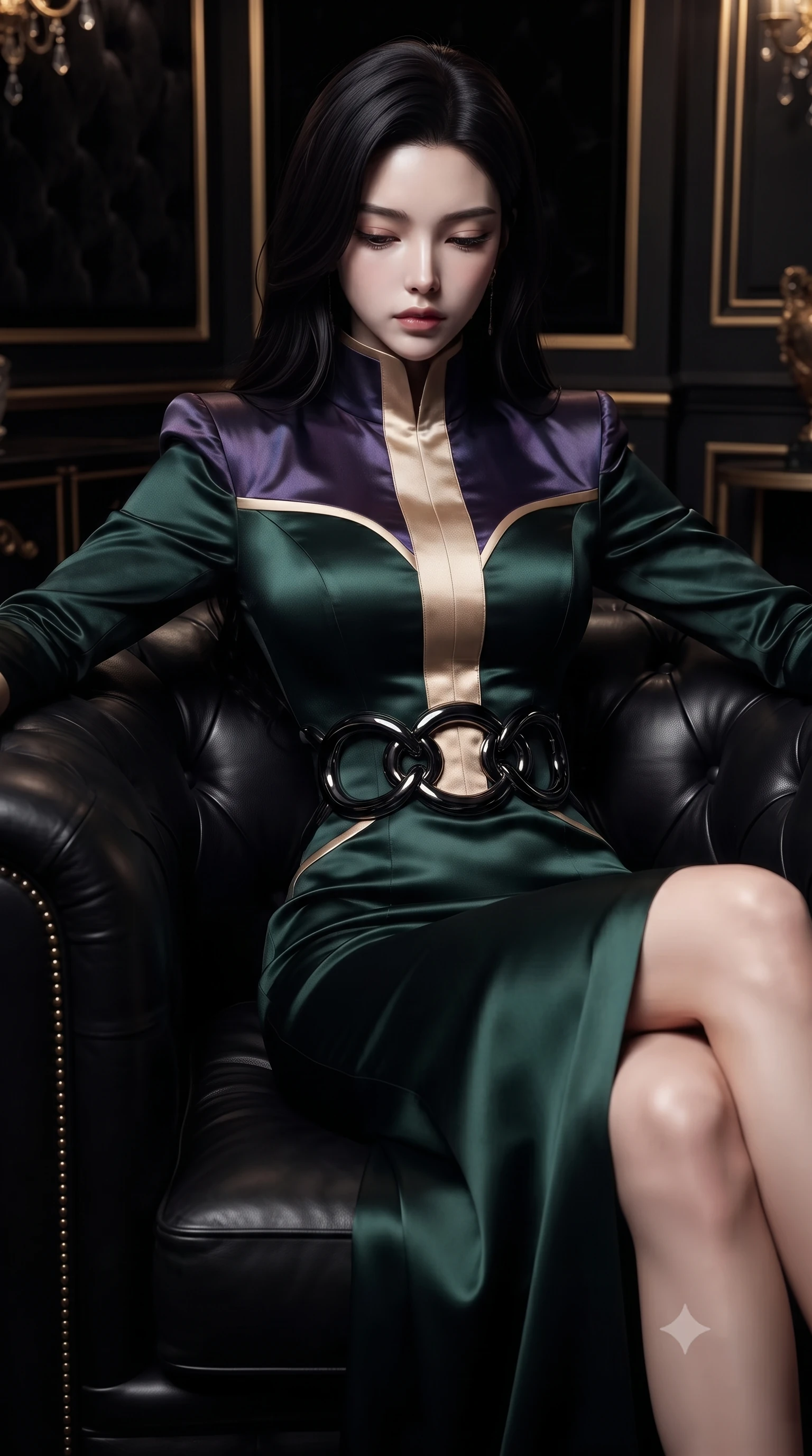 score_9, masterpiece, best quality, ultra-detailed, high-budget anime keyframe, editorial fashion photography, tasteful artistic composition, Korean woman. close-up cowboy shot from the waist and thighs up, the character dominates the composition, filling the frame with her large presence, background elements kept in soft focus. Looking down with lowered lashes and a composed, powerful dark aura, lounging in a deep black leather armchair in an exclusive private suite, high-contrast black velvet and dark leather absorbing ambient darkness. She has an exceptionally elegant, slender, and willowy female figure with an ultra-slim waist, a gracefully sculpted slender torso, and a refined silhouette. sharp v-shaped jawline, high-bridge nose, intricate jewel-like eyes with depth, thick eyelashes, glossy lips with a natural sheen. wearing long-sleeved dark emerald satin gown with high structured collar in champagne gold, made of iridescent dark violet taffeta, accented with sculpted obsidian chrome rings at the waist, accentuating her gracefully sculpted slender torso. surrounded by a regal gold and black ambiance with crisp rim lights. ultra-reflective glossy finish, specular highlights, metallic sheen, high-contrast stereoscopic depth, volumetric dynamic lighting, 2k, ultra detail, master piece, 9:16 ratio