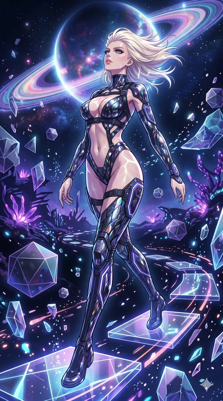 score_9, masterpiece, best quality, ultra-detailed, High-budget Anime Keyframe, vibrant colors, fluid line-art, expressive lighting, cinematic composition, Ufotable-style visual effects, top-tier animation quality, Caucasian woman with pale skin, blonde hair, and (strictly human ears). Low angle cowboy shot filling the entire 9:16 frame with her statuesque presence, looking up to emphasize her height. Navigating a surreal sea of floating geometric shapes and crystalline structures within a digital void, the environment reacting to her presence. She has an absolutely perfect 8-heads proportion, an exceptionally tall and slender female figure with impossibly long slender legs and an ultra-slim waist, her statuesque height and towering silhouette dominating the vertical 9:16 frame. Her face is a masterpiece featuring a sharp v-shaped jawline, high-bridge nose, intricate jewel-like eyes with depth, thick eyelashes, and glossy lips with a natural sheen. She is wearing a Futuristic pilot suit with an exposed midriff and a high-cut structural frame crafted from Obsidian-glass scales that shimmer with a dark, crystalline brilliance, with an exposed midriff and a complex harness system that draws the eye. The scene is set in a mysterious alien planet with bioluminescent purple flora and a giant ringed planet in the sky, illuminated by underwater caustic lighting with ripples of light dancing across her body. 2k, ultra detail, master piece, 9:16 ratio