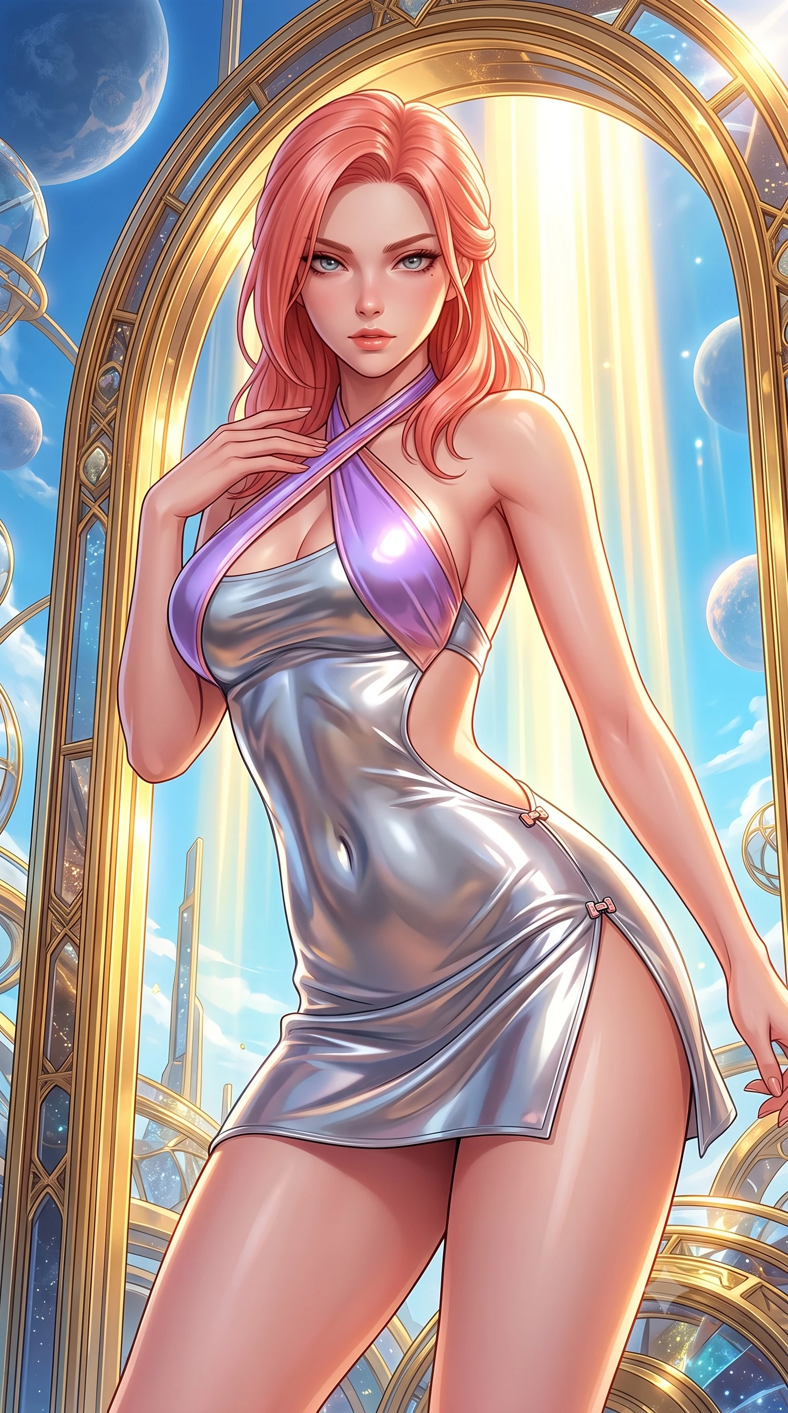 score_9, masterpiece, best quality, ultra-detailed, high-budget anime keyframe, semi-realistic 3D game render, editorial fashion photography, tasteful artistic composition, Japanese woman. close-up cowboy shot from the waist and thighs up, the character dominates the composition, filling the frame with her large presence. leaning forward with a dangerous, enticing smolder, resting one hand near her collarbone while casting a fiery, magnetic direct gaze while arching her spine in a fluid zero-gravity vault through a celestial gold arch catching brilliant high-noon sun. The surrounding environment is rendered in vivid detail and crisp panoramic clarity. vivid high-contrast natural gemstone colors and solar brilliance rendered in panoramic precision. She has an exceptionally elegant, slender, and willowy female figure with an ultra-slim waist, a gracefully sculpted slender torso, toned flat midriff, and a refined slim silhouette. sharp v-shaped jawline, high-bridge nose, intricate jewel-like eyes with depth, thick eyelashes, glossy lips with a natural sheen, flawlessly proportioned anatomical accuracy, strict slender model proportions, natural body alignment, perfectly sculpted long slender limbs, ultra-slim waistline, clean dynamic posture without body distortion. wearing a molten silver liquid-metal mini dress featuring deep side-waist cutouts and a daring crossover halter neckline in luminous lavender violet and rose gold, crafted from ultra-reflective second-skin latex with a high-gloss glass-like polish, finished with an ultra-high side slit secured by miniature magnetic clasps, the liquid-tight tailored fabric emphasizing every curve of her tall, slender model proportions and sculptured silhouette during dynamic movement. bathed in intense vertical golden sunbursts and rich sky-blue ambient bounce light. highly saturated vibrant anime colors, detailed shading with soft gradients, rich glossy textures, high-contrast stereoscopic depth, volumetric dynamic lighting, master piece, 9:16 ratio