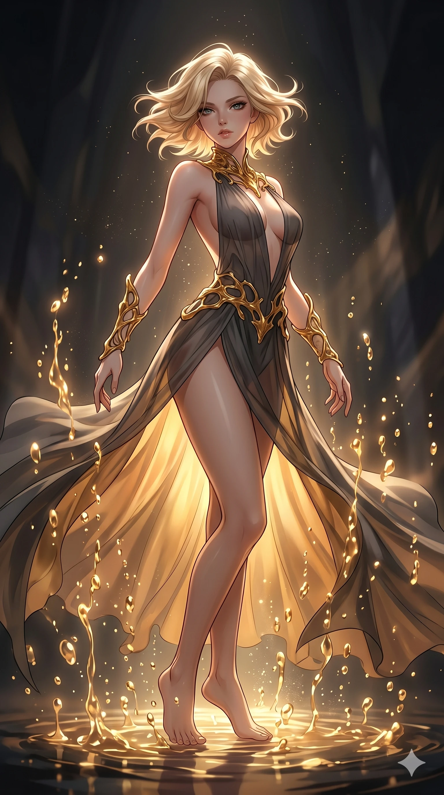 score_9, masterpiece, best quality, ultra-detailed, high-budget anime keyframe, Korean woman. low angle full-body shot filling the entire 9:16 frame with her statuesque presence, stretching the vertical silhouette. dodging ethereal liquid gold rain that rises upward from the ground in warm shimmering droplets under an inverted gravity field. She has an absolutely perfect 8-heads proportion, an exceptionally tall and slender female figure with impossibly long slender legs and an ultra-slim waist. V-shaped jawline, high-bridge nose, intricate jewel-like eyes with depth, thick eyelashes, glossy lips with a natural sheen.. wearing a molten gold and chiffon gown, featuring organic liquid gold collar and cuffs on a translucent charcoal-gray halter neck chiffon gown with a deep backless design. illuminated by dramatic chiaroscuro casting soft shadows along her curves, with vibrant backlighting highlighting the dust particles. 2k, ultra detail, master piece, 9:16 ratio