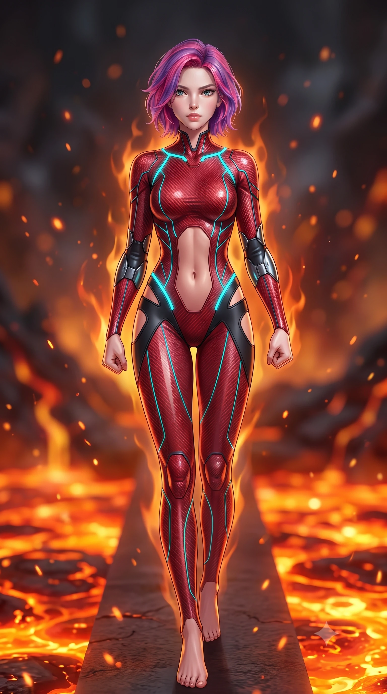 score_9, masterpiece, best quality, ultra-detailed, high-budget anime keyframe, semi-realistic 3D game render, editorial fashion photography, tasteful artistic composition, Caucasian woman. low angle full-body shot from head to toe showing her feet, filling the entire 9:16 vertical frame with her statuesque presence, stretching her vertical silhouette. striding forward with sovereign warrior elegance in a low, predatory combat advance, hips swaying with fierce athletic poise from head to toe while striding commanding across the narrow catwalk with arms held in loose, deadly martial readiness. The composition keeps background elements in soft focus with creamy bokeh. bubbling molten magma rivers and drifting orange heat embers blurred into rich fiery amber, crimson, and charcoal bokeh. She has an absolutely perfect, statuesque 8.5-heads proportion, an exceptionally tall and slender model-like female figure with impossibly long slender legs, a toned flat midriff, and an ultra-slim waist. sharp v-shaped jawline, high-bridge nose, intricate jewel-like eyes with depth, thick eyelashes, glossy lips with a natural sheen, flawlessly proportioned anatomical accuracy, strict slender model proportions, natural body alignment, perfectly sculpted long slender limbs, ultra-slim waistline, clean dynamic posture without body distortion. wearing a skin-tight crimson carbon-weave battle-suit with metallic dark chrome elbow dampers and hip-accentuating cutouts in matte obsidian carbon black with electric cyan conduits, crafted from semi-translucent cybernetic carbon-vinyl interwoven with glowing micro-filaments, accented with glowing fiber-optic conduits tracing her collarbones and hip curves, the liquid-tight tailored fabric emphasizing every curve of her tall, slender model proportions and sculptured silhouette during dynamic movement. surrounded by an elemental, fierce, and irresistibly powerful cyber-valkyrie of flame aura. rich saturated anime colors with glowing neon highlights, detailed shading with soft gradients, rich glossy textures, high-contrast stereoscopic depth, volumetric dynamic lighting, master piece, 9:16 ratio