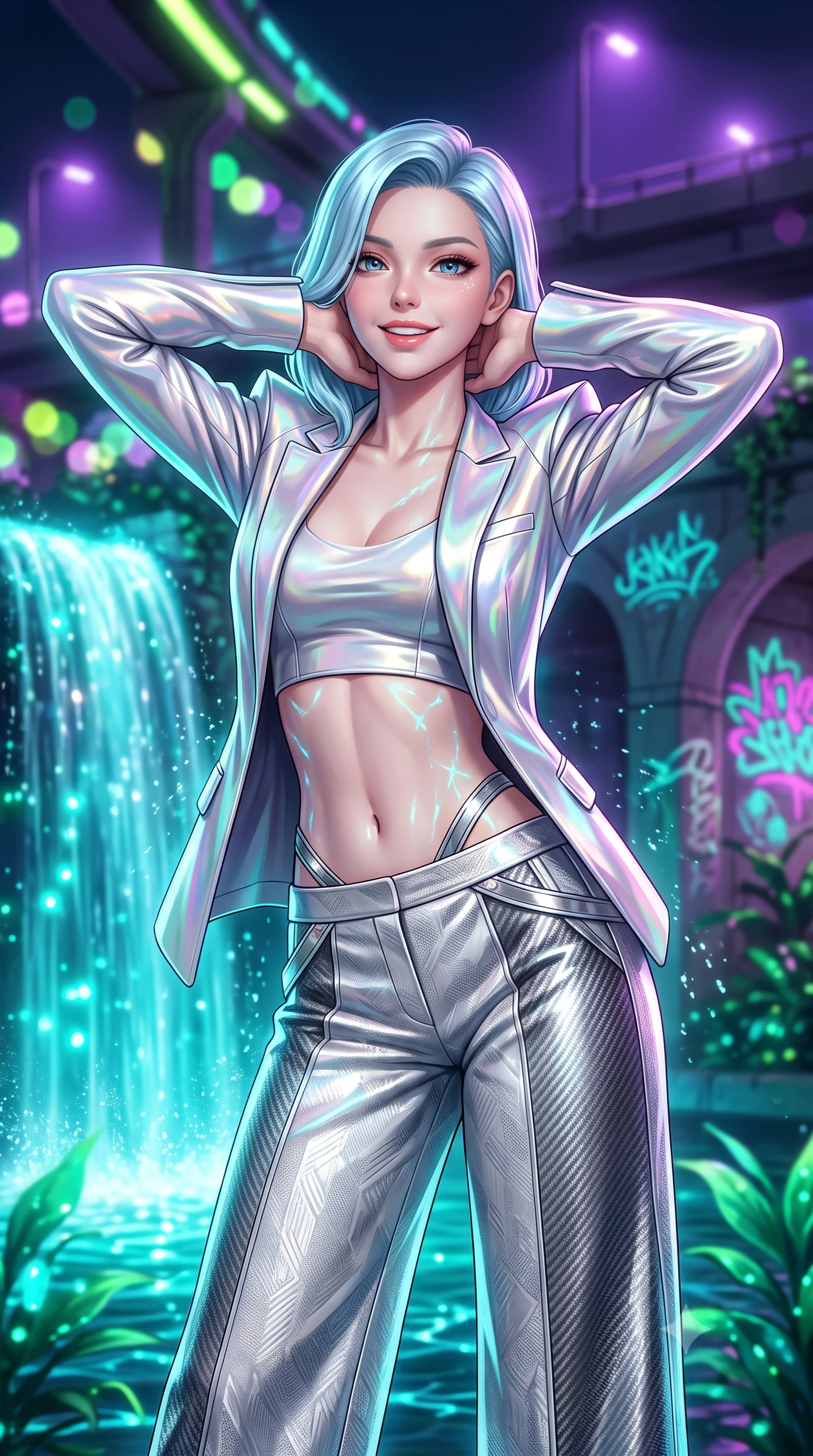 score_9, masterpiece, best quality, ultra-detailed, high-budget anime keyframe, semi-realistic 3D game render, editorial fashion photography, tasteful artistic composition, Korean woman. close-up cowboy shot from the waist and thighs up, the character dominates the composition, filling the frame with her large presence. resting both hands lightly behind her neck with elbows raised, arching her spine to highlight her narrow waist, flat midriff, and breathtaking collarbones while twisting her slender torso in an alluring S-curve beside the cascading neon waterfall, vibrant aqua caustics playing across her flat midriff and hips. The background shows a soft-focus bioluminescent emerald water plants, neon graffiti decals glowing on concrete arches, and overhead maglev track lights blurred into lime, violet, and turquoise bokeh. She has an exceptionally elegant, slender, and willowy female figure with an ultra-slim waist, flat toned midriff, narrow ribcage, and sculpted feminine hips creating an alluring, slim hourglass silhouette without bulk. sharp v-shaped jawline, high-bridge nose, intricate jewel-like sparkling eyes with depth, thick eyelashes, glossy parted lips with a natural peach sheen, bright cheerful beaming smile with an enchanting and coquettish sensual glint, exuding both youthful cute charm and seductive allure, flawlessly proportioned anatomical accuracy, strict slender model proportions, natural body alignment, perfectly sculpted long slender limbs, ultra-slim waistline, clean dynamic posture without body distortion. wearing a bespoke Neo-Tokyo structured blazer with angular padded shoulders and wide-leg tailored tech-wool trousers in iridescent mother-of-pearl and liquid molten silver, woven from structured carbon-fiber jacquard with rich textural depth, complemented by strappy stiletto sandals with metallic ankle wraps accentuating her slender calves, the impeccably tailored cut draping gracefully along her slender figure with aristocratic poise. bathed in vivid emerald-cyan underwater LEDs combined with ambient violet floodlights from the highway bridges. highly saturated vibrant anime colors, detailed shading with soft gradients, rich glossy textures, high-contrast stereoscopic depth, volumetric dynamic lighting, master piece, 9:16 ratio