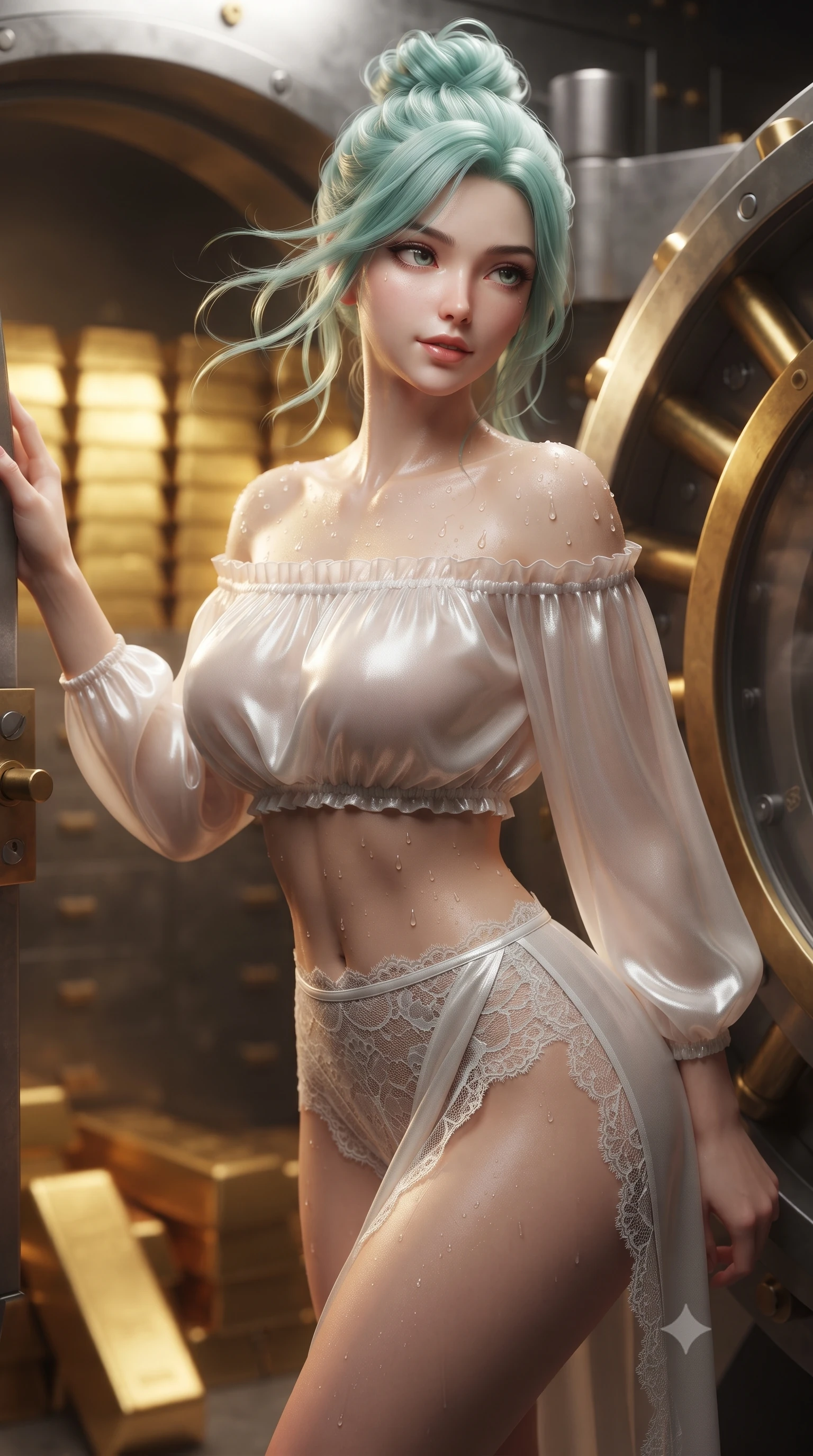 score_9, masterpiece, best quality, ultra-detailed, high-budget anime keyframe, editorial fashion photography, tasteful artistic composition, Japanese woman. close-up cowboy shot from the waist and thighs up, the character dominates the composition, filling the frame with her large presence. turning slowly with an enchanting smoldering smile, her glossy hair tossing in the breeze as her hips angle gracefully in a captivating contrapposto while leaning against the open heavy circular vault door with hips cocked back, looking over a bare shoulder with an irresistible half-smile. The background shows a soft-focus endless walls of gleaming solid gold bars, heavy titanium vault lock bolts, and safety deposit drawers blurred into molten gold, platinum, and charcoal bokeh. She has an exceptionally elegant, slender, and willowy female figure with an ultra-slim waist, flat toned midriff, narrow ribcage, and sculpted feminine hips creating an alluring, slim hourglass silhouette without bulk. sharp v-shaped jawline, high-bridge nose, sparkling eyes with hypnotic seductive depth, thick curled eyelashes, glossy parted lips with a natural dewy peach sheen, alluring bedroom-eyes with an enchanting coquettish smile, exuding magnetic siren charisma and sophisticated glamour, flawlessly proportioned anatomical accuracy, strict slender model proportions, natural body alignment, perfectly sculpted long slender limbs, ultra-slim waistline, clean dynamic posture without body distortion. wearing an off-the-shoulder sheer peasant crop blouse with ruched neckline paired with tight high-waisted linen briefs in pure pearl alabaster with liquid platinum sheen, made of delicate semi-sheer French Chantilly lace with intricate eyelash edges, complemented by glistening drops of moisture beading across her sculpted shoulders and flat midriff, the high-slit wrap tailoring accentuating her ultra-slim waistline and the enchanting curve of her feminine hips with alluring seductive charm. illuminated by gold bullion bounce fill and sharp warm-gold rim lights defining her delicate clavicles, narrow waist, and curvy hips. ultra-reflective glossy finish, specular highlights, rich textural contrasts, high-contrast stereoscopic depth, volumetric dynamic lighting, 2k, ultra detail, master piece, 9:16 ratio