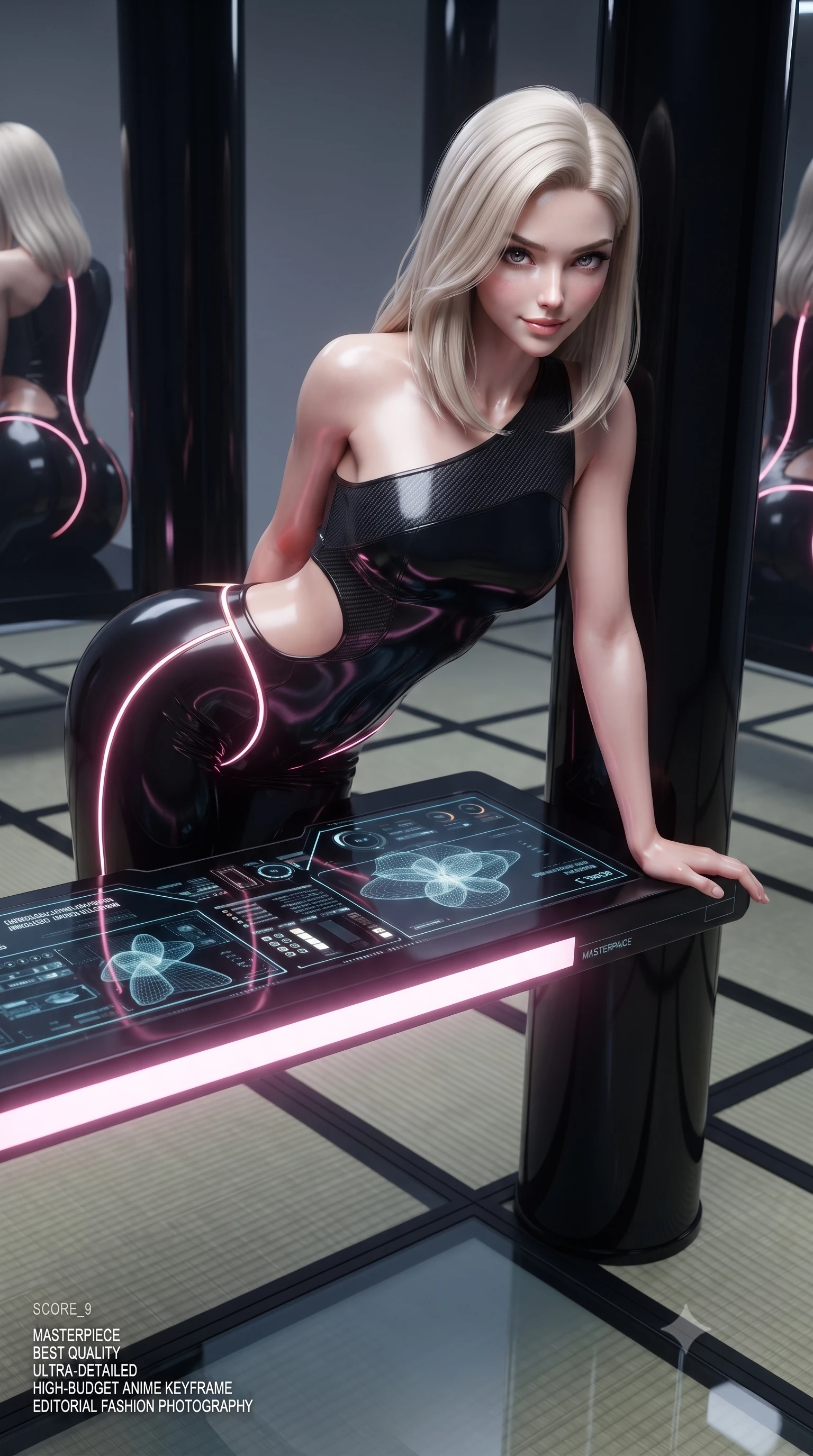 score_9, masterpiece, best quality, ultra-detailed, high-budget anime keyframe, editorial fashion photography, tasteful artistic composition, Caucasian woman. close-up cowboy shot from the waist and thighs up, the character dominates the composition, filling the frame with her large presence. leaning forward over the illuminated command console while arching her lower back to accentuate her curvy hips, looking into the camera with a confident smoldering smile and intense bedroom-eyes while leaning against a minimalist black lacquer pillar propped on one arm, her flat midriff and long slender limbs radiant in pink neon glow. The surrounding environment is rendered in vivid detail and crisp panoramic clarity: sharp glass tatami grid lines, black lacquer pillar reflections, and digital petal wireframe clarity in deep focus. She has an exceptionally elegant, slender, and willowy female figure with an ultra-slim waist, flat toned midriff, narrow ribcage, and sculpted feminine hips creating an alluring, slim hourglass silhouette without bulk. sharp v-shaped jawline, high-bridge nose, intricate jewel-like sparkling eyes with depth, thick eyelashes, glossy parted lips with a natural sheen, bright confident smile with an enchanting and coquettish sensual glint, exuding both youthful magnetic charm and sovereign high-tech allure, flawlessly proportioned anatomical accuracy, strict slender model proportions, natural body alignment, perfectly sculpted long slender limbs, ultra-slim waistline, clean dynamic posture without body distortion. wearing an asymmetric one-shoulder combat catsuit with carbon-weave paneling and an open-waist architecture emphasizing her hips in glossy onyx black and warm champagne gold hardware, made of supple second-skin compression stretch jersey clinging flawlessly to her form, accented with glowing neon fiber-optic piping tracing her spine and hip lines, the high-waisted tailoring accentuating her ultra-slim waistline and the enchanting curve of her feminine hips with alluring dark charm. illuminated by floor light panels and sharp rose-gold rim lighting sculpting her razor-sharp jawline, narrow waist, and curvy hips. ultra-reflective glossy finish, specular highlights, rich textural contrasts, high-contrast stereoscopic depth, volumetric dynamic lighting, 2k, ultra detail, master piece, 9:16 ratio