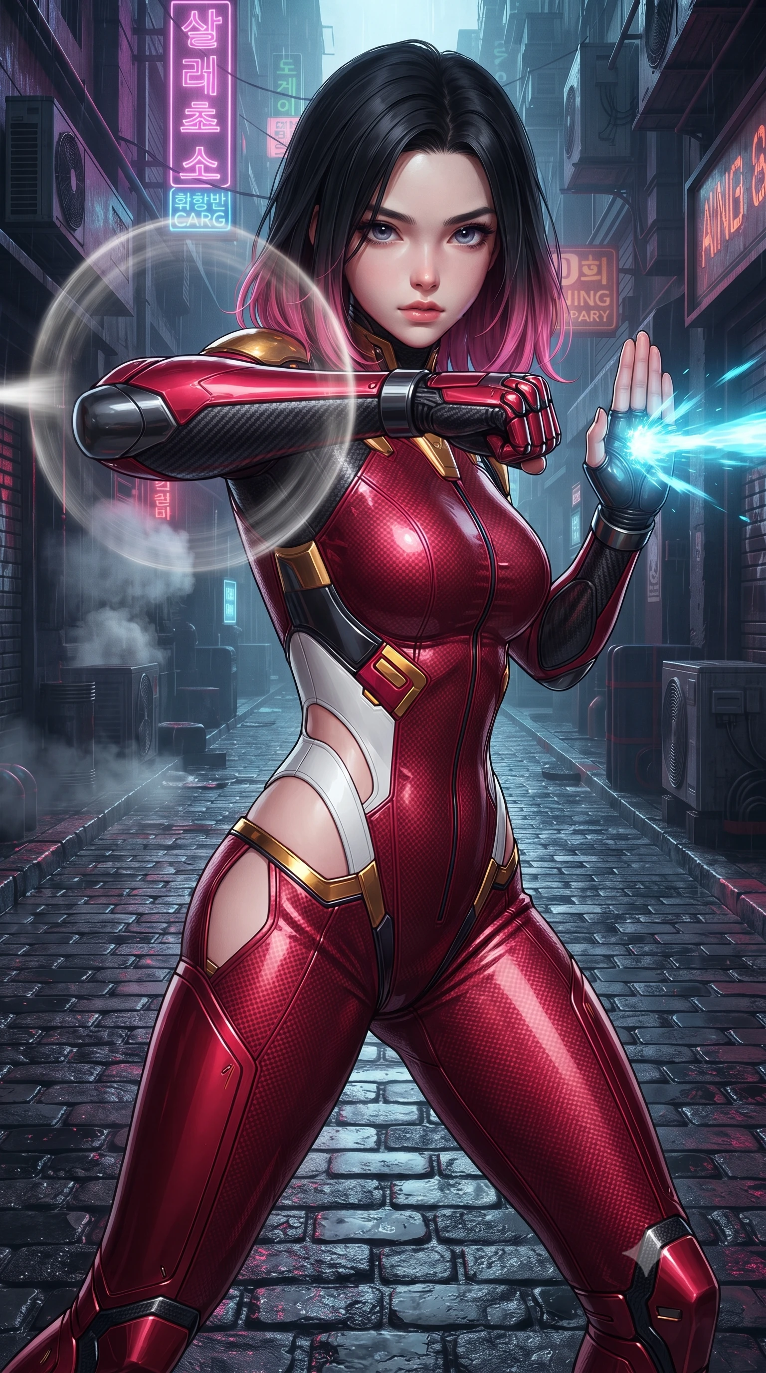 score_9, masterpiece, best quality, ultra-detailed, high-budget anime keyframe, editorial fashion photography, tasteful artistic composition, Korean woman. close-up cowboy shot from the waist and thighs up, the character dominates the composition, filling the frame with her large presence. thrusting a high-speed kinetic punch toward the camera, a visible conical shockwave distortion wrapping around her sleek carbon forearm while pivoting dynamically on wet cobblestones as her defensive palm parry disperses an incoming neon energy blast. The surrounding environment is rendered in vivid detail and crisp panoramic clarity. high-contrast noir chiaroscuro and atmospheric cyberpunk urban textures captured with precision. She has an exceptionally elegant, slender, and willowy female figure with an ultra-slim waist, a gracefully sculpted slender torso, toned flat midriff, and a refined slim silhouette. sharp v-shaped jawline, high-bridge nose, intricate jewel-like eyes with depth, thick eyelashes, glossy lips with a natural sheen, flawlessly proportioned anatomical accuracy, strict slender model proportions, natural body alignment, perfectly sculpted long slender limbs, ultra-slim waistline, clean dynamic posture without body distortion. wearing a skin-tight crimson carbon-weave battle-suit with metallic dark chrome elbow dampers and hip-accentuating cutouts in arctic white carbon composite with radiant solar gold plating, formed from high-gloss patent carbon-plating with specular chiaroscuro reflections, finished with high-mobility flexible limb seams and miniature magnetic armor locks, the form-contouring material adhering flawlessly to her sculpted flat midriff and slender torso, emphasizing her long leg lines and perfectly proportioned willowy build. surrounded by a dangerous, gritty, and intensely captivating martial femme-fatale noir aura. ultra-reflective glossy finish, specular highlights, dark metallic sheen, high-contrast stereoscopic depth, volumetric dynamic lighting, 2k, ultra detail, master piece, 9:16 ratio