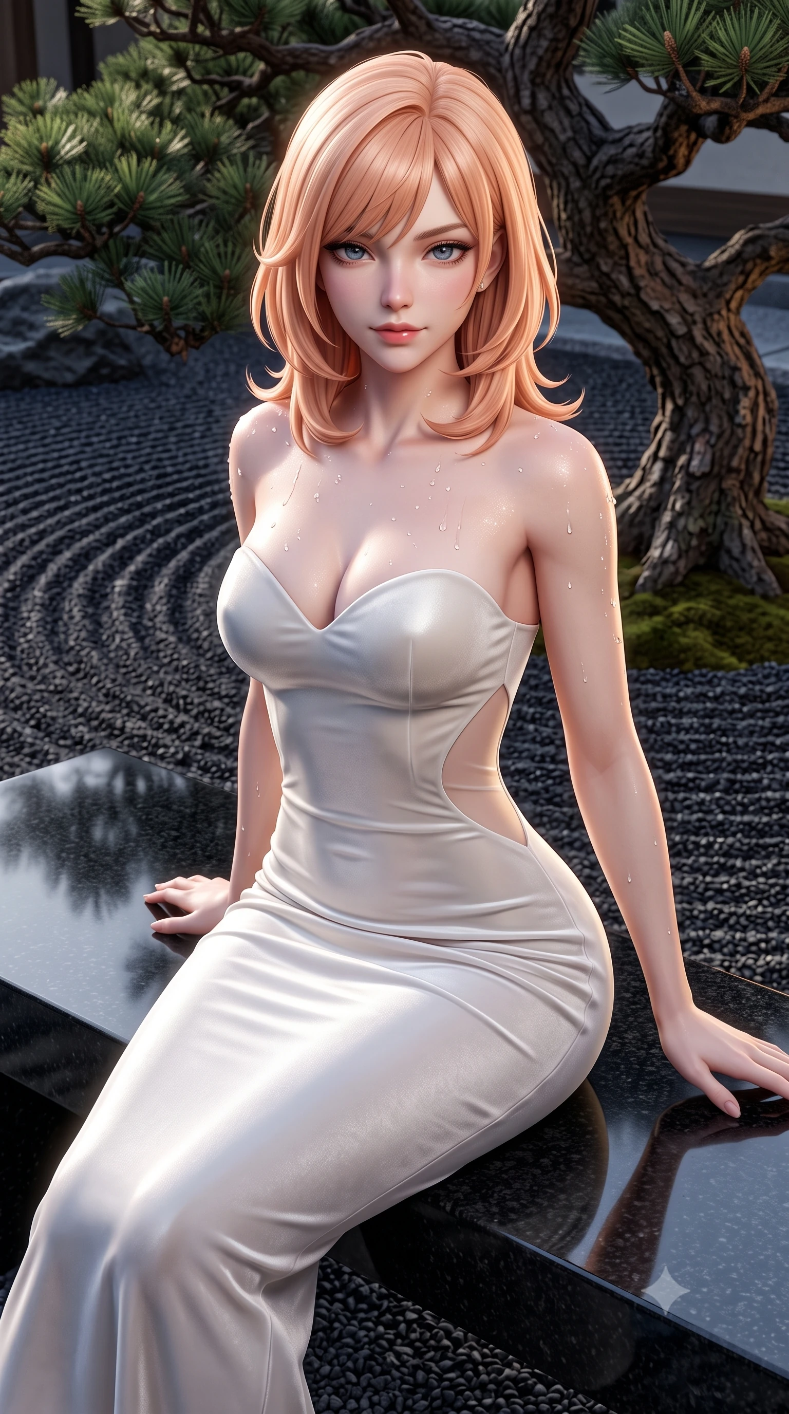 score_9, masterpiece, best quality, ultra-detailed, high-budget anime keyframe, semi-realistic 3D game render, editorial fashion photography, tasteful artistic composition, Japanese woman. close-up cowboy shot from the waist and thighs up, the character dominates the composition, filling the frame with her large presence. leaning forward while arching her lower back to accentuate her curvy hips, looking into the camera with an intoxicating smoldering gaze and bedroom-eyes while sitting gracefully on the smooth polished granite monolith bench, arching her lower back to emphasize her curvy hips amid raked dark gravel. The surrounding environment is rendered in vivid detail and crisp panoramic clarity: sharp raked gravel furrows, gnarled pine bark textures, and polished black granite bench surfaces in deep focus. She has an exceptionally elegant, slender, and willowy female figure with an ultra-slim waist, flat toned midriff, narrow ribcage, and sculpted feminine hips creating an alluring, slim hourglass silhouette without bulk. sharp v-shaped jawline, high-bridge nose, sparkling eyes with hypnotic seductive depth, thick curled eyelashes, glossy parted lips with a natural dewy peach sheen, alluring bedroom-eyes with an enchanting coquettish smile, exuding magnetic siren charisma and sophisticated glamour, flawlessly proportioned anatomical accuracy, strict slender model proportions, natural body alignment, perfectly sculpted long slender limbs, ultra-slim waistline, clean dynamic posture without body distortion. wearing a deep sweetheart-neckline velvet bodycon dress with sheer side-torso cutouts accentuating her hourglass curves in pure pearl alabaster with platinum sheen, tailored from ultra-plush velvet with rich tactile depth and deep shadow gradients, finished with glistening drops of hot spring water beading across her sculpted shoulders and collarbones, the second-skin tailored fabric adhering flawlessly to her sculpted flat midriff and slender torso, emphasizing her long leg lines and perfectly proportioned willowy build. illuminated by granite bench reflection fill and sharp platinum-gold rim lights defining her razor-sharp jawline, narrow waist, and curvy hips. highly saturated vibrant anime colors, detailed shading with soft gradients, rich glossy textures, high-contrast stereoscopic depth, volumetric dynamic lighting, master piece, 9:16 ratio