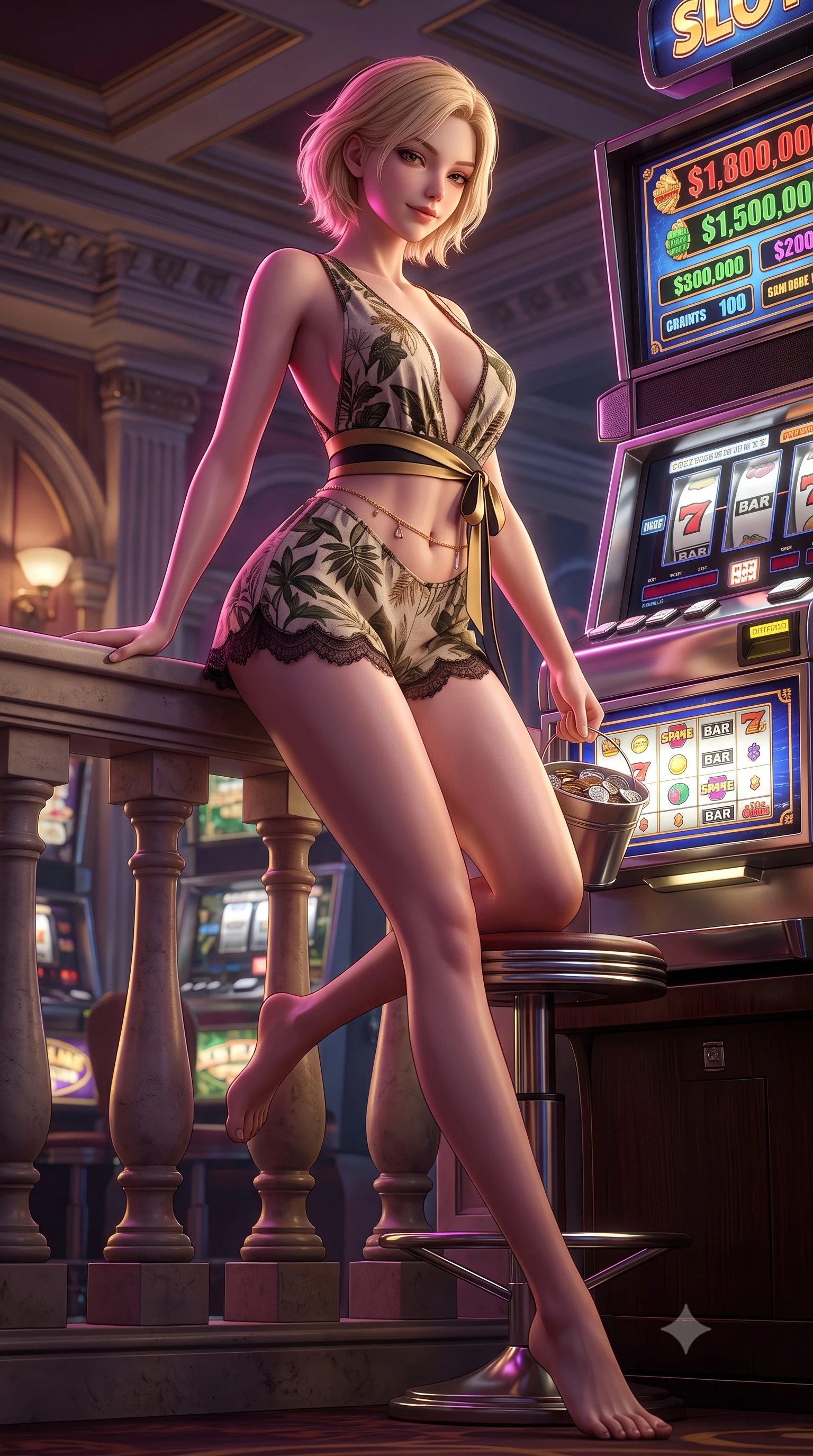 score_9, masterpiece, best quality, ultra-detailed, high-budget anime keyframe, semi-realistic 3D game render, editorial fashion photography, tasteful artistic composition, Caucasian woman. low angle full-body shot from head to toe showing her feet, filling the entire 9:16 vertical frame with her statuesque presence, stretching her vertical silhouette. leaning deep against the balcony balustrade with hips cocked back in an unapologetically alluring high-fashion stance, casting an intoxicating glance while sitting perched on the machine stool with legs extended, holding a bucket of metallic prize tokens with an intoxicating bedroom-smile. The surrounding environment is rendered in vivid detail and crisp panoramic clarity: sharp high-resolution CRT/OLED slot screen graphics, chrome coin tray reflection, and push button illumination in deep focus. She has an absolutely perfect, statuesque 8.5-heads proportion, an exceptionally tall and slender model-like female figure with impossibly long slender legs, an ultra-slim waist, a flat toned midriff, narrow delicate ribcage, and beautifully sculpted feminine hips creating a graceful, slim hourglass silhouette without any bulky heaviness. sharp v-shaped jawline, high-bridge nose, sparkling eyes with hypnotic seductive depth, thick curled eyelashes, glossy parted lips with a natural dewy peach sheen, alluring bedroom-eyes with an enchanting coquettish smile, exuding magnetic siren charisma and sophisticated glamour, flawlessly proportioned anatomical accuracy, strict slender model proportions, natural body alignment, perfectly sculpted long slender limbs, ultra-slim waistline, clean dynamic posture without body distortion. wearing a deep V-neck botanical romper with scalloped eyelash-lace hems and a cinched satin ribbon tracing her narrow waist in dual-tone high-contrast gold-and-black monochrome, tailored from fine breathable linen with soft natural texture and elegant drape, accented with a dainty gold belly chain resting across her flat midriff and curving hips, the glove-like clinging cut tightly following the natural contour of her hips and long slender legs with youthful 8.5-heads elegance. illuminated by coin tray bounce and sharp magenta-gold rim lights sculpting her jawline, flat midriff, and voluptuous hip curves. highly saturated vibrant anime colors, detailed shading with soft gradients, rich glossy textures, high-contrast stereoscopic depth, volumetric dynamic lighting, master piece, 9:16 ratio