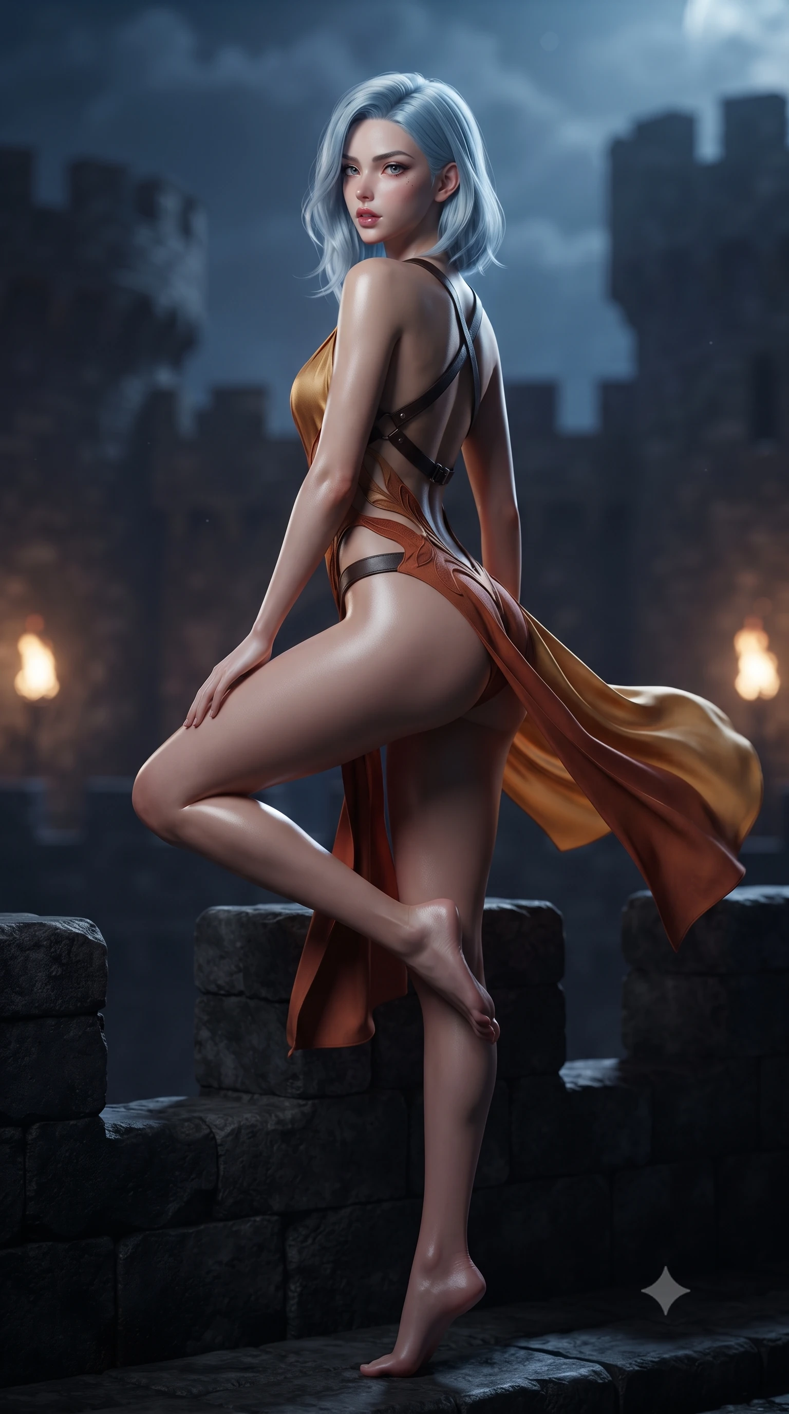score_9, masterpiece, best quality, ultra-detailed, high-budget anime keyframe, editorial fashion photography, tasteful artistic composition, Korean woman. low angle full-body shot from head to toe showing her feet, filling the entire 9:16 vertical frame with her statuesque presence, stretching her vertical silhouette. executing an elegant mid-motion pivot turn as garments swirl around her slender limbs, glancing over her shoulder with an intoxicating bedroom-gaze while sitting perched on the battlements with one knee drawn up and long legs angled down, moonlight tracing her throat and sculpted waist. The composition keeps background elements in soft focus with creamy bokeh. stone battlements and flickering perimeter torchlights softened in dramatic cinematic depth. She has an exceptionally tall and slender model-like 8.5-heads proportion, an ultra-slim waist, a flat toned midriff, narrow delicate ribcage, and beautifully sculpted feminine hips creating a graceful, slim hourglass silhouette without any bulky heaviness, with impossibly long slender legs. sharp v-shaped jawline, high-bridge nose, intricate jewel-like eyes with depth, thick eyelashes, glossy parted lips with a natural sheen, intensely captivating and seductive bedroom-eyes expression, flawlessly proportioned anatomical accuracy, strict slender model proportions, natural body alignment, perfectly sculpted long slender limbs, ultra-slim waistline, clean dynamic posture without body distortion. wearing a botanical cutout monokini with organic leaf-curve side openings and high-cut hip bands in molten desert gold and burnt terracotta, made of fluid silk crepe with delicate inner corsetry boning, featuring an open-back criss-cross harness strap in dark leather, the second-skin form-contouring cut accentuating her sculpted flat midriff, narrow delicate ribcage, and gracefully curvy hips with supermodel precision. illuminated by crisp directional edge highlights sculpting her bare collarbones, slender waist, and curvy hips. ultra-reflective glossy finish, specular highlights, rich textural contrasts, high-contrast stereoscopic depth, volumetric dynamic lighting, 2k, ultra detail, master piece, 9:16 ratio