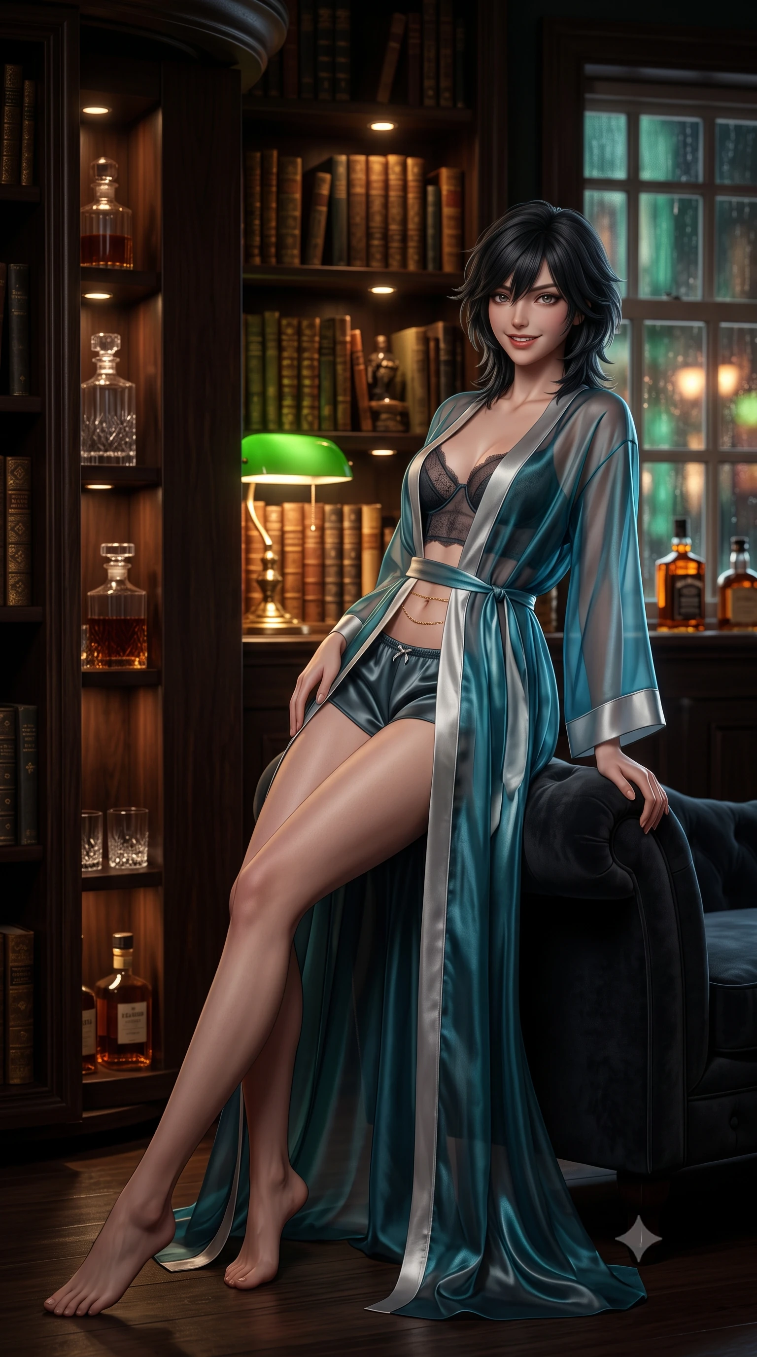 score_9, masterpiece, best quality, ultra-detailed, high-budget anime keyframe, semi-realistic 3D game render, editorial fashion photography, tasteful artistic composition, Caucasian woman. low angle full-body shot from head to toe showing her feet, filling the entire 9:16 vertical frame with her statuesque presence, stretching her vertical silhouette. reclining gracefully across the plush chaise lounge with one leg extended, her sculpted silhouette and flat midriff radiating magnetic nocturnal glamour while standing poised beside the secret revolving bookcase entrance revealing illuminated crystal liquor decanters, arching her lower back with seductive dark-academia allure. The background shows a soft-focus leather-bound antique gilt books on soaring shelves, backlit amber liquor bottles, and rainy Mayfair streetlamps through sash windows blurred into emerald, amber, and mahogany bokeh. She has an exceptionally tall and slender model-like 8.5-heads proportion, an ultra-slim waist, a flat toned midriff, narrow delicate ribcage, and beautifully sculpted feminine hips creating a graceful, slim hourglass silhouette without any bulky heaviness, with impossibly long slender legs. sharp v-shaped jawline, high-bridge nose, intricate jewel-like sparkling eyes with depth, thick eyelashes, glossy parted lips with a natural peach sheen, bright cheerful beaming smile with an enchanting and coquettish sensual glint, exuding both youthful cute charm and seductive allure, flawlessly proportioned anatomical accuracy, strict slender model proportions, natural body alignment, perfectly sculpted long slender limbs, ultra-slim waistline, clean dynamic posture without body distortion. wearing a delicate translucent silk organza wrap robe worn loose over a sheer lace demi-bustier and satin tap pants in Capri Grotta cyan and radiant moonlit silver, woven from buttery-soft stretch lambskin leather adhering to her body like a second skin, accented with a dainty gold belly chain resting across her flat midriff and curving hips, the high-slit wrap tailoring accentuating her ultra-slim waistline and the enchanting curve of her feminine hips with alluring seductive charm. bathed in the rich chiaroscuro 2400K incandescent warmth of green banker's lamps and concealed shelf downlights. highly saturated vibrant anime colors, detailed shading with soft gradients, rich glossy textures, high-contrast stereoscopic depth, volumetric dynamic lighting, master piece, 9:16 ratio