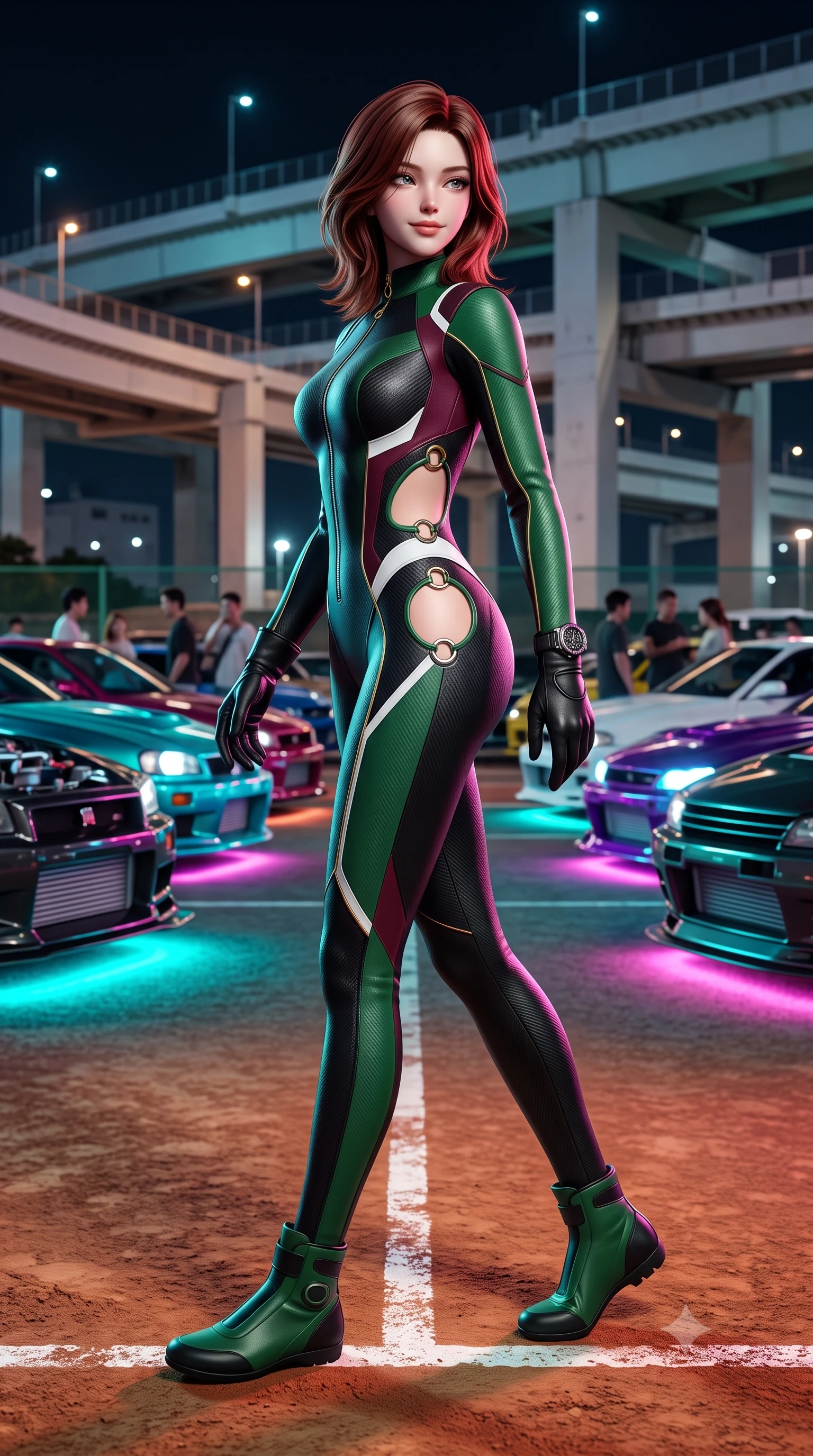 score_9, masterpiece, best quality, ultra-detailed, high-budget anime keyframe, semi-realistic 3D game render, editorial fashion photography, tasteful artistic composition, Korean woman. low angle full-body shot from head to toe showing her feet, filling the entire 9:16 vertical frame with her statuesque presence, stretching her vertical silhouette. walking slowly along the clay court baseline, looking back over her shoulder with an air of effortless grace and an alluring, smoldering smile while walking slowly down the row of roaring tuned engines with sovereign swagger, her long slender legs and hourglass curves commanding the car meet. The surrounding environment is rendered in vivid detail and crisp panoramic clarity: detailed leather suit texture, neon highlights on skin, and industrial Yokohama highway architecture in high clarity. She has an absolutely perfect, statuesque 8.5-heads proportion, an exceptionally tall and slender model-like female figure with impossibly long slender legs, an ultra-slim waist, a flat toned midriff, narrow delicate ribcage, and beautifully sculpted feminine hips creating a graceful, slim hourglass silhouette without any bulky heaviness. sharp v-shaped jawline, high-bridge nose, sparkling eyes with athletic focus and depth, thick curled eyelashes, glossy parted lips with a natural coral-peach sheen, bright confident and coquettish smile with alluring bedroom-eyes, exuding both youthful sporty vigor and sovereign high-society glamour, flawlessly proportioned anatomical accuracy, strict slender model proportions, natural body alignment, perfectly sculpted long slender limbs, ultra-slim waistline, clean dynamic posture without body distortion. wearing a high-performance speeder racing suit in matte black and Wimbledon green with gold hardware rings in rich burgundy wine and crisp court white, tailored from lightweight aerodynamic carbon-fiber composite with structured weave, finished with sharp laser-cut side ventilation cutouts framed by chrome rings, the glove-like aerodynamic silhouette tightly following the natural contour of her hips and long slender legs with youthful 8.5-heads elegance. bathed in intense saturated underglow neons in electric cyan and magenta contrasting with night shadows. highly saturated vibrant anime colors, detailed shading with soft gradients, rich glossy textures, high-contrast stereoscopic depth, volumetric dynamic lighting, master piece, 9:16 ratio