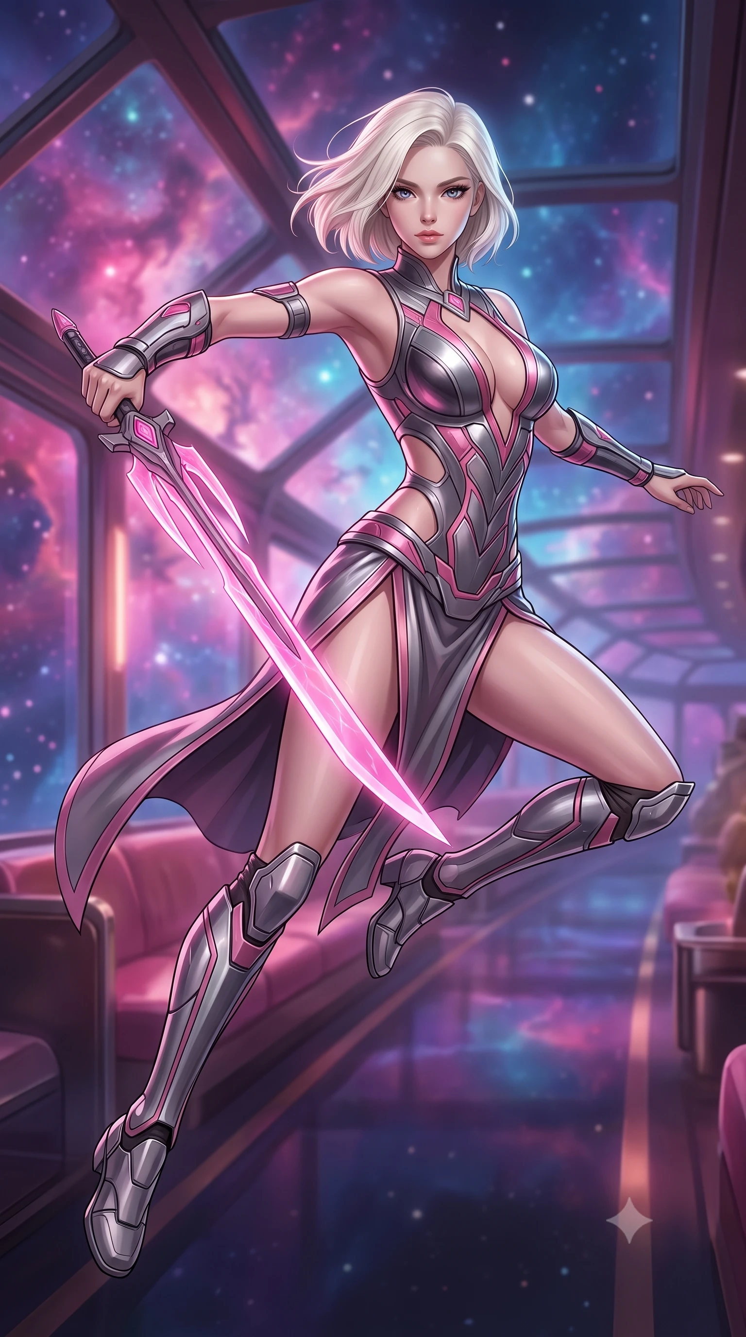 score_9, masterpiece, best quality, ultra-detailed, high-budget anime keyframe, editorial fashion photography, tasteful artistic composition, Caucasian woman. low angle full-body shot from head to toe showing her feet, filling the entire 9:16 vertical frame with her statuesque presence, stretching her vertical silhouette. leaping forward while slashing with a twin-bladed plasma sword in mid-air, her body-contouring suit showing her athletic silhouette, the background shows a soft-focus a rail observation deck train lounge winding through a cosmic nebula in space. She has an absolutely perfect, statuesque 8.5-heads proportion, an exceptionally tall and slender model-like female figure with impossibly long slender legs and an ultra-slim waist. sharp v-shaped jawline, high-bridge nose, intricate jewel-like eyes with depth, thick eyelashes, glossy lips with a natural sheen. wearing a body-hugging deep plunging-V neck bodycon armor top, featuring keyhole cutouts along the ribs and a thigh-slit wrap skirt. glass train lounges catching the pink and purple hues of nebula light. highly saturated vibrant anime colors, detailed shading with soft gradients, rich glossy textures, high-contrast stereoscopic depth, volumetric dynamic lighting, master piece, 9:16 ratio