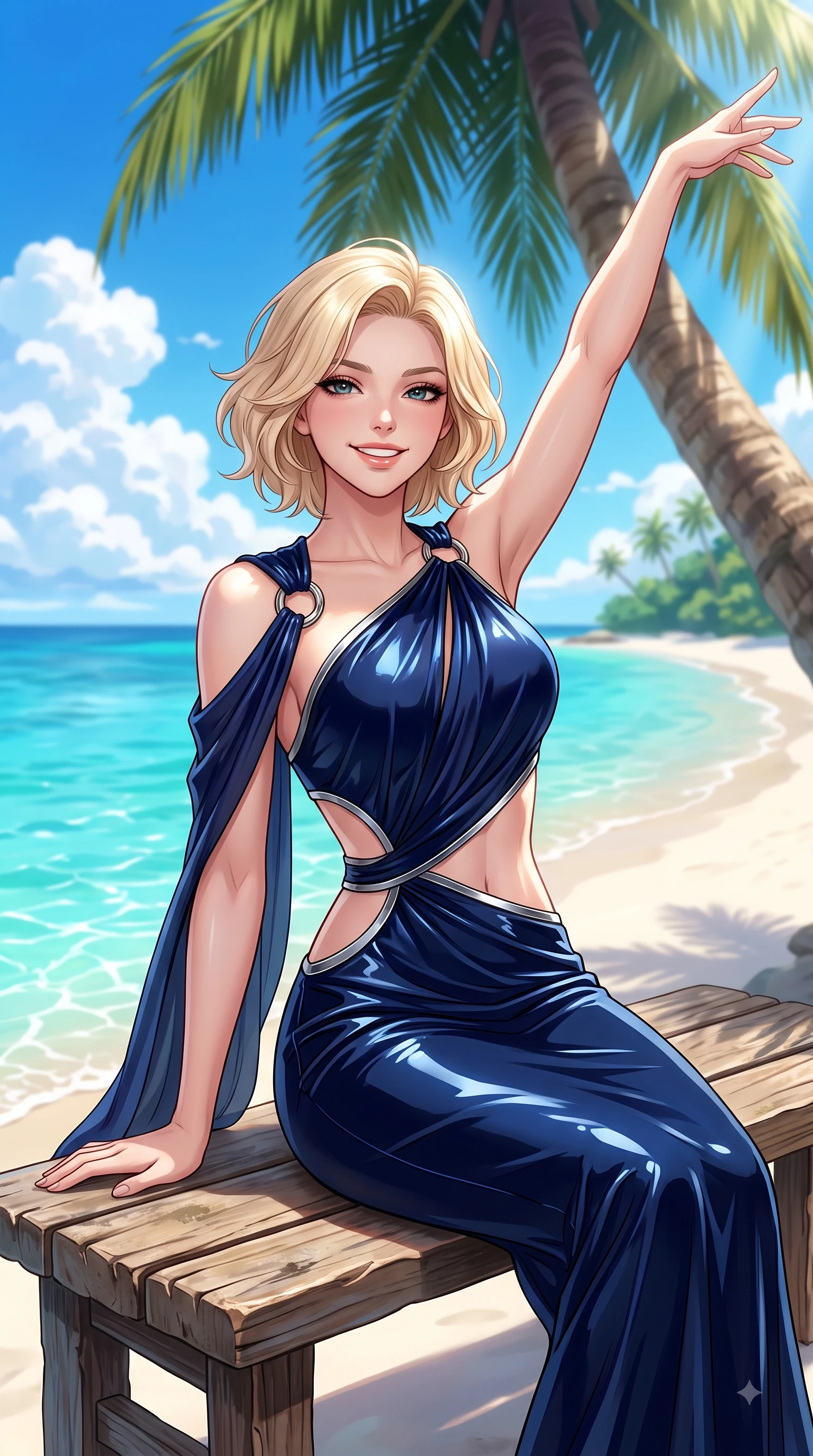 score_9, masterpiece, best quality, ultra-detailed, high-budget anime keyframe, editorial fashion photography, tasteful artistic composition, Caucasian woman. close-up cowboy shot from the waist and thighs up, the character dominates the composition, filling the frame with her large presence, background elements kept in soft focus. Extending one arm in an elegant stretch toward the light while smiling with vibrant, youthful self-assurance while resting on a wooden bench under a palm tree overlooking a crystal-clear tropical cove, clear blue sky with soft white fluffy cumulus clouds adding vacation joy. She has an exceptionally elegant, slender, and willowy female figure with an ultra-slim waist, a gracefully sculpted slender torso, and a refined silhouette. sharp v-shaped jawline, high-bridge nose, intricate jewel-like eyes with depth, thick eyelashes, glossy lips with a natural sheen, flawlessly proportioned anatomical accuracy, natural body alignment, perfectly sculpted elegant limbs, clean dynamic posture without body distortion. wearing an asymmetrical Grecian draped chiffon gown with a metallic shoulder ring in midnight navy blue and chrome trim, tailored from high-gloss patent leather, featuring clean architectural cutouts along her slender torso, the tailored fabric tightly following every curve of her athletic build. bathed in bright sunny tropical sunbeams and sparkling turquoise sea refractions. highly saturated vibrant anime colors, detailed shading with soft gradients, rich glossy textures, high-contrast stereoscopic depth, volumetric dynamic lighting, master piece, 9:16 ratio