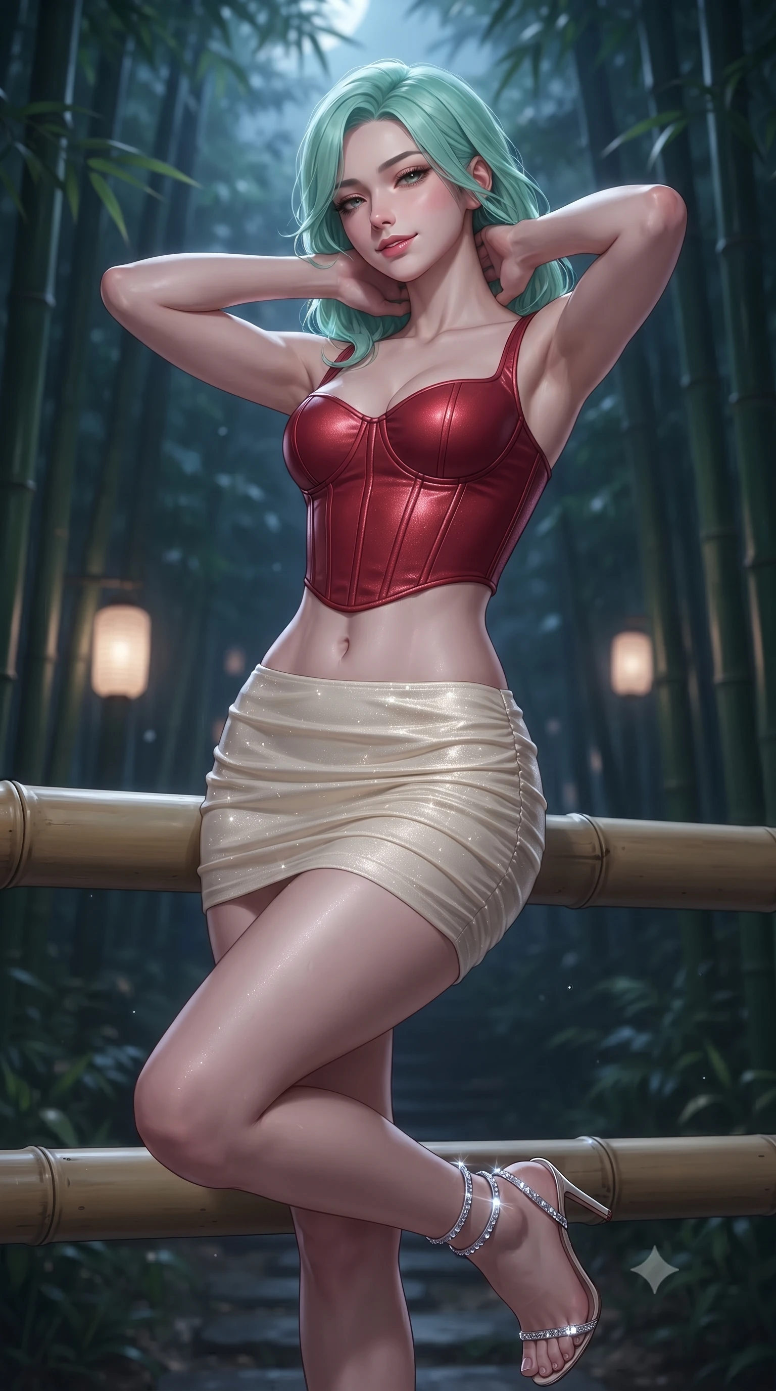score_9, masterpiece, best quality, ultra-detailed, high-budget anime keyframe, editorial fashion photography, tasteful artistic composition, Japanese woman. close-up cowboy shot from the waist and thighs up, the character dominates the composition, filling the frame with her large presence. resting both hands lightly behind her neck with elbows raised, arching her spine to highlight her narrow waist, flat midriff, and breathtaking collarbones while leaning back against the smooth bamboo balustrade with relaxed allure, casting an intoxicating, heavy-lidded bedroom-gaze toward the camera. The background shows a soft-focus faint paper lanterns glowing softly between bamboo groves softened in intimate nocturnal shallow focus. She has an exceptionally elegant, slender, and willowy female figure with an ultra-slim waist, flat toned midriff, narrow ribcage, and sculpted feminine hips creating an alluring, slim hourglass silhouette without bulk. sharp v-shaped jawline, high-bridge nose, sparkling eyes with hypnotic seductive depth, thick curled eyelashes, glossy parted lips with a natural dewy peach sheen, alluring bedroom-eyes with an enchanting coquettish smile, exuding magnetic siren charisma and sophisticated glamour, flawlessly proportioned anatomical accuracy, strict slender model proportions, natural body alignment, perfectly sculpted long slender limbs, ultra-slim waistline, clean dynamic posture without body distortion. wearing a structured boned leatherette corset top paired with an ultra-short ruched neon mini skirt in royal vermilion crimson and pale ivory silk, woven from stretch metallic lurex jersey casting radiant starlight glints across her silhouette, complemented by strappy stiletto sandals with crystal ankle wraps accentuating her slender calves, the liquid-tight tailored fabric clinging flawlessly to her narrow waist and rounded feminine hips, emphasizing every millimeter of her sculpted slim hourglass curves without any bulky heaviness. bathed in cool moonlight filtering delicately through the dense bamboo canopy. ultra-reflective glossy finish, specular highlights, rich textural contrasts, high-contrast stereoscopic depth, volumetric dynamic lighting, 2k, ultra detail, master piece, 9:16 ratio