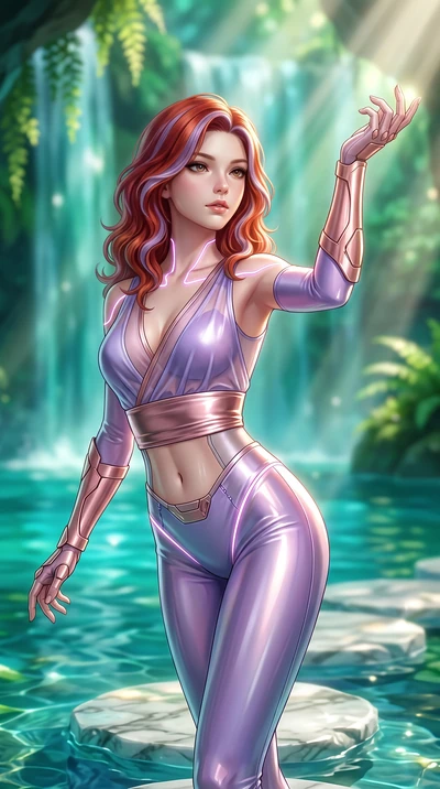 score_9, masterpiece, best quality, ultra-detailed, high-budget anime keyframe, semi-realistic 3D game render, editorial fashion photography, tasteful artistic composition, Caucasian woman. close-up cowboy shot from the waist and thighs up, the chara