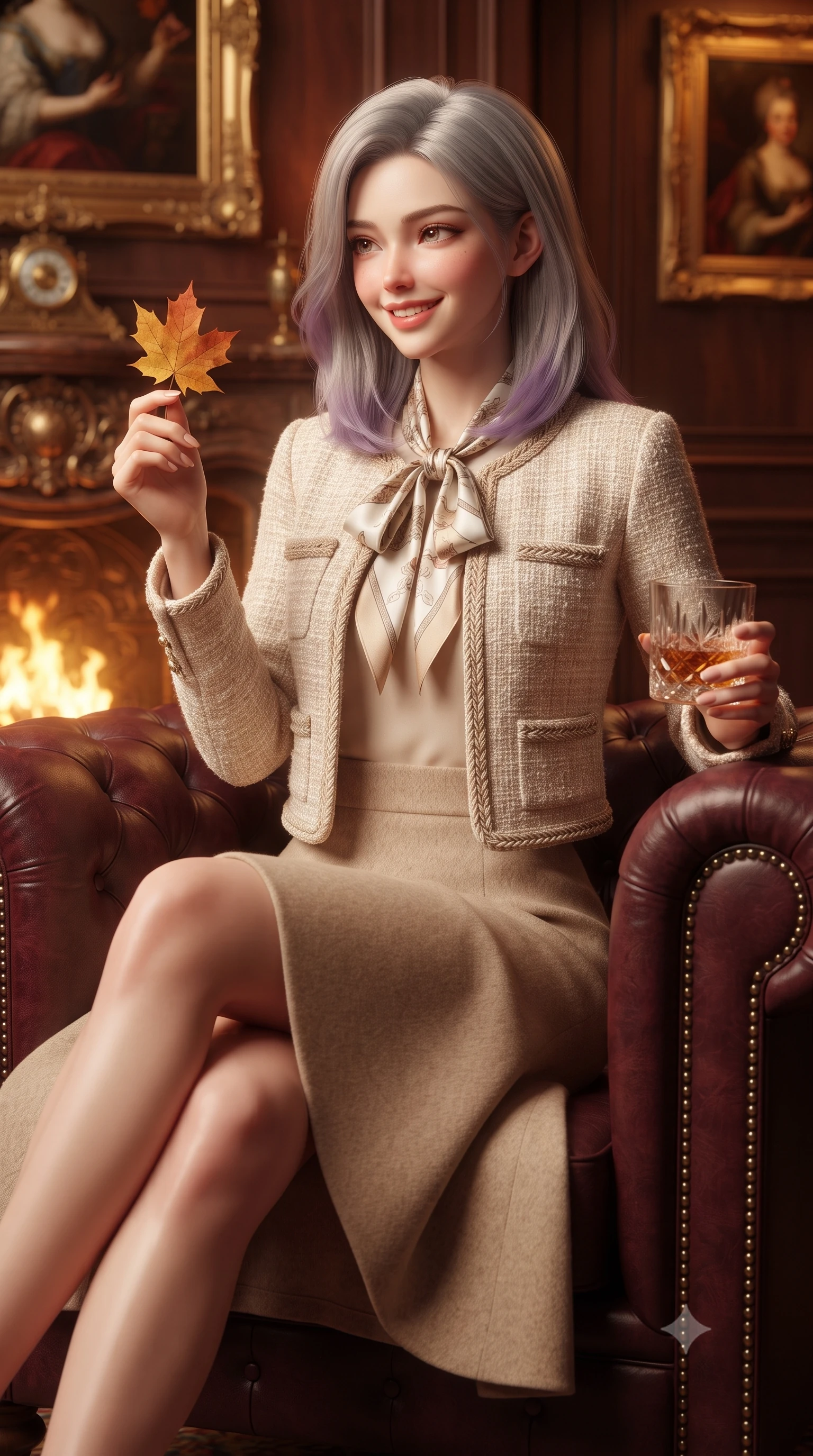 score_9, masterpiece, best quality, ultra-detailed, high-budget anime keyframe, editorial fashion photography, tasteful artistic composition, Caucasian woman. close-up cowboy shot from the waist and thighs up, the character dominates the composition, filling the frame with her large presence. holding a single autumn leaf delicately between manicured fingers, admiring it with a cheerful, parted-lip smile while relaxing comfortably in a deep tufted burgundy Chesterfield armchair with legs crossed, holding a crystal glass with a knowing smile. The background shows a soft-focus flickering golden firelight from ornate hearth, oil paintings in gilded rococo frames, and rich wood wall paneling blurred into mahogany, crimson, and gold bokeh. She has an exceptionally elegant, slender, and willowy female figure with an ultra-slim waist, flat toned midriff, narrow ribcage, and sculpted feminine hips creating an alluring, slim hourglass silhouette without bulk. sharp v-shaped jawline, high-bridge nose, intricate jewel-like sparkling eyes with depth, thick eyelashes, glossy parted lips with a natural peach sheen, bright cheerful beaming smile with an enchanting and coquettish sensual glint, exuding both youthful cute charm and seductive allure, flawlessly proportioned anatomical accuracy, strict slender model proportions, natural body alignment, perfectly sculpted long slender limbs, ultra-slim waistline, clean dynamic posture without body distortion. wearing a collarless pastel bouclé tweed jacket with braided trims paired with a coordinating high-waisted A-line midi skirt in soft champagne ivory and warm biscuit beige, made of luxurious brushed wool flannel with rich textural depth and clean structure, finished with a printed silk twilly scarf knotted gracefully around her neck, the sharp shoulder tailoring and gently nipped waist framing her slender torso with pristine sartorial perfection. bathed in the rich, dancing warm 2400K hearth glow from the roaring fireplace mixed with soft brass floor lamp pools. ultra-reflective glossy finish, specular highlights, rich textural contrasts, high-contrast stereoscopic depth, volumetric dynamic lighting, 2k, ultra detail, master piece, 9:16 ratio