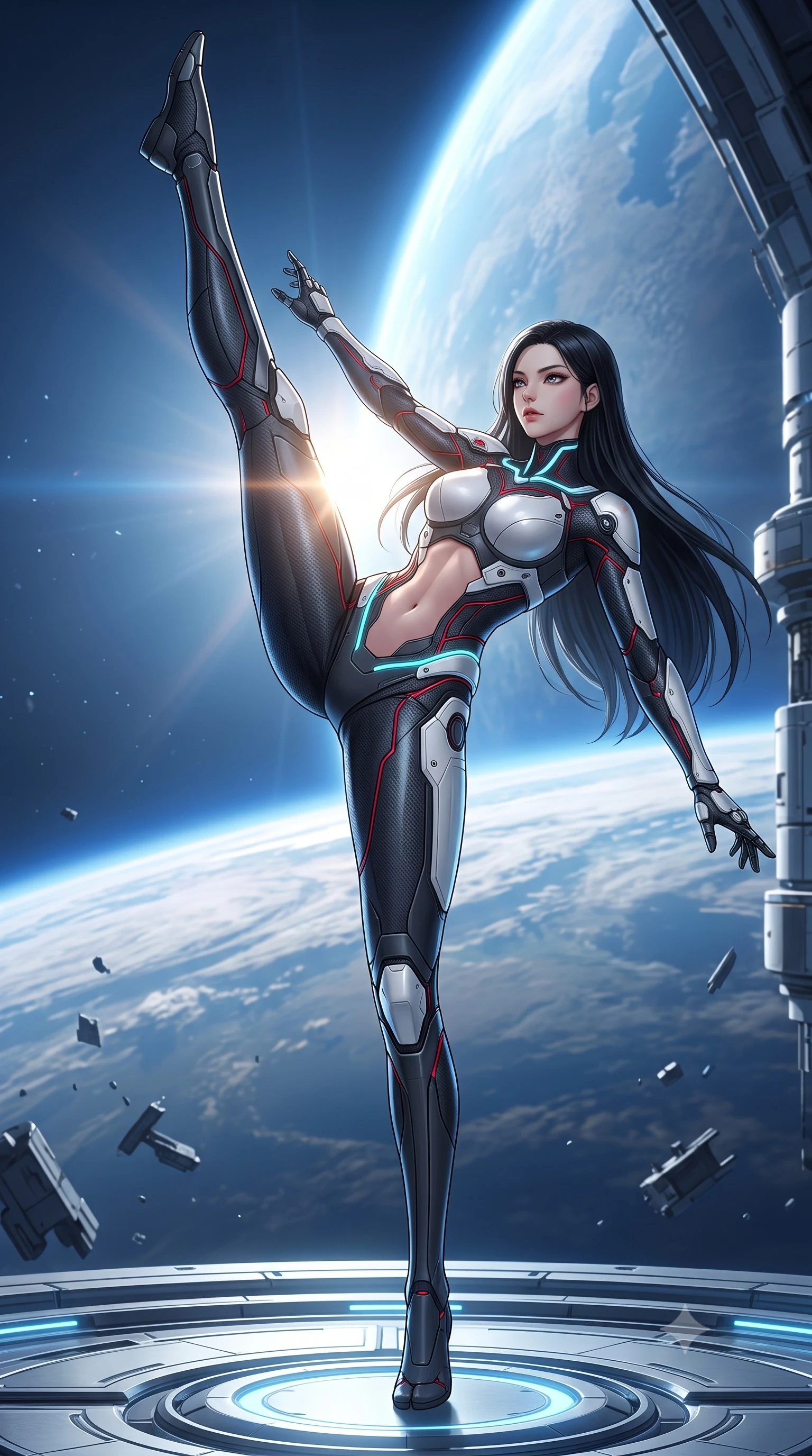 score_9, masterpiece, best quality, ultra-detailed, high-budget anime keyframe, semi-realistic 3D game render, editorial fashion photography, tasteful artistic composition, Korean woman. low angle full-body shot from head to toe showing her feet, filling the entire 9:16 vertical frame with her statuesque presence, stretching her vertical silhouette. executing a breathtaking zero-gravity high-kick with full 180-degree vertical extension, her impossibly long slender legs dominating the frame with razor-sharp poise while arching her back gracefully in zero-gravity with arms outstretched in fluid kinetic tension as solar rays trace her torso. The surrounding environment is rendered in vivid detail and crisp panoramic clarity. sharp carbon armor joint seams, polished knuckle plate facets, and Earth's atmospheric haze in deep focus. She has an absolutely perfect, statuesque 8.5-heads proportion, an exceptionally tall and slender model-like female figure with impossibly long slender legs, a toned flat midriff, and an ultra-slim waist. sharp v-shaped jawline, high-bridge nose, intricate jewel-like eyes with depth, thick eyelashes, glossy lips with a natural sheen, flawlessly proportioned anatomical accuracy, strict slender model proportions, natural body alignment, perfectly sculpted long slender limbs, ultra-slim waistline, clean dynamic posture without body distortion. wearing a second-skin dark gunmetal carbon-weave battle-suit with crimson laser conduits and high-frequency knuckle strike plates in glacial ice-cyan carbon mesh with pure white armor plates, made of lightweight aerodynamic carbon-titanium alloy with polished edge bevels, accented with glowing fiber-optic conduits tracing her collarbones and hip curves, the glove-like aerodynamic second-skin fit tightly clinging to her ultra-slender waist and athletic curves without adding bulk, accentuating her razor-sharp statuesque lines and slim hourglass silhouette. bathed in dazzling natural orbital sunlight and rich blue planetary ambient bounce light. rich saturated anime colors with glowing neon highlights, detailed shading with soft gradients, rich glossy textures, high-contrast stereoscopic depth, volumetric dynamic lighting, master piece, 9:16 ratio