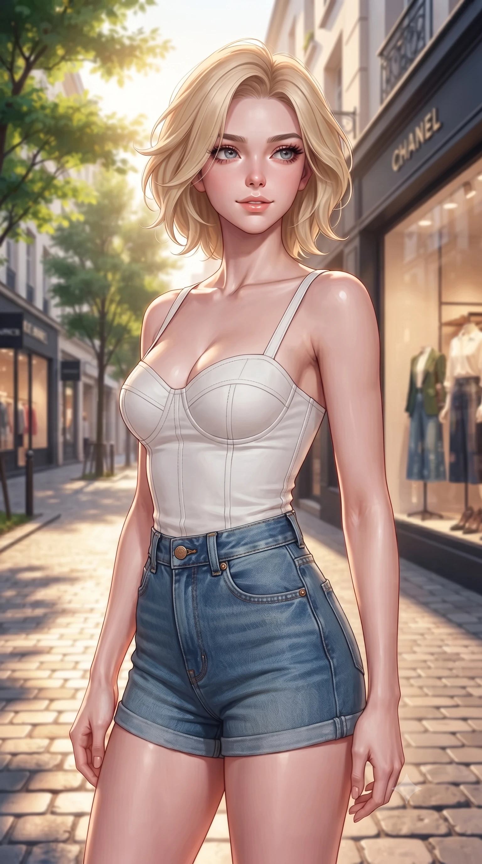 score_9, masterpiece, best quality, ultra-detailed, high-budget anime keyframe, editorial fashion photography, tasteful artistic composition, Caucasian woman. close-up cowboy shot from the waist and thighs up, the character dominates the composition, filling the frame with her large presence, background elements kept in soft focus. gazing past the camera with an alluring, daydreaming expression and a sweet half-smile set against a soft-focus background of on a trendy shopping street lined with modern boutique shops and green trees with stylish shopping window displays showing chic clothes in soft focus behind her. She has an exceptionally elegant, slender, and willowy female figure with an ultra-slim waist, a gracefully sculpted slender torso, and a refined silhouette. sharp v-shaped jawline, high-bridge nose, intricate jewel-like eyes with depth, thick eyelashes, glossy lips with a natural sheen. wearing tailored tailored cotton bustier top paired with high-waist denim shorts. soft morning sun rays painting the street in a fresh, energetic gold tone. highly saturated vibrant anime colors, detailed shading with soft gradients, rich glossy textures, high-contrast stereoscopic depth, volumetric dynamic lighting, master piece, 9:16 ratio