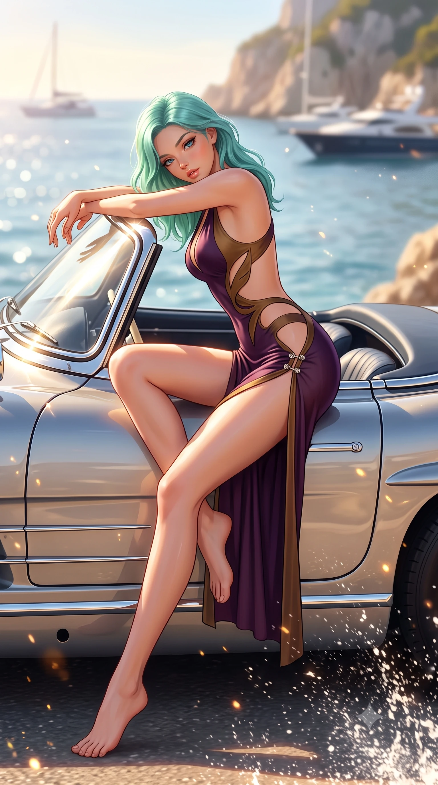 score_9, masterpiece, best quality, ultra-detailed, high-budget anime keyframe, semi-realistic 3D game render, editorial fashion photography, tasteful artistic composition, Japanese woman. low angle full-body shot from head to toe showing her feet, filling the entire 9:16 vertical frame with her statuesque presence, stretching her vertical silhouette. reclining on her side in an elegant Cleopatra pose with one knee drawn up, the dramatic contour of her rounded hips and long slender legs commanding the 9:16 vertical frame while leaning against the chrome windshield frame of the sports car with hips cocked back, looking back over her bare shoulder with sun-dazed bedroom-eyes. The composition keeps background elements in soft focus with creamy bokeh. sun glints off chrome car mirrors and sea spray scattering radiant warm light motes. She has an exceptionally tall and slender model-like 8.5-heads proportion, an ultra-slim waist, a flat toned midriff, narrow delicate ribcage, and beautifully sculpted feminine hips creating a graceful, slim hourglass silhouette without any bulky heaviness, with impossibly long slender legs. sharp v-shaped jawline, high-bridge nose, intricate jewel-like eyes with depth, thick eyelashes, glossy parted lips with a natural sheen, intensely captivating and seductive bedroom-eyes expression, flawlessly proportioned anatomical accuracy, strict slender model proportions, natural body alignment, perfectly sculpted long slender limbs, ultra-slim waistline, clean dynamic posture without body distortion. wearing a botanical cutout monokini with organic leaf-curve side openings and high-cut hip bands in deep plum violet and antique bronze, tailored from liquid silk jersey adhering flawlessly to her slender build, finished with an ultra-high side slit secured by miniature jeweled clasps, the glove-like aerodynamic silhouette tightly following the natural contour of her hips and long slender legs with statuesque 8.5-heads elegance. surrounded by a carefree, elite, and irresistibly magnetic Saint-Tropez heiress aura. highly saturated vibrant anime colors, detailed shading with soft gradients, rich glossy textures, high-contrast stereoscopic depth, volumetric dynamic lighting, master piece, 9:16 ratio