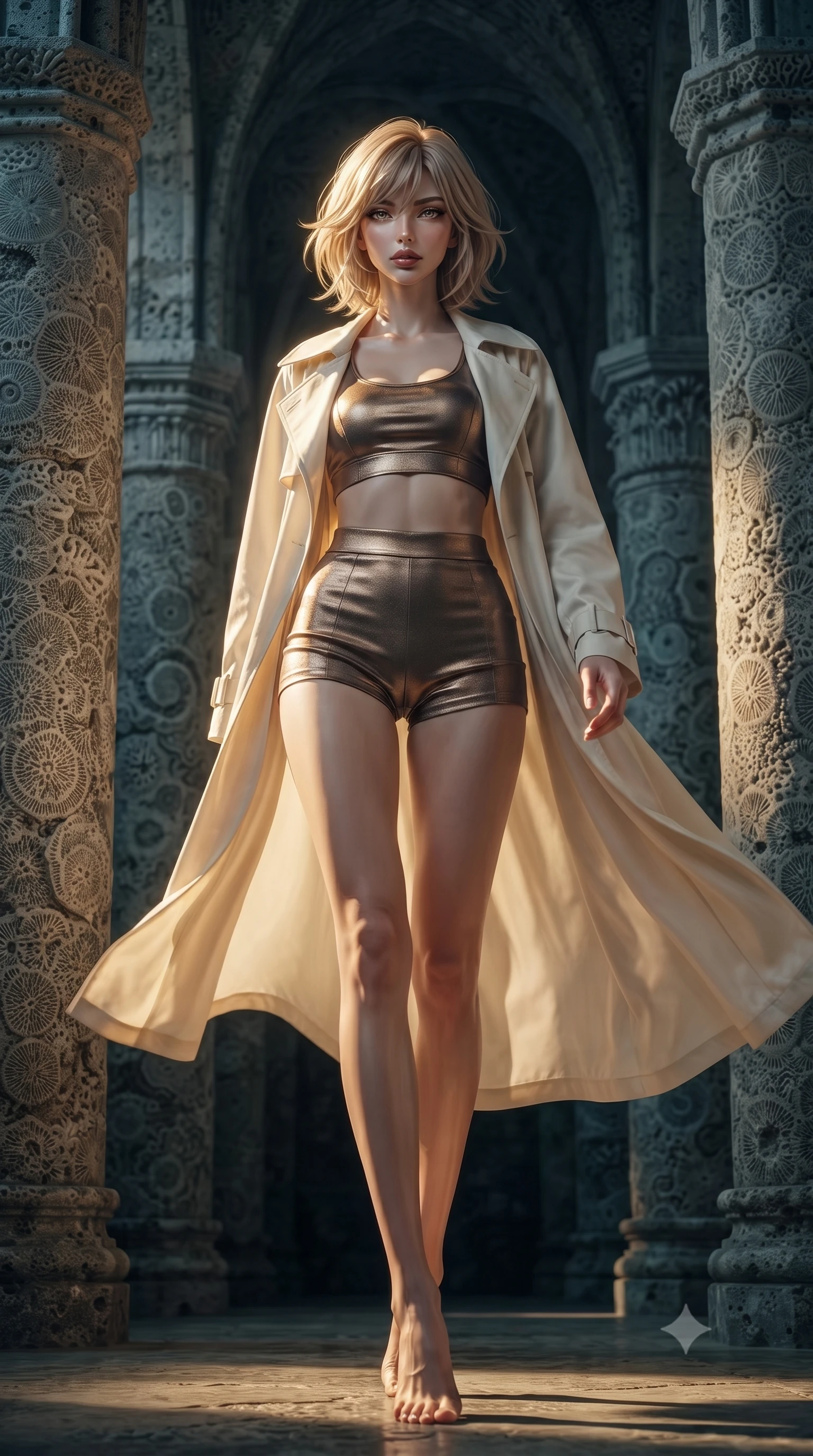score_9, masterpiece, best quality, ultra-detailed, high-budget anime keyframe, editorial fashion photography, tasteful artistic composition, Japanese woman. low angle full-body shot from head to toe showing her feet, filling the entire 9:16 vertical frame with her statuesque presence, stretching her vertical silhouette. navigating with fluid motion through inside an ancient cathedral whose massive stone walls are built entirely from fossilized coral preserving millions of years of marine life in intricate stone patterns each pillar a compressed timeline of ocean history. She has a statuesque 8.5-heads proportion, an exceptionally tall, slender and willowy model-like build with impossibly long legs and a highly sculpted ultra-slim waist. sharp v-shaped jawline, high-bridge nose, intricate jewel-like eyes with depth, thick eyelashes, glossy lips with a natural sheen. wearing a metallic bronze crop top paired with high-waisted matching micro-shorts, under a flowing cream trench coat. dramatic chiaroscuro with a single golden key light sculpting her silhouette. 2k, ultra detail, master piece, 9:16 ratio