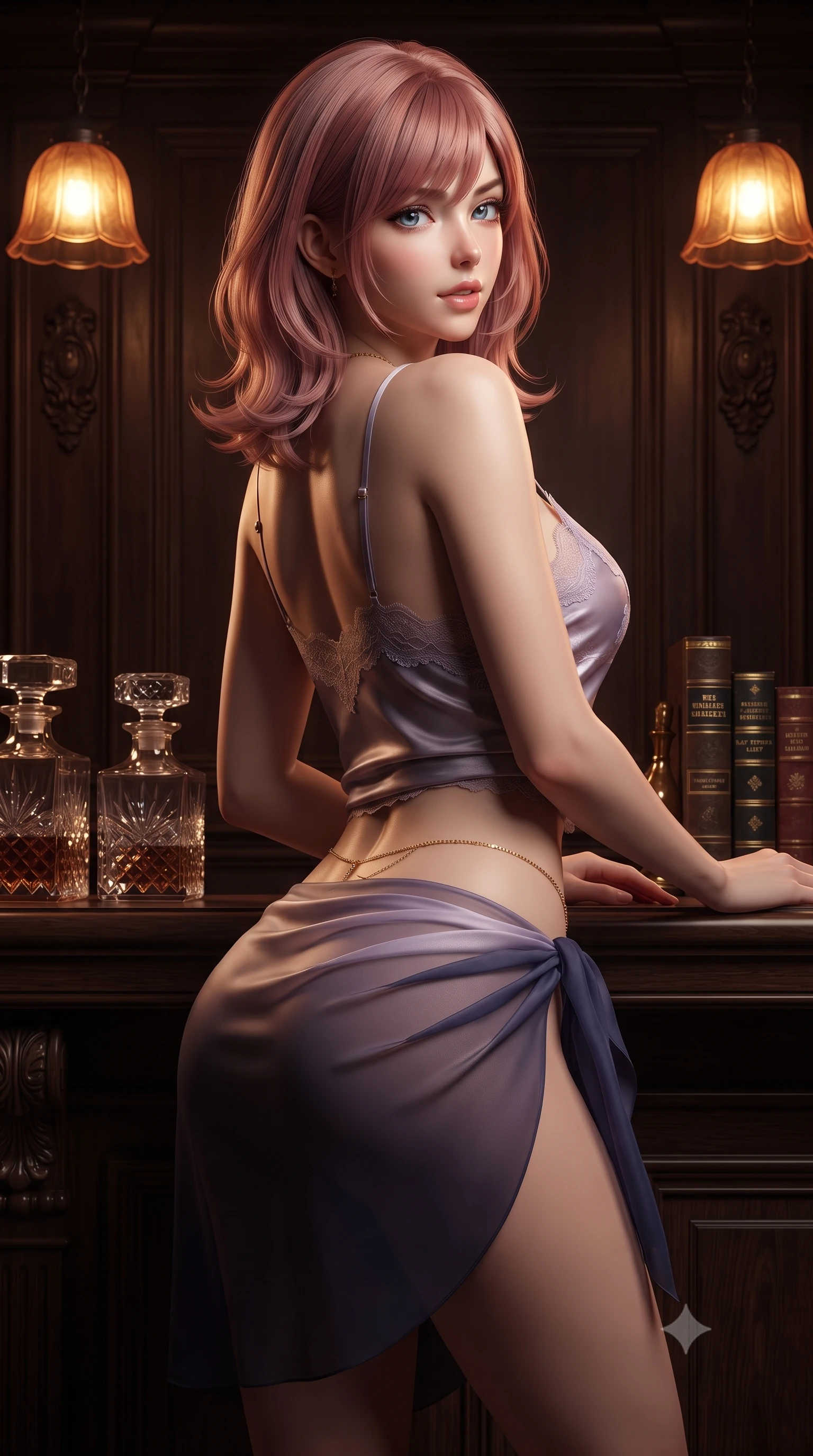 score_9, masterpiece, best quality, ultra-detailed, high-budget anime keyframe, editorial fashion photography, tasteful artistic composition, Japanese woman. close-up cowboy shot from the waist and thighs up, the character dominates the composition, filling the frame with her large presence. posing in an alluring rear three-quarter angle, looking over a bare shoulder with parted glossy lips, her hips cocked back to highlight her slim hourglass curve while twisting her slender torso in an alluring S-curve, amber art-deco shaded lamps tracing her narrow waist, flat midriff, and hips. The surrounding environment is rendered in vivid detail and crisp panoramic clarity: sharp carved walnut moulding profiles, cut-crystal liquor decanter facets, and antique book gold-leaf lettering in deep focus. She has an exceptionally elegant, slender, and willowy female figure with an ultra-slim waist, flat toned midriff, narrow ribcage, and sculpted feminine hips creating an alluring, slim hourglass silhouette without bulk. sharp v-shaped jawline, high-bridge nose, sparkling eyes with hypnotic seductive depth, thick curled eyelashes, glossy parted lips with a natural dewy peach sheen, alluring bedroom-eyes with an enchanting coquettish smile, exuding magnetic siren charisma and sophisticated glamour, flawlessly proportioned anatomical accuracy, strict slender model proportions, natural body alignment, perfectly sculpted long slender limbs, ultra-slim waistline, clean dynamic posture without body distortion. wearing a delicate lace-trimmed silk camisole paired with a draped satin wrap sarong mini skirt with high side slit in twilight lavender and midnight indigo, made of sheer gossamer chiffon that drapes softly against skin with airy translucence, accented with a dainty gold belly chain resting across her flat midriff and curving hips, the form-contouring silhouette accentuating her sculpted flat midriff, narrow delicate ribcage, and gracefully curvy hips with intoxicating allure. bathed in warm moody chiaroscuro lighting spilling from vintage art-deco shaded lamps and the bar niche. ultra-reflective glossy finish, specular highlights, rich textural contrasts, high-contrast stereoscopic depth, volumetric dynamic lighting, 2k, ultra detail, master piece, 9:16 ratio