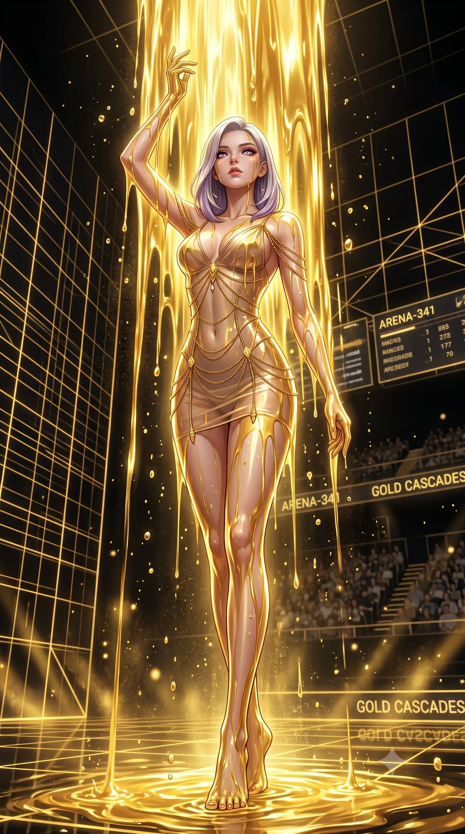 score_9, masterpiece, best quality, ultra-detailed, High-budget Anime Keyframe, Caucasian woman, strictly human ears. Dynamic full-body shot stretching the vertical silhouette to the limit. Scenario 341: standing under a waterfall of liquid gold, the fluid coating her form, in a digital arena where gold gridlines project onto the black walls. Her presence is magnetic and overpowering in this high-budget anime scene. Outfit 341: a form-contouring sheer organza garter with a low-cut shoulder and fine gold chains. The clothing is designed to emphasize her exceptionally tall and slender 8-heads proportion. 8-heads proportion, towering silhouette, ultra-slim waist. sharp v-shaped jawline, intricate jewel-like eyes with depth, thick eyelashes, glossy lips. 2k, ultra detail, master piece, 9:16 ratio