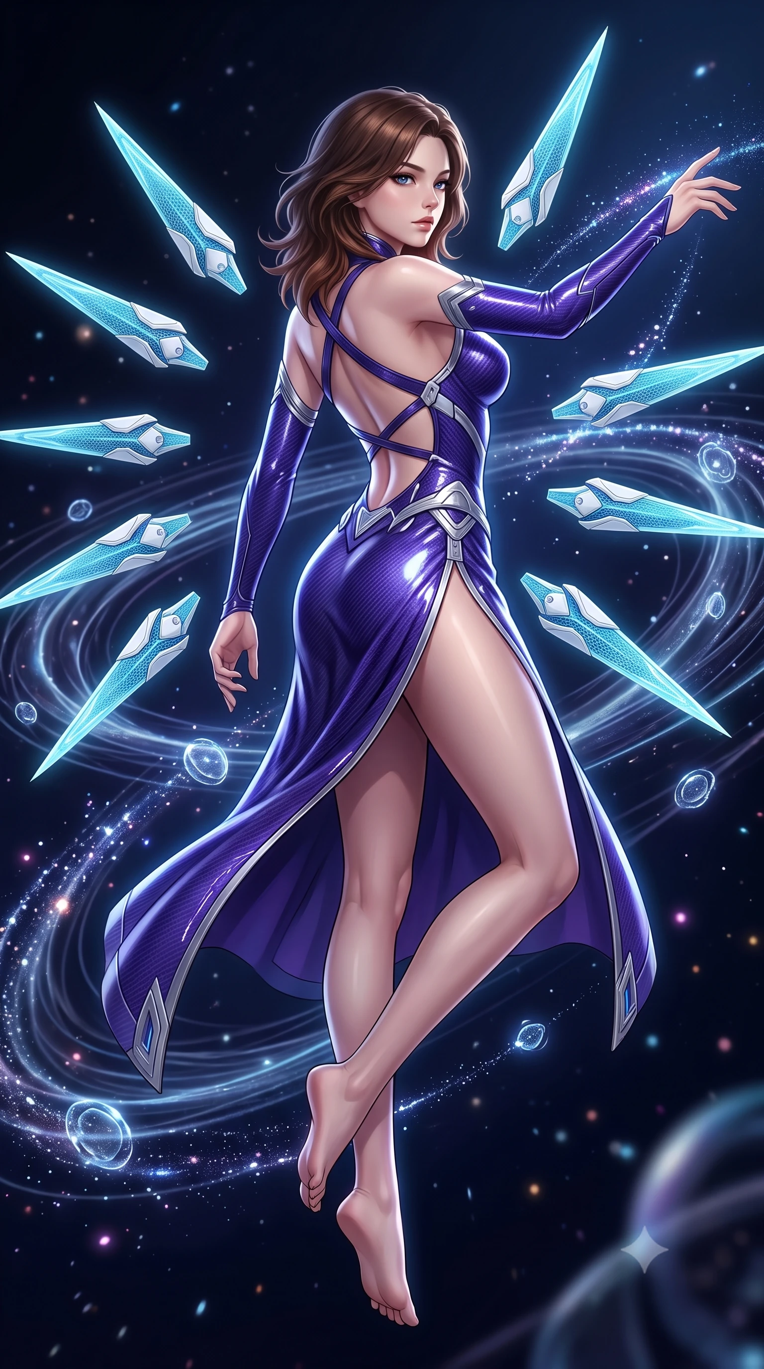 score_9, masterpiece, best quality, ultra-detailed, high-budget anime keyframe, semi-realistic 3D game render, editorial fashion photography, tasteful artistic composition, Korean woman. low angle full-body shot from head to toe showing her feet, filling the entire 9:16 vertical frame with her statuesque presence, stretching her vertical silhouette. pivoting dynamically in mid-motion with a breathtakingly alluring posture, displaying her flawless model proportions, toned flat midriff, and ultra-slim waist while drifting gracefully through a field of orbiting micro-shields as gravitational distortion waves ripple around her contour. The composition keeps background elements in soft focus with creamy bokeh. sparkling quantum particle trails scattering celestial radiance across a deep space backdrop. She has an absolutely perfect, statuesque 8.5-heads proportion, an exceptionally tall and slender model-like female figure with impossibly long slender legs, a toned flat midriff, and an ultra-slim waist. sharp v-shaped jawline, high-bridge nose, intricate jewel-like eyes with depth, thick eyelashes, glossy lips with a natural sheen, flawlessly proportioned anatomical accuracy, strict slender model proportions, natural body alignment, perfectly sculpted long slender limbs, ultra-slim waistline, clean dynamic posture without body distortion. wearing a precision-fitted royal purple carbon-fiber battle-dress with high-slit tactical skirt and silver accents, directing eight floating nano-crystal funnel blades with sovereign gestures in glacial ice-cyan carbon mesh with pure white armor plates, formed from high-gloss patent carbon-plating with specular chiaroscuro reflections, complemented by criss-cross back harness straps highlighting her completely bare spine, the form-contouring material adhering flawlessly to her sculpted flat midriff and slender torso, emphasizing her long leg lines and perfectly proportioned willowy build. illuminated by intense directional rim lights sharply defining her ultra-slim waist, long legs, and flat midriff. rich saturated anime colors with glowing neon highlights, detailed shading with soft gradients, rich glossy textures, high-contrast stereoscopic depth, volumetric dynamic lighting, master piece, 9:16 ratio