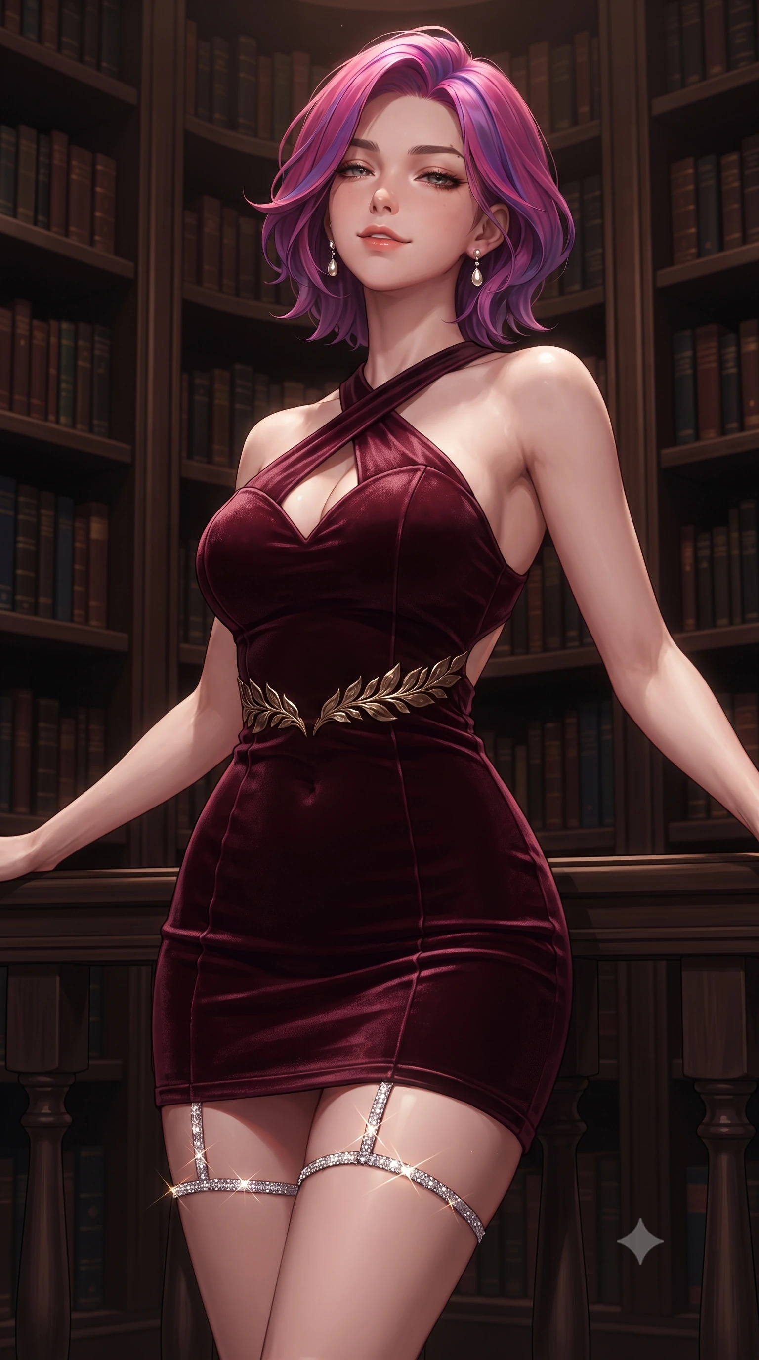score_9, masterpiece, best quality, ultra-detailed, high-budget anime keyframe, editorial fashion photography, tasteful artistic composition, Caucasian woman. close-up cowboy shot from the waist and thighs up, the character dominates the composition, filling the frame with her large presence. leaning back against the balustrade with relaxed seductive grace, head tilted back slightly while casting a hypnotic, heavy-lidded gaze while standing poised between floor-to-ceiling dark walnut bookshelves with hips cocked back, looking back with an intoxicating, smoldering half-smile. The surrounding environment is rendered in vivid detail and crisp panoramic clarity: detailed deep sweetheart velvet bodycon dress texture, pearl earrings sparkle, and bespoke library woodwork in high resolution. She has an exceptionally elegant, slender, and willowy female figure with an ultra-slim waist, flat toned midriff, narrow ribcage, and sculpted feminine hips creating an alluring, slim hourglass silhouette without bulk. sharp v-shaped jawline, high-bridge nose, sparkling eyes with hypnotic seductive depth, thick curled eyelashes, glossy parted lips with a natural dewy peach sheen, alluring bedroom-eyes with an enchanting coquettish smile, exuding magnetic siren charisma and sophisticated glamour, flawlessly proportioned anatomical accuracy, strict slender model proportions, natural body alignment, perfectly sculpted long slender limbs, ultra-slim waistline, clean dynamic posture without body distortion. wearing a criss-cross halterneck keyhole bodysuit with open back and sculpted waist darts in warm amber honey and antique gold leaf, made of semi-opaque stretch illusion mesh with soft shadowy contours, finished with delicate crystal-encrusted thigh garter straps glinting in the dim light, the glove-like clinging cut tightly following the natural contour of her hips and long slender legs with youthful 8.5-heads elegance. illuminated by polished walnut bounce and sharp amber-gold rim lighting defining her delicate clavicles, ultra-slim waist, and curvy hips. ultra-reflective glossy finish, specular highlights, rich textural contrasts, high-contrast stereoscopic depth, volumetric dynamic lighting, 2k, ultra detail, master piece, 9:16 ratio