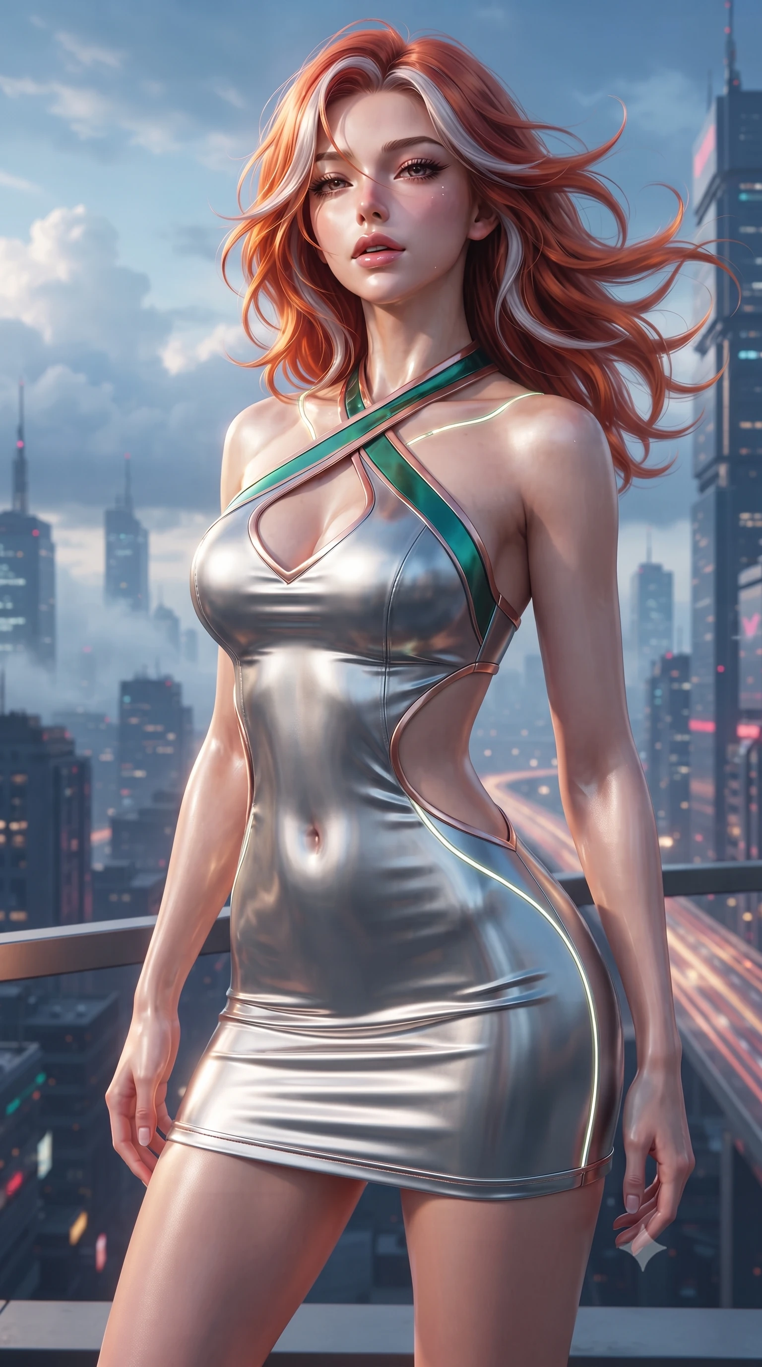 score_9, masterpiece, best quality, ultra-detailed, high-budget anime keyframe, editorial fashion photography, tasteful artistic composition, Caucasian woman. close-up cowboy shot from the waist and thighs up, the character dominates the composition, filling the frame with her large presence. casting a slow, smoldering gaze beneath heavy lashes with parted glossy lips, her head slightly tilted in captivating self-assurance while twisting her upper body dramatically at the building edge as high-altitude winds whip her hair and outfit. The surrounding environment is rendered in vivid detail and crisp panoramic clarity. intricate cyberpunk skyscraper architecture, atmospheric clouds, and highway light trails in crisp clarity. She has an exceptionally elegant, slender, and willowy female figure with an ultra-slim waist, a gracefully sculpted slender torso, and a refined silhouette. sharp v-shaped jawline, high-bridge nose, intricate jewel-like eyes with depth, thick eyelashes, glossy lips with a natural sheen, flawlessly proportioned anatomical accuracy, natural body alignment, perfectly sculpted elegant limbs, clean dynamic posture without body distortion. wearing a molten silver liquid-metal mini dress featuring deep side-waist cutouts and a daring crossover halter neckline in emerald green and metallic rose gold trim, crafted from ultra-reflective second-skin latex with a glass-like polish, accented with glowing fiber-optic seams tracing her collarbones and hip curves, the liquid-tight fabric adhering flawlessly to her sculpted torso and slender silhouette. surrounded by a dizzying, windswept, and exhilarating high-altitude sensual aura. ultra-reflective glossy finish, specular highlights, metallic sheen, high-contrast stereoscopic depth, volumetric dynamic lighting, 2k, ultra detail, master piece, 9:16 ratio