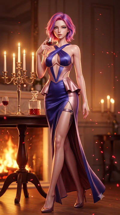 score_9, masterpiece, best quality, ultra-detailed, high-budget anime keyframe, semi-realistic 3D game render, editorial fashion photography, tasteful artistic composition, Caucasian woman. low angle full-body shot from head to toe showing her feet, 
