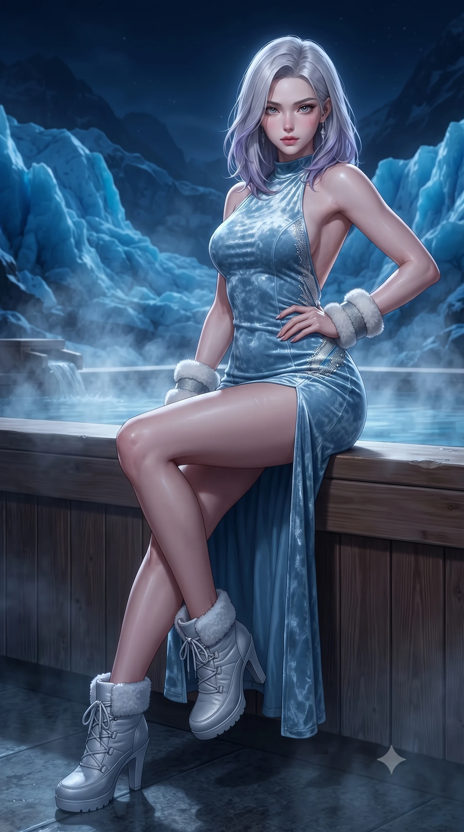 score_9, masterpiece, best quality, ultra-detailed, high-budget anime keyframe, editorial fashion photography, tasteful artistic composition, Caucasian woman. low angle full-body shot from head to toe showing her feet, filling the entire 9:16 vertical frame with her statuesque presence, stretching her vertical silhouette. sitting poised on the elevated edge with legs crossed and extended, her tall 8.5-heads proportions dominating the scene with effortless poise while sitting on the cedar edge of a steaming outdoor onsen overlooking blue midnight glaciers, one hand resting on her bare hip. The surrounding environment is rendered in vivid detail and crisp panoramic clarity. atmospheric nocturnal thermal chiaroscuro and private mountain hot-spring luxury in precision. She has an absolutely perfect, statuesque 8.5-heads proportion, an exceptionally tall and slender model-like female figure with impossibly long slender legs, a toned flat midriff, and an ultra-slim waist. sharp v-shaped jawline, high-bridge nose, intricate jewel-like eyes with depth, thick eyelashes, glossy parted lips with a natural sheen, intensely captivating and seductive expression, flawlessly proportioned anatomical accuracy, strict slender model proportions, natural body alignment, perfectly sculpted long slender limbs, ultra-slim waistline, clean dynamic posture without body distortion. wearing an ice-blue crushed velvet evening dress with a high side slit and dramatic bare back in ice crystal blue and brushed platinum, made of seamless compression knit with anatomical curves sculpting, complemented by plush shearling wrist warmers and stiletto snow boots, the liquid-tight tailored fabric emphasizing every curve of her tall, slender model proportions and sculptured silhouette during dynamic movement. surrounded by an intimate, tranquil, and deeply sensual mountain onsen muse aura. ultra-reflective glossy finish, specular highlights, rich textural contrasts, high-contrast stereoscopic depth, volumetric dynamic lighting, 2k, ultra detail, master piece, 9:16 ratio