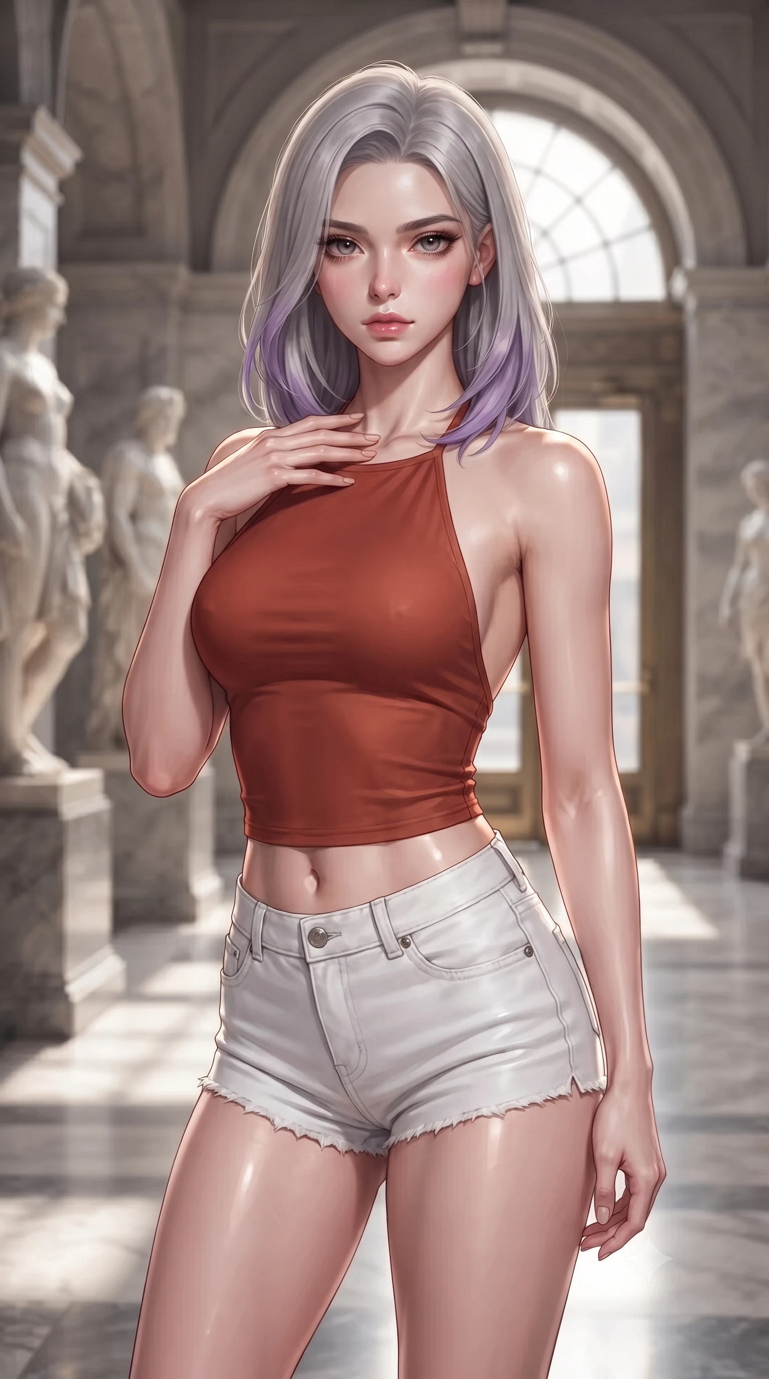 score_9, masterpiece, best quality, ultra-detailed, high-budget anime keyframe, editorial fashion photography, tasteful artistic composition, Caucasian woman. close-up cowboy shot from the waist and thighs up, the character dominates the composition, filling the frame with her large presence, background elements kept in soft focus. standing with one hand resting on her collarbone, looking at the viewer with bedroom-eyes the background shows a soft-focus the entrance lobby of a historic theater with marble statues and archways. She has an exceptionally elegant, slender, and willowy female figure with an ultra-slim waist, a gracefully sculpted slender torso, and a refined silhouette. sharp v-shaped jawline, high-bridge nose, intricate jewel-like eyes with depth, thick eyelashes, glossy lips with a natural sheen. wearing a slim-fit backless halter top in terracotta red, paired with white denim micro-shorts. crisp morning sunlight filtering through high glass doors, casting elegant shadows. ultra-reflective glossy finish, specular highlights, metallic sheen, high-contrast stereoscopic depth, volumetric dynamic lighting, 2k, ultra detail, master piece, 9:16 ratio