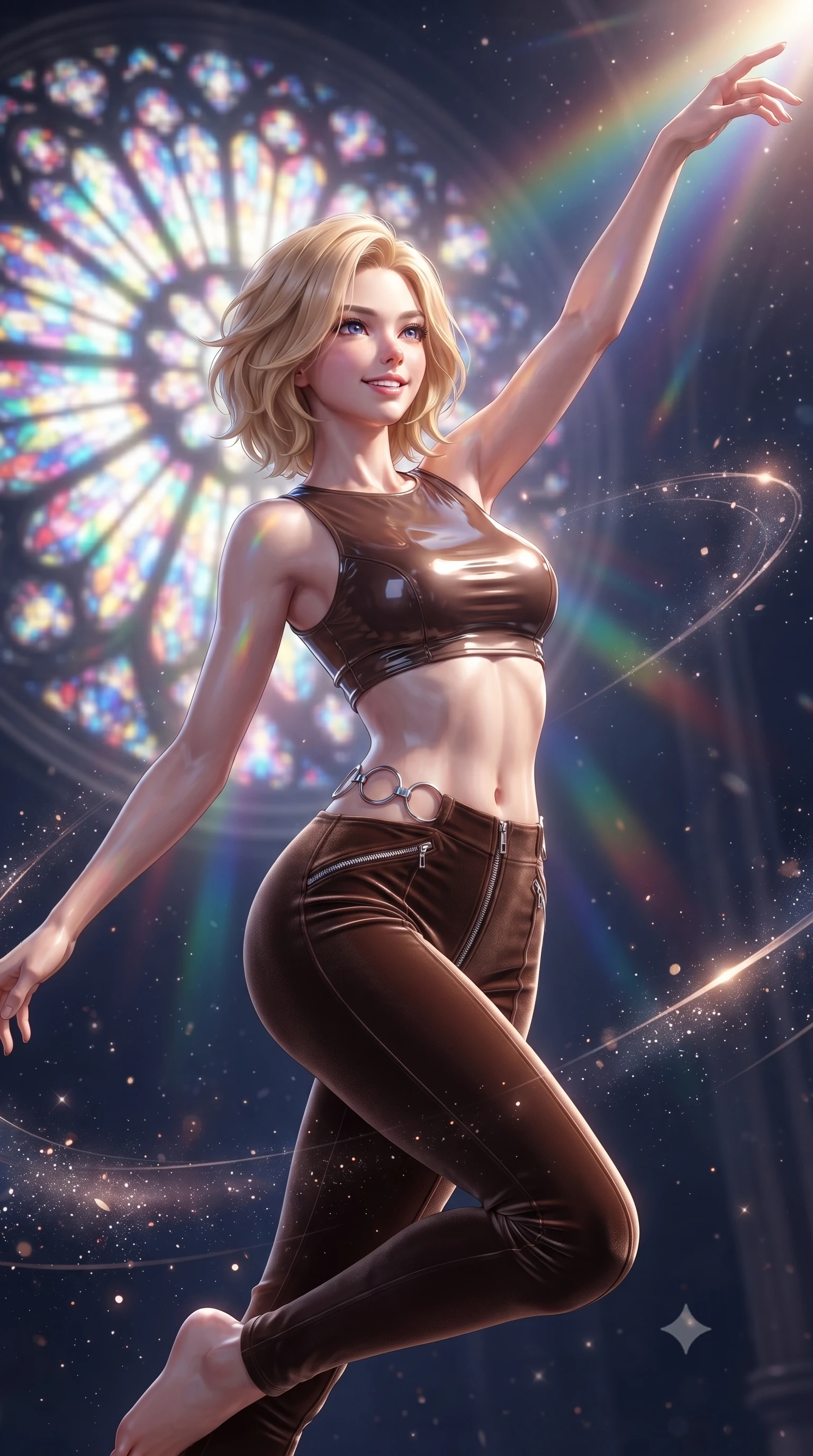 score_9, masterpiece, best quality, ultra-detailed, high-budget anime keyframe, editorial fashion photography, tasteful artistic composition, Caucasian woman. close-up cowboy shot from the waist and thighs up, the character dominates the composition, filling the frame with her large presence, background elements kept in soft focus. Extending one arm in an elegant stretch toward the light while smiling with magnetic self-assurance while performing a mid-air rotation in front of a giant stained glass rose window in space, floating starlight dust drifting around her in dynamic orbital paths. She has an exceptionally elegant, slender, and willowy female figure with an ultra-slim waist, a gracefully sculpted slender torso, and a refined silhouette. sharp v-shaped jawline, high-bridge nose, intricate jewel-like eyes with depth, thick eyelashes, glossy lips with a natural sheen, flawlessly proportioned anatomical accuracy, natural body alignment, perfectly sculpted elegant limbs, clean dynamic posture without body distortion. wearing a glossy vinyl crop top and high-waist tailored leggings with sleek zippers in espresso brown and warm cream, made of premium stretch velvet with a rich sheen, accented with delicate chrome ring hardware framing her waist, the form-contouring material highlighting her ultra-slim waist and long lines. illuminated by cascading rainbow prismatic light refracting through stained glass. ultra-reflective glossy finish, specular highlights, metallic sheen, high-contrast stereoscopic depth, volumetric dynamic lighting, 2k, ultra detail, master piece, 9:16 ratio