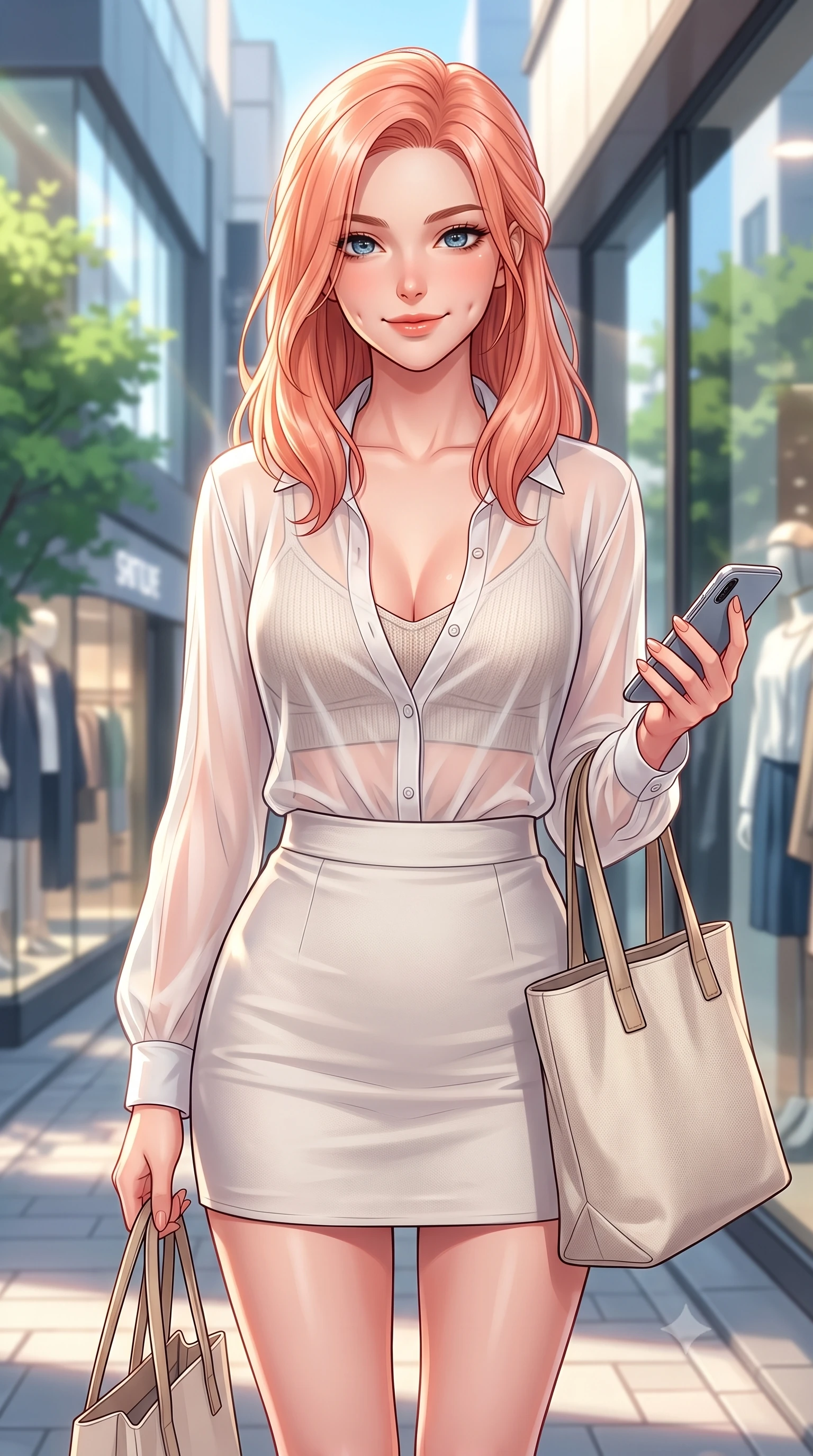 score_9, masterpiece, best quality, ultra-detailed, high-budget anime keyframe, editorial fashion photography, tasteful artistic composition, Japanese woman. close-up cowboy shot from the waist and thighs up, the character dominates the composition, filling the frame with her large presence, background elements kept in soft focus. smiling with soft, captivating dimples, casting a warm yet magnetic gaze directly into the lens set against a soft-focus background of on a trendy shopping street lined with modern boutique shops and green trees carrying a chic canvas tote bag and a smart phone in her hand. She has an exceptionally elegant, slender, and willowy female figure with an ultra-slim waist, a gracefully sculpted slender torso, and a refined silhouette. sharp v-shaped jawline, high-bridge nose, intricate jewel-like eyes with depth, thick eyelashes, glossy lips with a natural sheen. wearing tailored sheer chiffon button-up shirt in white, worn over a slim-fit knit bralette and a mini skirt. bright afternoon sunbeams creating sharp reflections on the glass shop windows. highly saturated vibrant anime colors, detailed shading with soft gradients, rich glossy textures, high-contrast stereoscopic depth, volumetric dynamic lighting, master piece, 9:16 ratio