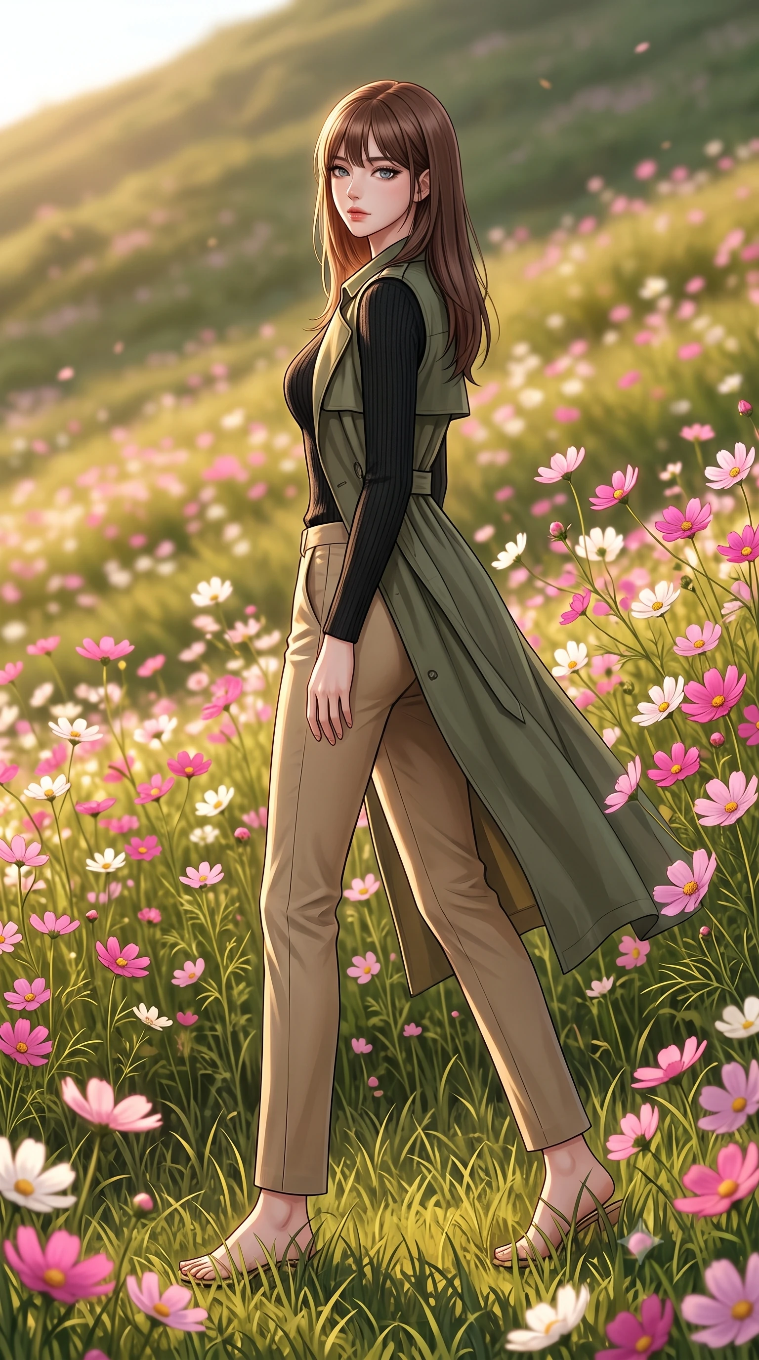 score_9, masterpiece, best quality, ultra-detailed, high-budget anime keyframe, editorial fashion photography, tasteful artistic composition, Korean woman woman. low angle full-body shot from head to toe showing her feet, filling the entire 9:16 vertical frame with her statuesque presence, stretching her vertical silhouette. stepping gracefully while looking back over her shoulder, her dress draped tightly to reveal her silhouette the background shows a soft-focus a grassy hill covered in pink and white cosmos flowers swaying in the wind. She has an absolutely perfect, statuesque 8.5-heads proportion, an exceptionally tall and slender model-like female figure with impossibly long slender legs and an ultra-slim waist. sharp v-shaped jawline, high-bridge nose, intricate jewel-like eyes with depth, thick eyelashes, glossy lips with a natural sheen. wearing a slim-fit lightweight utility trench vest in olive green over a black knit top and khaki chino trousers. warm late afternoon sun rays coloring the cosmos petals in vibrant tones. 2k, ultra detail, master piece, 9:16 ratio