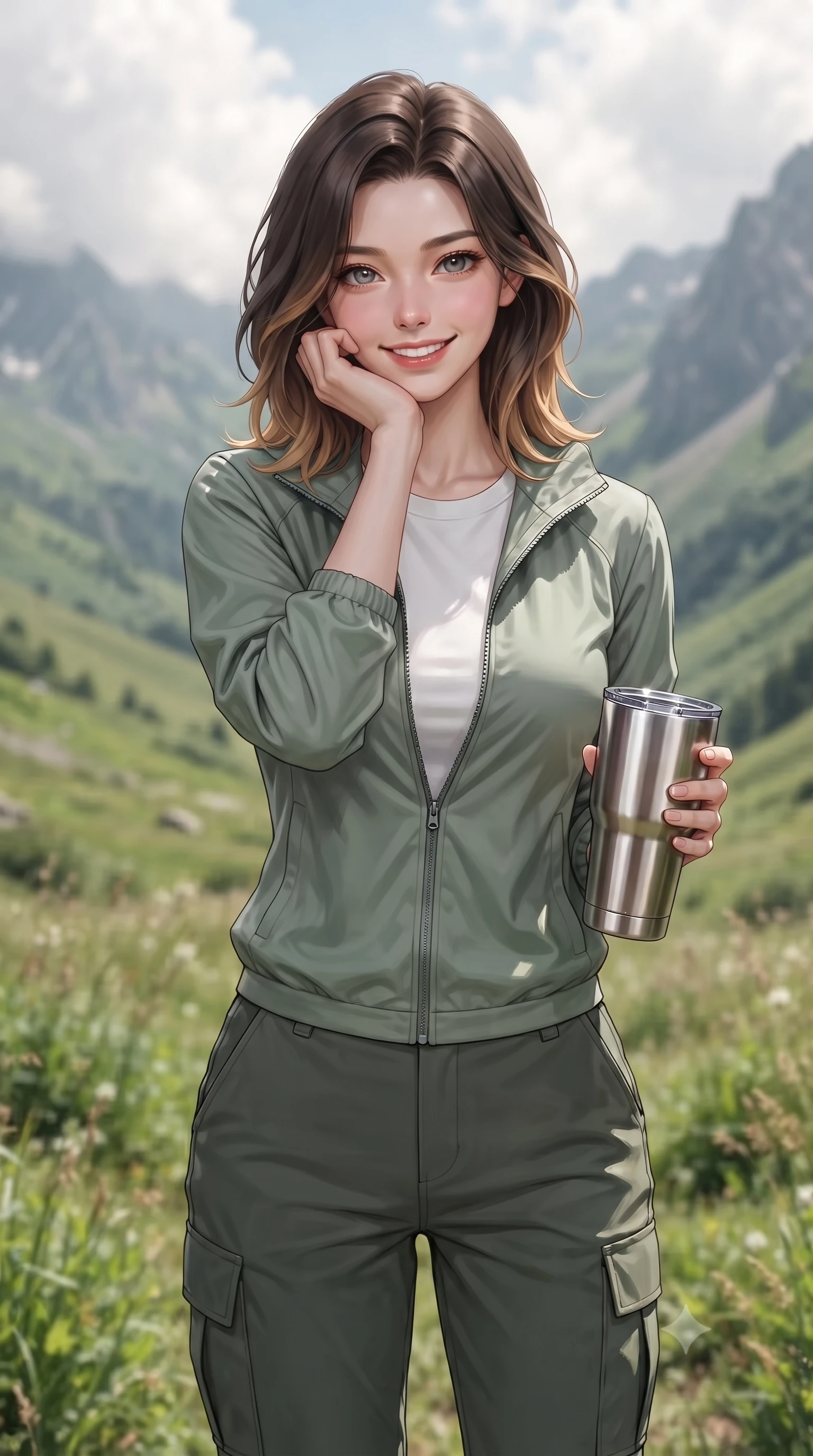 score_9, masterpiece, best quality, ultra-detailed, high-budget anime keyframe, editorial fashion photography, tasteful artistic composition, Korean woman. close-up cowboy shot from the waist and thighs up, the character dominates the composition, filling the frame with her large presence, background elements kept in soft focus. smiling cutely while resting her chin on her hand, looking directly into the lens set against a soft-focus background of on a green slope of a highland mountain covered in wild mountain grass holding a travel tumbler with a bright, active grin. She has an exceptionally elegant, slender, and willowy female figure with an ultra-slim waist, a gracefully sculpted slender torso, and a refined silhouette. sharp v-shaped jawline, high-bridge nose, intricate jewel-like eyes with depth, thick eyelashes, glossy lips with a natural sheen. wearing body-hugging casual athletic windbreaker in sage green, paired with a simple tee and cargo pants. soft afternoon sunbeams filtering through passing white mountain clouds. ultra-reflective glossy finish, specular highlights, metallic sheen, high-contrast stereoscopic depth, volumetric dynamic lighting, 2k, ultra detail, master piece, 9:16 ratio